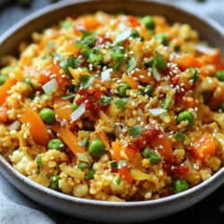 - 1 medium head of cauliflower, riced - 1 cup mixed vegetables (carrots, peas, bell peppers) - 1 small onion, finely chopped - 2-3 cloves garlic, minced - 1 inch ginger, minced - 2-3 tablespoons Schezwan sauce - 2 tablespoons soy sauce (low-sodium) - 2 tablespoons vegetable oil - Salt and pepper to taste - 2 green onions, chopped (for garnish) - Sesame seeds (for garnish) Gather these ingredients before you start cooking. The riced cauliflower serves as a great base. I love using mixed vegetables for color and crunch. The onion, garlic, and ginger add a nice flavor boost. Schezwan sauce brings in that spicy kick, while soy sauce adds depth. Don't forget to salt and pepper to taste; it makes a big difference. Finally, the green onions and sesame seeds make for a lovely garnish. - Other vegetables to consider: broccoli, corn, or zucchini - Alternate sauces for flavor: chili paste or teriyaki sauce Feel free to mix in other veggies you enjoy. If you want to switch things up, try different sauces. Each option adds a unique twist to the dish. - Ricing the cauliflower Start with a medium head of cauliflower. Cut it into small florets. Use a food processor to pulse the florets until they look like rice. This will take just a few seconds. Make sure not to over-process, or it will become mushy. Set the riced cauliflower aside for later. - Preparing the vegetables Chop one small onion finely. Mince two to three cloves of garlic and a one-inch piece of ginger. Gather one cup of mixed vegetables, like carrots, peas, and bell peppers. These will add color and crunch to your dish. - Heating the oil and sautéing onions In a large non-stick skillet or wok, heat two tablespoons of vegetable oil over medium-high heat. Once the oil is hot, add the chopped onion. Sauté the onion for about 2-3 minutes until it turns translucent. This step is key for building flavor. - Combining ingredients in the skillet Stir in the minced garlic and ginger. Cook for one more minute until you can smell the aroma. Next, add your mixed vegetables to the skillet. Cook them for 5-7 minutes until they are crisp-tender. Finally, add the riced cauliflower. Stir-fry for another 5 minutes, so everything cooks evenly. - Stir-frying and seasoning Drizzle in 2-3 tablespoons of Schezwan sauce, followed by two tablespoons of low-sodium soy sauce. This will give the dish a spicy kick. Stir well to coat the cauliflower and vegetables. Cook for an additional 2-3 minutes. Taste and season with salt and pepper as needed. - Garnishing with green onions and sesame seeds Once done, remove the skillet from the heat. Sprinkle chopped green onions and sesame seeds on top for extra flavor and texture. For the complete cooking journey, check out the Full Recipe. To get the best texture for your fried rice, use a food processor to rice the cauliflower. Cut it into small florets first. Pulse until it looks like rice grains. This helps keep the cauliflower from getting mushy. You want each grain to stay firm and distinct. To prevent mushiness, add the riced cauliflower last. Stir-fry it quickly with other ingredients. Keep the heat high to help it dry out. If you overcook it, it can turn soggy. Aim for a crisp-tender texture that still has bite. Schezwan sauce packs a punch. You can easily adjust the spice level. Start with 2 tablespoons in your dish. If you like more heat, add another half tablespoon. Taste as you go and find your sweet spot. If you want extra heat, try adding chili flakes. Sprinkle them in while cooking. This lets you control the spice to match your taste. To serve, use a large dish or individual bowls. This adds a nice touch. Garnish with green onions and sesame seeds for extra color and crunch. You can also offer extra Schezwan sauce on the side for dipping. Pair your fried rice with simple sides. Steamed dumplings or a fresh salad work well. They complement the bold flavors of the rice. Enjoy your meal with friends or family for a fun, shared experience. For the full recipe, check out the complete instructions above. {{image_2}} If you want a vegetarian dish, add tofu or tempeh for protein. Both options soak up flavors well. For a vegan twist, simply skip any dairy. Use vegetable broth instead of chicken broth for added depth. If you need a gluten-free option, swap soy sauce with tamari or coconut aminos. Both give a similar taste without gluten. Always check labels to avoid hidden gluten in sauces. For a fun twist, add spices like cumin or curry powder. These spices can make your dish pop with new flavors. You can also stir in ingredients like bell peppers or peas from different cuisines. This adds variety and excitement to your meal. For more details, you can refer to the [Full Recipe]. To keep your Schezwan Cauliflower Fried Rice fresh, use airtight containers. Glass or plastic containers work well. Make sure the rice is cool before sealing the container. This helps prevent moisture buildup. When reheating, avoid the microwave if possible. Instead, use a skillet over medium heat. This method keeps the texture nice and prevents sogginess. Heat until it’s steaming hot, around 5-7 minutes. You can freeze this dish for longer storage. Place it in a freezer-safe container. Make sure to leave some space, as it can expand. To thaw, move it to the fridge overnight. For quick thawing, use the microwave on a defrost setting. Schezwan sauce has a bold flavor. It includes: - Red chili peppers - Garlic - Ginger - Soy sauce - Vinegar - Sugar These ingredients create a spicy, tangy, and sweet mix. This sauce makes your dish exciting and full of flavor. The heat from the chilies pairs well with the freshness of garlic and ginger. You can adjust the spice level by adding more or less sauce. Yes, you can prepare this dish ahead of time. Here are some tips: - Cook the riced cauliflower and vegetables, then store them separately. - Mix the ingredients before serving to keep them fresh. - Reheat in a skillet over medium heat. Add a splash of water to prevent sticking. This makes it easy for busy days. You can have a delicious meal ready in minutes. You can make this dish your own by trying these ideas: - Add protein, like tofu or shrimp, for extra heartiness. - Toss in your favorite veggies, like broccoli or snap peas. - Experiment with different sauces, like teriyaki or chili garlic sauce. Personalizing your fried rice makes each meal unique. Enjoy making it just how you like! For the full recipe, check out the instructions above. This blog post covered how to make delicious Schezwan Cauliflower Fried Rice. We explored key ingredients, preparation steps, and cooking techniques. You learned tips for perfect texture and spice adjustments, along with serving ideas and variations. Experiment with flavors and make this dish your own. Whether you keep it classic or add a twist, enjoy the process. This recipe is easy to follow and a great way to get creative in the kitchen. Happy cooking!