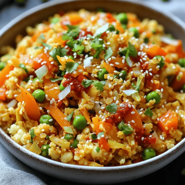 - 1 medium head of cauliflower, riced - 1 cup mixed vegetables (carrots, peas, bell peppers) - 1 small onion, finely chopped - 2-3 cloves garlic, minced - 1 inch ginger, minced - 2-3 tablespoons Schezwan sauce - 2 tablespoons soy sauce (low-sodium) - 2 tablespoons vegetable oil - Salt and pepper to taste - 2 green onions, chopped (for garnish) - Sesame seeds (for garnish) Gather these ingredients before you start cooking. The riced cauliflower serves as a great base. I love using mixed vegetables for color and crunch. The onion, garlic, and ginger add a nice flavor boost. Schezwan sauce brings in that spicy kick, while soy sauce adds depth. Don't forget to salt and pepper to taste; it makes a big difference. Finally, the green onions and sesame seeds make for a lovely garnish. - Other vegetables to consider: broccoli, corn, or zucchini - Alternate sauces for flavor: chili paste or teriyaki sauce Feel free to mix in other veggies you enjoy. If you want to switch things up, try different sauces. Each option adds a unique twist to the dish. - Ricing the cauliflower Start with a medium head of cauliflower. Cut it into small florets. Use a food processor to pulse the florets until they look like rice. This will take just a few seconds. Make sure not to over-process, or it will become mushy. Set the riced cauliflower aside for later. - Preparing the vegetables Chop one small onion finely. Mince two to three cloves of garlic and a one-inch piece of ginger. Gather one cup of mixed vegetables, like carrots, peas, and bell peppers. These will add color and crunch to your dish. - Heating the oil and sautéing onions In a large non-stick skillet or wok, heat two tablespoons of vegetable oil over medium-high heat. Once the oil is hot, add the chopped onion. Sauté the onion for about 2-3 minutes until it turns translucent. This step is key for building flavor. - Combining ingredients in the skillet Stir in the minced garlic and ginger. Cook for one more minute until you can smell the aroma. Next, add your mixed vegetables to the skillet. Cook them for 5-7 minutes until they are crisp-tender. Finally, add the riced cauliflower. Stir-fry for another 5 minutes, so everything cooks evenly. - Stir-frying and seasoning Drizzle in 2-3 tablespoons of Schezwan sauce, followed by two tablespoons of low-sodium soy sauce. This will give the dish a spicy kick. Stir well to coat the cauliflower and vegetables. Cook for an additional 2-3 minutes. Taste and season with salt and pepper as needed. - Garnishing with green onions and sesame seeds Once done, remove the skillet from the heat. Sprinkle chopped green onions and sesame seeds on top for extra flavor and texture. For the complete cooking journey, check out the Full Recipe. To get the best texture for your fried rice, use a food processor to rice the cauliflower. Cut it into small florets first. Pulse until it looks like rice grains. This helps keep the cauliflower from getting mushy. You want each grain to stay firm and distinct. To prevent mushiness, add the riced cauliflower last. Stir-fry it quickly with other ingredients. Keep the heat high to help it dry out. If you overcook it, it can turn soggy. Aim for a crisp-tender texture that still has bite. Schezwan sauce packs a punch. You can easily adjust the spice level. Start with 2 tablespoons in your dish. If you like more heat, add another half tablespoon. Taste as you go and find your sweet spot. If you want extra heat, try adding chili flakes. Sprinkle them in while cooking. This lets you control the spice to match your taste. To serve, use a large dish or individual bowls. This adds a nice touch. Garnish with green onions and sesame seeds for extra color and crunch. You can also offer extra Schezwan sauce on the side for dipping. Pair your fried rice with simple sides. Steamed dumplings or a fresh salad work well. They complement the bold flavors of the rice. Enjoy your meal with friends or family for a fun, shared experience. For the full recipe, check out the complete instructions above. {{image_2}} If you want a vegetarian dish, add tofu or tempeh for protein. Both options soak up flavors well. For a vegan twist, simply skip any dairy. Use vegetable broth instead of chicken broth for added depth. If you need a gluten-free option, swap soy sauce with tamari or coconut aminos. Both give a similar taste without gluten. Always check labels to avoid hidden gluten in sauces. For a fun twist, add spices like cumin or curry powder. These spices can make your dish pop with new flavors. You can also stir in ingredients like bell peppers or peas from different cuisines. This adds variety and excitement to your meal. For more details, you can refer to the [Full Recipe]. To keep your Schezwan Cauliflower Fried Rice fresh, use airtight containers. Glass or plastic containers work well. Make sure the rice is cool before sealing the container. This helps prevent moisture buildup. When reheating, avoid the microwave if possible. Instead, use a skillet over medium heat. This method keeps the texture nice and prevents sogginess. Heat until it’s steaming hot, around 5-7 minutes. You can freeze this dish for longer storage. Place it in a freezer-safe container. Make sure to leave some space, as it can expand. To thaw, move it to the fridge overnight. For quick thawing, use the microwave on a defrost setting. Schezwan sauce has a bold flavor. It includes: - Red chili peppers - Garlic - Ginger - Soy sauce - Vinegar - Sugar These ingredients create a spicy, tangy, and sweet mix. This sauce makes your dish exciting and full of flavor. The heat from the chilies pairs well with the freshness of garlic and ginger. You can adjust the spice level by adding more or less sauce. Yes, you can prepare this dish ahead of time. Here are some tips: - Cook the riced cauliflower and vegetables, then store them separately. - Mix the ingredients before serving to keep them fresh. - Reheat in a skillet over medium heat. Add a splash of water to prevent sticking. This makes it easy for busy days. You can have a delicious meal ready in minutes. You can make this dish your own by trying these ideas: - Add protein, like tofu or shrimp, for extra heartiness. - Toss in your favorite veggies, like broccoli or snap peas. - Experiment with different sauces, like teriyaki or chili garlic sauce. Personalizing your fried rice makes each meal unique. Enjoy making it just how you like! For the full recipe, check out the instructions above. This blog post covered how to make delicious Schezwan Cauliflower Fried Rice. We explored key ingredients, preparation steps, and cooking techniques. You learned tips for perfect texture and spice adjustments, along with serving ideas and variations. Experiment with flavors and make this dish your own. Whether you keep it classic or add a twist, enjoy the process. This recipe is easy to follow and a great way to get creative in the kitchen. Happy cooking!