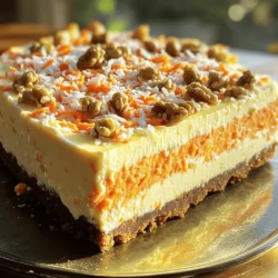 - 1 cup all-purpose flour - 1 teaspoon baking powder - 1 teaspoon baking soda - 1 teaspoon ground cinnamon - 1/2 teaspoon ground nutmeg - 1/4 teaspoon salt - 1/2 cup granulated sugar - 1/2 cup brown sugar, packed - 1/2 cup vegetable oil - 2 large eggs - 1 teaspoon vanilla extract - 1 1/2 cups grated carrots - 1/2 cup chopped walnuts (optional) - 1/2 cup crushed pineapple, drained - 16 oz cream cheese, softened - 1 cup granulated sugar - 3 large eggs - 1 teaspoon vanilla extract - 1 tablespoon lemon juice - 1/2 cup sour cream - 1/4 cup finely chopped walnuts - 1/4 cup shredded coconut The carrot cake layer brings warmth and spice to your dessert. It has a rich flavor from the cinnamon and nutmeg. Fresh grated carrots add moisture and sweetness. You can choose to add chopped walnuts for crunch. The crushed pineapple keeps the cake light and fluffy. The cheesecake layer is creamy and smooth. It includes cream cheese, which gives a rich texture. Adding lemon juice brightens the flavor. The sour cream adds a subtle tang that pairs perfectly with the cake. Finally, the topping of walnuts and coconut makes it look gorgeous. It adds extra texture and a bit of crunch. Get your ingredients ready, and let’s dive into creating this stunning dessert! For the full recipe, check out the detailed instructions. - Preheat the oven to 325°F (160°C). - Grease a 9-inch springform pan and line with parchment paper. - In a bowl, mix flour, baking powder, baking soda, cinnamon, nutmeg, and salt. - In another bowl, whisk sugar, brown sugar, oil, eggs, and vanilla until smooth. - Gradually combine the dry and wet mixtures. - Fold in grated carrots, walnuts, and pineapple until mixed well. - Beat cream cheese in a large bowl until smooth. - Gradually add sugar, mixing until well blended. - Add eggs one at a time, mixing on low speed. - Mix in vanilla, lemon juice, and sour cream until smooth. - Pour the carrot cake batter into the prepared pan and bake for 25-30 minutes. - After cooling, pour the cheesecake layer over the carrot cake and smooth the top. - Bake the cheesecake for 45-50 minutes, or until slightly jiggly. - Turn off the oven and let the cheesecake cool inside for one hour. - Remove from the oven and refrigerate for at least 4 hours or overnight. - Before serving, sprinkle finely chopped walnuts and shredded coconut on top. For the full recipe, refer to the Carrot Cake Cheesecake Delight section. - Use fresh grated carrots for best flavor. - Ensure spices are fresh for maximum aroma. Fresh carrots give your cake a nice sweetness. They also add moisture, making each bite rich. Spices like cinnamon and nutmeg bring warmth and depth. Check the dates on your spice jars. If they are old, replace them for the best taste. - Use room temperature cream cheese for smooth blending. - Don't overmix after adding eggs to prevent cracks. Cream cheese should feel soft and spreadable. This helps it mix well without lumps. When you add eggs, mix just enough. Overmixing can cause cracks in your cheesecake. It’s all about balance for a smooth texture. - Serve with a dollop of whipped cream. - Pair with a fruit topping for added freshness. Whipped cream adds a light touch. It makes the dessert feel special. Fresh fruits like berries or sliced peaches add color and flavor. They also balance the sweetness of the cheesecake. For more ideas, check the Full Recipe for tasty toppings. {{image_2}} If you want a gluten-free carrot cake cheesecake, it’s easy! Just swap all-purpose flour with a gluten-free blend. This keeps the cake moist and tasty. Look for a blend that works for baking. Check the label to ensure it has xanthan gum or another binder. This way, your cake holds together well. Going vegan? You can still enjoy this dessert. Use plant-based cream cheese instead of regular cream cheese. For the eggs, try flax eggs. To make a flax egg, mix one tablespoon of ground flaxseed with two and a half tablespoons of water. Let it sit for about five minutes. This will give you a nice, egg-like texture. Want to spice up your cheesecake? Add chocolate chips or raisins. Both add a nice touch. Chocolate chips give a rich flavor, while raisins add natural sweetness. Mix them into the carrot cake layer or sprinkle on top before baking. These little changes make a big difference in taste! You can find the Full Recipe to try these variations. Store the cheesecake covered in the refrigerator for up to 5 days. Keeping it sealed helps maintain its rich flavor and creamy texture. Use plastic wrap or a cake dome to cover it. This way, it stays fresh and delicious for your next slice. Freeze slices wrapped in plastic for up to 3 months. To do this properly, cut the cheesecake into individual slices. Wrap each slice tightly in plastic wrap, then place them in a freezer-safe bag. This method keeps the cheesecake tasty and prevents freezer burn. Thaw in the refrigerator overnight before serving. This slow thaw helps keep the texture creamy. Never thaw the cheesecake at room temperature, as it can become too soft or soggy. After it’s thawed, enjoy your dessert with fresh toppings for extra flair! Prep time is about 30 minutes. The total time is around 5 hours. This includes baking and chilling time. Yes, you can make it a day in advance. Just store it in the refrigerator. This helps the flavors blend well. You can use mascarpone or a vegan cream cheese. Both will work well in this recipe. Chilling overnight is best for flavor and texture. However, 4 hours is the minimum to let it set. This blog post shared a delightful recipe for Carrot Cake Cheesecake. We discussed all the ingredients, from the spiced carrot layer to the creamy cheesecake layer. I provided easy steps for preparation, baking, and cooling. You learned tips for the best results, including variations for gluten-free and vegan options. Remember, the final topping adds great flavor and texture. Enjoy serving this treat that combines two favorites into one. It’s a crowd-pleaser you can make ahead, ensuring everyone enjoys a slice of happiness.