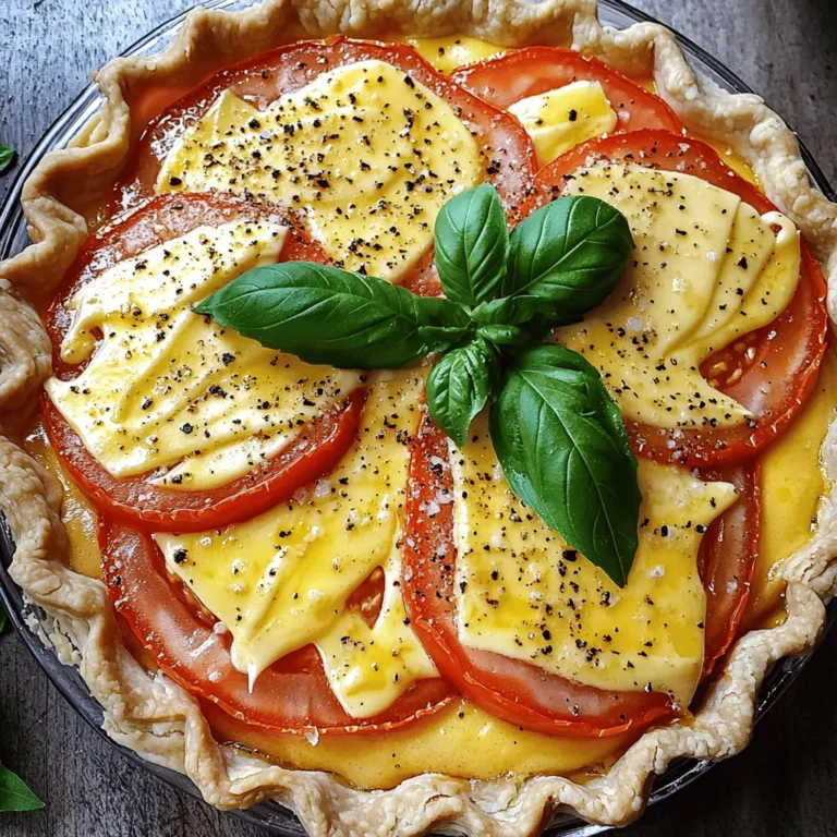 To make Easy Southern Tomato Pie, you need a few key ingredients. Here’s what you will need: - 1 pre-made pie crust - 4 large ripe tomatoes, sliced - 1 teaspoon salt - 1 teaspoon black pepper - 1 cup shredded sharp cheddar cheese - 1 cup mayonnaise - 1 tablespoon Dijon mustard - 1 teaspoon garlic powder - 1/2 teaspoon dried basil - 1/2 teaspoon paprika - Fresh basil leaves, for garnish These ingredients create a rich, savory flavor. The tomatoes give it a fresh taste. The cheese and mayo bring creaminess. You can swap some ingredients if you want to change the flavor or texture. If you don’t have sharp cheddar, use mozzarella or gouda. You can also use Greek yogurt instead of mayonnaise for a lighter version. If you can’t find fresh basil, dried basil works fine, but fresh is best for garnishing. To make your dish even better, consider adding toppings. Crumbled bacon adds a nice crunch and flavor. You can also sprinkle some green onions on top for a fresh bite. For a kick, add a dash of hot sauce before serving. Enjoy experimenting with these options! Start by gathering your ingredients. You will need a pre-made pie crust, ripe tomatoes, and seasonings. 1. Preheat your oven to 375°F (190°C). 2. Slice the tomatoes and place them on a towel. Sprinkle salt over them. 3. Let the tomatoes sit for about 15 minutes. This helps remove excess moisture. 4. While waiting, mix the cheese, mayonnaise, mustard, garlic powder, basil, and paprika in a bowl. Stir until smooth. 5. Pat the tomatoes dry with another towel. Layer half of the slices in the pie crust. 6. Spread half of the cheese mixture over the first layer of tomatoes. Repeat with the rest of the tomatoes and cheese. 1. Use a spatula to spread the cheese mixture evenly over the top. 2. Place the pie in your oven. Bake for 30-35 minutes. 3. The pie is done when it is bubbly and golden brown. 4. Let it cool for about 10 minutes before slicing. This helps it set. 1. Use a sharp knife to cut the pie into wedges. 2. Garnish each slice with fresh basil leaves. 3. Serve warm or at room temperature. Enjoy the rich, savory flavors! You can find the full recipe above to guide you through the process. To make your Southern tomato pie shine, pick ripe tomatoes. Look for firm, smooth skin. A deep red color often means great flavor. Heirloom tomatoes are a wonderful choice. They bring unique tastes and textures. When you slice them, the juice should flow. This is a sign of freshness. Avoid overripe or mealy tomatoes. They can ruin your pie's texture. For a great pie crust, use a pre-made option for ease. However, if you want to make your own, keep it simple. Use cold butter and ice water. This helps create a flaky texture. Roll it out evenly and avoid stretching it. Prick the bottom with a fork to prevent bubbling. Bake it lightly before adding filling. This will keep it crisp. A few mistakes can spoil your tomato pie. First, don’t skip salting the tomatoes. This helps remove excess moisture. Second, don’t rush the cooling time. Let the pie rest for ten minutes after baking. This allows the layers to set properly. Lastly, be careful with seasoning. Taste your cheese mixture before adding more salt or pepper. This helps balance the flavors. For more details, check the Full Recipe. {{image_2}} You can easily make a vegetarian Southern tomato pie. Instead of meat, use more veggies. Try adding zucchini, bell peppers, or spinach. These add color and flavor. You can also swap the cheddar cheese for a vegan option. Nutritional yeast gives a cheesy taste without dairy. This way, everyone can enjoy the dish. If you want protein, bacon is a great choice. Cook the bacon until crispy, then crumble it. Add it between the tomato layers for a smoky flavor. You can also use cooked chicken. Shred the chicken and mix it into the cheese filling. Both options make the pie heartier and even more satisfying. Herbs and spices can change the taste of your tomato pie. Fresh herbs like thyme or rosemary add a fragrant touch. You can also try adding red pepper flakes for some heat. If you like a tangy bite, add a splash of lemon juice. These little tweaks can elevate the dish and make it your own. For more details, check out the Full Recipe. To keep your leftover tomato pie fresh, let it cool first. Once it's cool, cover it with plastic wrap or aluminum foil. You can also place it in an airtight container. Store it in the fridge for up to four days. This way, it stays moist and tasty. When you want to enjoy your tomato pie again, preheat your oven to 350°F (175°C). Place the pie on a baking sheet. Cover it with foil to prevent burning. Heat for about 15 to 20 minutes. This keeps the crust crisp and the filling warm. Avoid the microwave; it makes the crust soggy. If you want to save the pie for longer, freezing works well. First, let the pie cool completely. Wrap the pie tightly in plastic wrap. Then, place it in a freezer-safe bag or container. Label it with the date. It can stay in the freezer for up to three months. To thaw, move it to the fridge overnight before reheating. Enjoy your delicious Southern tomato pie whenever you crave it! For the full recipe, check the details above. Southern Tomato Pie has roots in the South, where tomatoes thrive. This dish started as a way to use fresh, ripe tomatoes. Farmers and home cooks made it to celebrate summer harvests. It reflects Southern culture, with its comforting flavors. Many believe it rose in popularity during the Great Depression. People wanted to make tasty meals with simple ingredients. Over time, it grew from a humble dish to a beloved classic. Yes, you can prepare Southern Tomato Pie ahead of time. You can assemble the pie and chill it for up to a day. This lets the flavors blend well. Just cover it with plastic wrap before refrigerating. When ready, bake it straight from the fridge. You may need to add a few extra minutes to the bake time. Southern Tomato Pie pairs wonderfully with various side dishes. Here are some great options: - Fresh green salad with vinaigrette - Roasted vegetables, like zucchini or bell peppers - Creamy coleslaw for a crunchy contrast - Corn on the cob, especially in summer - Grilled chicken for added protein These sides balance the pie's rich flavors and make your meal complete. For more details, check the Full Recipe to explore more ideas! This blog gave you all you need for a tasty Southern Tomato Pie. We covered key ingredients and helpful tips for making the crust. I shared step-by-step baking instructions and fun variations to try. Storing and reheating the leftover pie is easy, too. Now you have the tools to impress your friends and family. Enjoy your pie, and don't forget to experiment with your favorite toppings!