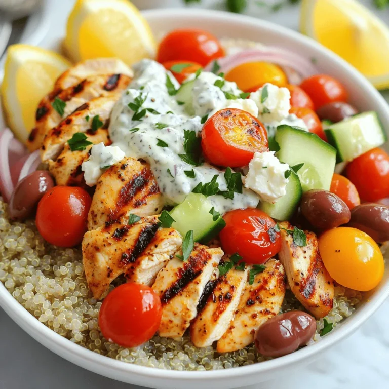 - 2 large chicken breasts - 2 tablespoons olive oil - 1 teaspoon dried oregano - 1 teaspoon garlic powder - 1 teaspoon paprika - Salt and pepper to taste - 1 cup quinoa, rinsed - 2 cups vegetable broth (or water) - 1 cup cherry tomatoes, halved - 1 cucumber, diced - ½ red onion, thinly sliced - 1 cup kalamata olives, pitted - ½ cup crumbled feta cheese - ½ cup tzatziki sauce - Fresh parsley, chopped for garnish You can swap chicken breasts with thighs for more flavor. If you want a vegetarian dish, use chickpeas instead. Quinoa can be replaced with rice or couscous. For a dairy-free option, leave out feta cheese or use a vegan version. Don’t have tzatziki? Try plain yogurt with garlic and cucumber for a quick fix. - Calories: 450 - Protein: 35g - Carbohydrates: 40g - Fat: 20g - Fiber: 5g The Greek Chicken Bowl offers a good balance of protein, carbs, and healthy fats. It’s great for a filling meal. If you want to adjust the calories, control portion sizes or reduce the olive oil. You can find the full recipe to help you create this vibrant dish. First, we need to marinate the chicken. Mix the olive oil, dried oregano, garlic powder, paprika, salt, and pepper in a bowl. This blend adds amazing flavor. Then, add the chicken breasts into the bowl. Make sure each piece is well-coated. Marinate for at least 30 minutes. If you have time, let it sit for up to 2 hours for extra flavor. When ready, preheat your grill or skillet over medium-high heat. Cook the chicken for 6-7 minutes on each side. Check the internal temperature; it should be 165°F (75°C). Once cooked, let the chicken rest for a few minutes before slicing. Next, let's cook the quinoa. Rinse the quinoa in cold water to remove any bitterness. In a medium saucepan, combine the quinoa with vegetable broth or water. Bring the mixture to a boil. After boiling, reduce the heat to low. Cover the pot and let it simmer for about 15 minutes. The quinoa is ready when it is fluffy and the liquid is absorbed. Don't forget to remove it from heat and let it sit for 5 minutes. This helps it become light and fluffy. Now it's time to assemble your Greek Chicken Bowl. Start with a base of quinoa in a vibrant bowl. This will be the foundation of your dish. Next, add the sliced chicken on top. Then, layer in the cherry tomatoes, cucumber, and red onion. Sprinkle the kalamata olives and crumbled feta cheese on top for a salty kick. Drizzle a generous amount of tzatziki sauce over everything. This creamy sauce adds freshness and flavor. Don’t forget to garnish with freshly chopped parsley for a pop of color. For a nice touch, serve with a lemon wedge on the side for extra zing. Enjoy your delicious Greek Chicken Bowls! For the complete recipe, see [Full Recipe]. To make your chicken flavorful, start with a good marinade. I use a mix of olive oil, dried oregano, garlic powder, and paprika. This combination brings out the best taste. Marinate your chicken for at least 30 minutes. For deeper flavor, let it sit for up to two hours. Always season with salt and pepper; it makes a big difference. Both grilling and using a skillet can yield great chicken. Grilling gives a nice smoky flavor and crispy edges. If you use a skillet, you can cook indoors any time. Preheat your grill or skillet to medium-high heat. Cook the chicken for about 6-7 minutes on each side. Always check the internal temperature; it should reach 165°F (75°C). Let the chicken rest for a few minutes before slicing. This helps keep the juices locked in. You can easily make these bowls your own. Add your favorite veggies like bell peppers or radishes. If you want more crunch, toss in some nuts or seeds. For a spicy kick, add some red pepper flakes or hot sauce. You can even swap the chicken for chickpeas or grilled shrimp. This makes it fun and keeps your meals fresh. Try different toppings like avocado or hummus for a twist. Each change adds new flavors and textures. For the full recipe, check out the Mediterranean Bliss Greek Chicken Bowls. {{image_2}} If you want a meat-free option, try using chickpeas or tofu. Both are great at soaking up flavors. For chickpeas, use one can, rinsed and drained. For tofu, press it to remove excess water, then cube it. Marinate either option just like the chicken for tasty results. You’ll still enjoy the fresh veggies and tzatziki sauce. If you're watching carbs, cauliflower rice is a smart choice. Simply pulse cauliflower florets in a food processor until they resemble rice. Sauté it in a pan for a few minutes. This will give you a light, fluffy base for your bowl. Add your grilled chicken or veggie choice on top for a filling meal without the carbs. Enhance your Greek chicken bowls with fresh herbs or spices. Fresh dill or mint adds a lovely twist. You might also try a pinch of cumin for warmth or chili flakes for heat. Lemon zest can brighten up the dish too. Don't be afraid to mix and match until you find the flavor you love! For more ideas, check out the Full Recipe for Mediterranean Bliss Greek Chicken Bowls. To keep your Greek chicken bowls fresh, store leftovers in airtight containers. Place the chicken, veggies, and quinoa in separate containers. This helps maintain their texture and flavor. Make sure to cool everything to room temperature before sealing the containers. Store them in the fridge for up to three days. When you're ready to enjoy leftovers, reheating is key. For best results, microwave the chicken and quinoa separately. Heat them on medium power for about one to two minutes. Check the temperature; it should reach 165°F (75°C). Avoid overheating, as it can dry out the chicken. Add fresh veggies and tzatziki sauce after reheating to keep them crisp. Freezing your Greek chicken bowls is a great way to save time. Pack the chicken, quinoa, and veggies in freezer-safe bags or containers. Squeeze out as much air as possible to prevent freezer burn. You can freeze them for up to three months. To enjoy, thaw overnight in the fridge before reheating. This keeps the flavors fresh and delicious. Feel free to step up your meal prep game with the full recipe to make these bowls even more enjoyable! Yes, you can prepare Greek Chicken Bowls ahead of time. Cook the chicken and quinoa first. Then, let them cool before storing. You can keep them in the fridge for up to three days. This way, you can assemble bowls quickly during the week. Just add fresh veggies and tzatziki sauce right before serving. If you want a different sauce, try Greek yogurt mixed with lemon juice and herbs. You can also use hummus for a creamy texture. A simple yogurt dressing with dill and garlic works well too. Each choice gives a nice twist to the dish. To add heat, sprinkle red pepper flakes over the chicken before cooking. You can also mix some cayenne pepper into the marinade. For an extra kick, add sliced jalapeños to your veggies. These small changes can really enhance the flavor. Greek Chicken Bowls taste great with a side salad or roasted veggies. You can also serve them with pita bread or a light soup. If you want something crunchy, try a side of carrot sticks or cucumber slices. These sides add color and balance to your meal. You can find the full recipe for Greek Chicken Bowls in the earlier sections. This article covered how to create delicious Greek Chicken Bowls. You learned about essential ingredients, their substitutes, and nutritional info. I shared step-by-step instructions for preparation, cooking, and assembly. You discovered tips for flavor and techniques for grilling or pan-frying. Variations include vegetarian and low-carb options. Lastly, I provided storage tips for leftovers and answered common questions. Enjoy making these bowls your own with twists and flavors you love!