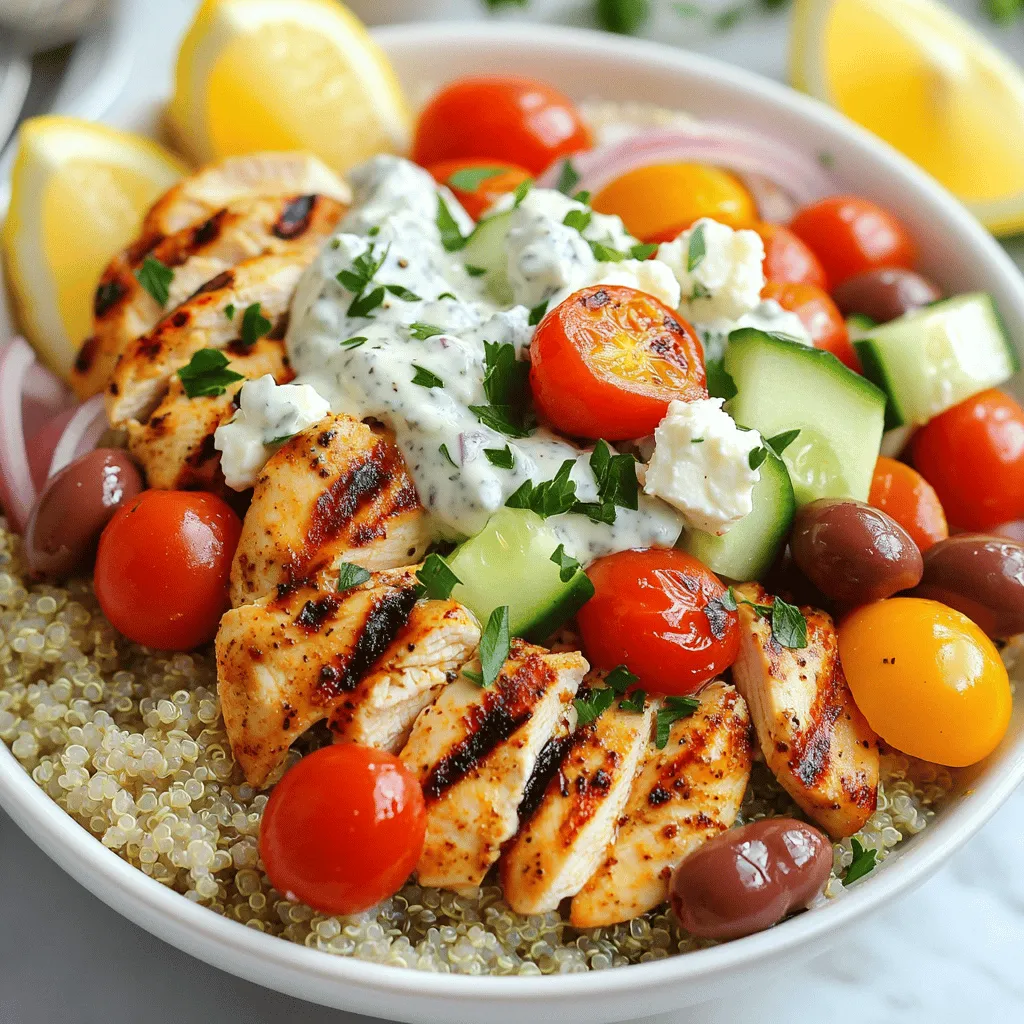 - 2 large chicken breasts - 2 tablespoons olive oil - 1 teaspoon dried oregano - 1 teaspoon garlic powder - 1 teaspoon paprika - Salt and pepper to taste - 1 cup quinoa, rinsed - 2 cups vegetable broth (or water) - 1 cup cherry tomatoes, halved - 1 cucumber, diced - ½ red onion, thinly sliced - 1 cup kalamata olives, pitted - ½ cup crumbled feta cheese - ½ cup tzatziki sauce - Fresh parsley, chopped for garnish You can swap chicken breasts with thighs for more flavor. If you want a vegetarian dish, use chickpeas instead. Quinoa can be replaced with rice or couscous. For a dairy-free option, leave out feta cheese or use a vegan version. Don’t have tzatziki? Try plain yogurt with garlic and cucumber for a quick fix. - Calories: 450 - Protein: 35g - Carbohydrates: 40g - Fat: 20g - Fiber: 5g The Greek Chicken Bowl offers a good balance of protein, carbs, and healthy fats. It’s great for a filling meal. If you want to adjust the calories, control portion sizes or reduce the olive oil. You can find the full recipe to help you create this vibrant dish. First, we need to marinate the chicken. Mix the olive oil, dried oregano, garlic powder, paprika, salt, and pepper in a bowl. This blend adds amazing flavor. Then, add the chicken breasts into the bowl. Make sure each piece is well-coated. Marinate for at least 30 minutes. If you have time, let it sit for up to 2 hours for extra flavor. When ready, preheat your grill or skillet over medium-high heat. Cook the chicken for 6-7 minutes on each side. Check the internal temperature; it should be 165°F (75°C). Once cooked, let the chicken rest for a few minutes before slicing. Next, let's cook the quinoa. Rinse the quinoa in cold water to remove any bitterness. In a medium saucepan, combine the quinoa with vegetable broth or water. Bring the mixture to a boil. After boiling, reduce the heat to low. Cover the pot and let it simmer for about 15 minutes. The quinoa is ready when it is fluffy and the liquid is absorbed. Don't forget to remove it from heat and let it sit for 5 minutes. This helps it become light and fluffy. Now it's time to assemble your Greek Chicken Bowl. Start with a base of quinoa in a vibrant bowl. This will be the foundation of your dish. Next, add the sliced chicken on top. Then, layer in the cherry tomatoes, cucumber, and red onion. Sprinkle the kalamata olives and crumbled feta cheese on top for a salty kick. Drizzle a generous amount of tzatziki sauce over everything. This creamy sauce adds freshness and flavor. Don’t forget to garnish with freshly chopped parsley for a pop of color. For a nice touch, serve with a lemon wedge on the side for extra zing. Enjoy your delicious Greek Chicken Bowls! For the complete recipe, see [Full Recipe]. To make your chicken flavorful, start with a good marinade. I use a mix of olive oil, dried oregano, garlic powder, and paprika. This combination brings out the best taste. Marinate your chicken for at least 30 minutes. For deeper flavor, let it sit for up to two hours. Always season with salt and pepper; it makes a big difference. Both grilling and using a skillet can yield great chicken. Grilling gives a nice smoky flavor and crispy edges. If you use a skillet, you can cook indoors any time. Preheat your grill or skillet to medium-high heat. Cook the chicken for about 6-7 minutes on each side. Always check the internal temperature; it should reach 165°F (75°C). Let the chicken rest for a few minutes before slicing. This helps keep the juices locked in. You can easily make these bowls your own. Add your favorite veggies like bell peppers or radishes. If you want more crunch, toss in some nuts or seeds. For a spicy kick, add some red pepper flakes or hot sauce. You can even swap the chicken for chickpeas or grilled shrimp. This makes it fun and keeps your meals fresh. Try different toppings like avocado or hummus for a twist. Each change adds new flavors and textures. For the full recipe, check out the Mediterranean Bliss Greek Chicken Bowls. {{image_2}} If you want a meat-free option, try using chickpeas or tofu. Both are great at soaking up flavors. For chickpeas, use one can, rinsed and drained. For tofu, press it to remove excess water, then cube it. Marinate either option just like the chicken for tasty results. You’ll still enjoy the fresh veggies and tzatziki sauce. If you're watching carbs, cauliflower rice is a smart choice. Simply pulse cauliflower florets in a food processor until they resemble rice. Sauté it in a pan for a few minutes. This will give you a light, fluffy base for your bowl. Add your grilled chicken or veggie choice on top for a filling meal without the carbs. Enhance your Greek chicken bowls with fresh herbs or spices. Fresh dill or mint adds a lovely twist. You might also try a pinch of cumin for warmth or chili flakes for heat. Lemon zest can brighten up the dish too. Don't be afraid to mix and match until you find the flavor you love! For more ideas, check out the Full Recipe for Mediterranean Bliss Greek Chicken Bowls. To keep your Greek chicken bowls fresh, store leftovers in airtight containers. Place the chicken, veggies, and quinoa in separate containers. This helps maintain their texture and flavor. Make sure to cool everything to room temperature before sealing the containers. Store them in the fridge for up to three days. When you're ready to enjoy leftovers, reheating is key. For best results, microwave the chicken and quinoa separately. Heat them on medium power for about one to two minutes. Check the temperature; it should reach 165°F (75°C). Avoid overheating, as it can dry out the chicken. Add fresh veggies and tzatziki sauce after reheating to keep them crisp. Freezing your Greek chicken bowls is a great way to save time. Pack the chicken, quinoa, and veggies in freezer-safe bags or containers. Squeeze out as much air as possible to prevent freezer burn. You can freeze them for up to three months. To enjoy, thaw overnight in the fridge before reheating. This keeps the flavors fresh and delicious. Feel free to step up your meal prep game with the full recipe to make these bowls even more enjoyable! Yes, you can prepare Greek Chicken Bowls ahead of time. Cook the chicken and quinoa first. Then, let them cool before storing. You can keep them in the fridge for up to three days. This way, you can assemble bowls quickly during the week. Just add fresh veggies and tzatziki sauce right before serving. If you want a different sauce, try Greek yogurt mixed with lemon juice and herbs. You can also use hummus for a creamy texture. A simple yogurt dressing with dill and garlic works well too. Each choice gives a nice twist to the dish. To add heat, sprinkle red pepper flakes over the chicken before cooking. You can also mix some cayenne pepper into the marinade. For an extra kick, add sliced jalapeños to your veggies. These small changes can really enhance the flavor. Greek Chicken Bowls taste great with a side salad or roasted veggies. You can also serve them with pita bread or a light soup. If you want something crunchy, try a side of carrot sticks or cucumber slices. These sides add color and balance to your meal. You can find the full recipe for Greek Chicken Bowls in the earlier sections. This article covered how to create delicious Greek Chicken Bowls. You learned about essential ingredients, their substitutes, and nutritional info. I shared step-by-step instructions for preparation, cooking, and assembly. You discovered tips for flavor and techniques for grilling or pan-frying. Variations include vegetarian and low-carb options. Lastly, I provided storage tips for leftovers and answered common questions. Enjoy making these bowls your own with twists and flavors you love!