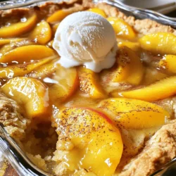 This recipe is simple and fun. You can make it fast and enjoy a warm treat. Here are the ingredients you'll need: - 4 ripe peaches, sliced - 1 cup granulated sugar - 1 teaspoon vanilla extract - 1 teaspoon ground cinnamon - 1 cup all-purpose flour - 1 tablespoon baking powder - 1/2 teaspoon salt - 1 cup milk - 1/2 cup unsalted butter, melted - 1 teaspoon lemon juice - Vanilla ice cream for serving These ingredients mix together to create a sweet and tasty peach cobbler. The peaches bring a juicy flavor, while the sugar and cinnamon add a warm sweetness. Each bite feels like a hug from the inside! Enjoy this recipe with a scoop of ice cream on top. It makes the dish even more delightful. For the full recipe, check the detailed instructions to ensure success. First, gather your ingredients. You need ripe peaches, sugar, vanilla, cinnamon, flour, baking powder, salt, milk, butter, and lemon juice. Start by preheating your oven to 350°F (175°C). Next, slice the peaches and place them in a bowl. Add 1/2 cup of sugar, vanilla extract, cinnamon, and lemon juice. Toss everything well and let it sit for 10 minutes. This helps the peaches become sweeter and juicier. In another bowl, mix the flour, baking powder, salt, and the rest of the sugar. Whisk these dry ingredients together until they are combined. Gradually pour in the milk while stirring. This forms a smooth batter. Finally, stir in the melted butter until everything blends together nicely. Now, grab your greased 9x13 inch baking dish. Pour the batter into the dish evenly. Take the peach mixture and spoon it over the batter. Do not stir! You want the peaches to sit on top. Place the dish in the oven. Bake it for 35-40 minutes. You know it's ready when the top turns golden brown. A toothpick should come out clean when you test it. For the best texture, ensure your peaches are ripe but firm. Overripe peaches can make the cobbler too mushy. Mixing the batter gently prevents excess air, which keeps it from becoming tough. Let the cobbler cool slightly before serving. This helps set the texture. If you want a special touch, serve it warm with vanilla ice cream on top. This adds a creamy contrast to the sweet cobbler. For the complete details, check the Full Recipe. To make a great peach cobbler, start with ripe peaches. Look for peaches that are slightly soft when you press them gently. Their skin should be bright and free of wrinkles. The color should be a warm yellow or golden hue. If they smell sweet, they are likely ready to eat. Avoid peaches with bruises or dark spots. Picking the right peaches will ensure your cobbler tastes fresh and sweet. Peach cobbler shines when you serve it warm. A scoop of vanilla ice cream on top makes it even better. The cold ice cream melts into the warm cobbler, creating a yummy mix. For extra flavor, sprinkle some cinnamon on top. You can also pair it with whipped cream or yogurt. A side of fresh mint adds a nice touch. Serve it at gatherings or for a cozy family dessert. One mistake is using unripe peaches. They will not have the sweet flavor you want. Another mistake is stirring the peach mixture into the batter. This can ruin the texture of your cobbler. Always spoon the peaches on top without mixing. Also, make sure to measure the ingredients accurately. Too much flour can make your cobbler dry. Follow the Full Recipe closely for the best results. {{image_2}} You can make a gluten-free peach cobbler easily. Instead of all-purpose flour, use a gluten-free flour blend. This mix often works well in baking. Check the blend for binding agents like xanthan gum. If it lacks this, add a small amount to help your cobbler hold together. Follow the same steps for mixing and baking. You will enjoy the same great taste without gluten. Peach cobbler is super flexible. You can add other fruits or berries for fun flavors. Try blueberries, blackberries, or raspberries for a twist. Mix them in with the peaches or layer them on top. Apples and pears also work well. Just remember to adjust the sugar based on the sweetness of the fruit. This way, your cobbler stays tasty. The topping can change the whole dish. You can use a biscuit topping or a cake-like batter. A biscuit topping gives a flaky, crunchy feel. For a softer touch, stick with the cake batter from the full recipe. You can also mix it up by combining both. Bake it until golden brown for a perfect finish. Each option brings a unique taste to your cobbler. Store leftover peach cobbler in an airtight container. Place it in the fridge. It stays fresh for about three to four days. Make sure it cools down before sealing the container. This keeps the texture nice and prevents sogginess. To reheat your peach cobbler, preheat your oven to 350°F (175°C). Place the cobbler in a baking dish. Cover it with foil to avoid drying out. Heat for about 15 to 20 minutes. You can also use the microwave. Heat a slice for about 30 seconds, but the oven gives a better texture. You can freeze peach cobbler for longer storage. First, let it cool completely. Cut it into slices for easy serving. Wrap each slice in plastic wrap. Then place them in a freezer-safe bag. It can last for up to three months in the freezer. To enjoy it later, thaw it in the fridge overnight before reheating. Yes, you can use frozen peaches. Just thaw them before use. Drain any excess juice. This keeps your cobbler from becoming too watery. The flavor will still be great. To make this peach cobbler dairy-free, swap milk with almond milk or coconut milk. Use dairy-free butter as a substitute too. This keeps the cobbler rich and tasty without dairy. To ripen peaches fast, place them in a brown paper bag. Add an apple or banana to help speed things up. This traps the natural gases that help ripen the fruit. Check daily until they feel soft to the touch. This blog post covers how to make an easy peach cobbler. You learned about the ingredients, step-by-step instructions, and tips to get it just right. We explored variations to please everyone, and I shared how to store leftovers. Try using fresh or frozen peaches, and don’t be afraid to mix in different fruits. Remember, the right topping can make a big difference. Enjoy your peach cobbler journey, and impress your friends and family with this tasty dessert. Happy baking!