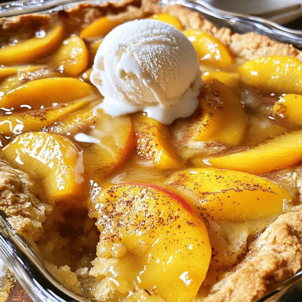 This recipe is simple and fun. You can make it fast and enjoy a warm treat. Here are the ingredients you'll need: - 4 ripe peaches, sliced - 1 cup granulated sugar - 1 teaspoon vanilla extract - 1 teaspoon ground cinnamon - 1 cup all-purpose flour - 1 tablespoon baking powder - 1/2 teaspoon salt - 1 cup milk - 1/2 cup unsalted butter, melted - 1 teaspoon lemon juice - Vanilla ice cream for serving These ingredients mix together to create a sweet and tasty peach cobbler. The peaches bring a juicy flavor, while the sugar and cinnamon add a warm sweetness. Each bite feels like a hug from the inside! Enjoy this recipe with a scoop of ice cream on top. It makes the dish even more delightful. For the full recipe, check the detailed instructions to ensure success. First, gather your ingredients. You need ripe peaches, sugar, vanilla, cinnamon, flour, baking powder, salt, milk, butter, and lemon juice. Start by preheating your oven to 350°F (175°C). Next, slice the peaches and place them in a bowl. Add 1/2 cup of sugar, vanilla extract, cinnamon, and lemon juice. Toss everything well and let it sit for 10 minutes. This helps the peaches become sweeter and juicier. In another bowl, mix the flour, baking powder, salt, and the rest of the sugar. Whisk these dry ingredients together until they are combined. Gradually pour in the milk while stirring. This forms a smooth batter. Finally, stir in the melted butter until everything blends together nicely. Now, grab your greased 9x13 inch baking dish. Pour the batter into the dish evenly. Take the peach mixture and spoon it over the batter. Do not stir! You want the peaches to sit on top. Place the dish in the oven. Bake it for 35-40 minutes. You know it's ready when the top turns golden brown. A toothpick should come out clean when you test it. For the best texture, ensure your peaches are ripe but firm. Overripe peaches can make the cobbler too mushy. Mixing the batter gently prevents excess air, which keeps it from becoming tough. Let the cobbler cool slightly before serving. This helps set the texture. If you want a special touch, serve it warm with vanilla ice cream on top. This adds a creamy contrast to the sweet cobbler. For the complete details, check the Full Recipe. To make a great peach cobbler, start with ripe peaches. Look for peaches that are slightly soft when you press them gently. Their skin should be bright and free of wrinkles. The color should be a warm yellow or golden hue. If they smell sweet, they are likely ready to eat. Avoid peaches with bruises or dark spots. Picking the right peaches will ensure your cobbler tastes fresh and sweet. Peach cobbler shines when you serve it warm. A scoop of vanilla ice cream on top makes it even better. The cold ice cream melts into the warm cobbler, creating a yummy mix. For extra flavor, sprinkle some cinnamon on top. You can also pair it with whipped cream or yogurt. A side of fresh mint adds a nice touch. Serve it at gatherings or for a cozy family dessert. One mistake is using unripe peaches. They will not have the sweet flavor you want. Another mistake is stirring the peach mixture into the batter. This can ruin the texture of your cobbler. Always spoon the peaches on top without mixing. Also, make sure to measure the ingredients accurately. Too much flour can make your cobbler dry. Follow the Full Recipe closely for the best results. {{image_2}} You can make a gluten-free peach cobbler easily. Instead of all-purpose flour, use a gluten-free flour blend. This mix often works well in baking. Check the blend for binding agents like xanthan gum. If it lacks this, add a small amount to help your cobbler hold together. Follow the same steps for mixing and baking. You will enjoy the same great taste without gluten. Peach cobbler is super flexible. You can add other fruits or berries for fun flavors. Try blueberries, blackberries, or raspberries for a twist. Mix them in with the peaches or layer them on top. Apples and pears also work well. Just remember to adjust the sugar based on the sweetness of the fruit. This way, your cobbler stays tasty. The topping can change the whole dish. You can use a biscuit topping or a cake-like batter. A biscuit topping gives a flaky, crunchy feel. For a softer touch, stick with the cake batter from the full recipe. You can also mix it up by combining both. Bake it until golden brown for a perfect finish. Each option brings a unique taste to your cobbler. Store leftover peach cobbler in an airtight container. Place it in the fridge. It stays fresh for about three to four days. Make sure it cools down before sealing the container. This keeps the texture nice and prevents sogginess. To reheat your peach cobbler, preheat your oven to 350°F (175°C). Place the cobbler in a baking dish. Cover it with foil to avoid drying out. Heat for about 15 to 20 minutes. You can also use the microwave. Heat a slice for about 30 seconds, but the oven gives a better texture. You can freeze peach cobbler for longer storage. First, let it cool completely. Cut it into slices for easy serving. Wrap each slice in plastic wrap. Then place them in a freezer-safe bag. It can last for up to three months in the freezer. To enjoy it later, thaw it in the fridge overnight before reheating. Yes, you can use frozen peaches. Just thaw them before use. Drain any excess juice. This keeps your cobbler from becoming too watery. The flavor will still be great. To make this peach cobbler dairy-free, swap milk with almond milk or coconut milk. Use dairy-free butter as a substitute too. This keeps the cobbler rich and tasty without dairy. To ripen peaches fast, place them in a brown paper bag. Add an apple or banana to help speed things up. This traps the natural gases that help ripen the fruit. Check daily until they feel soft to the touch. This blog post covers how to make an easy peach cobbler. You learned about the ingredients, step-by-step instructions, and tips to get it just right. We explored variations to please everyone, and I shared how to store leftovers. Try using fresh or frozen peaches, and don’t be afraid to mix in different fruits. Remember, the right topping can make a big difference. Enjoy your peach cobbler journey, and impress your friends and family with this tasty dessert. Happy baking!