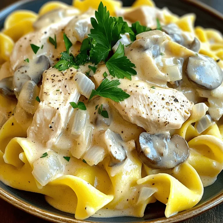 - 500g boneless chicken breast, sliced into thin strips - 2 cups mushrooms, sliced (button or cremini work well) - 1 medium onion, finely chopped - 3 cloves garlic, minced The chicken breast is the star of this dish. It cooks quickly and stays juicy. Mushrooms add a lovely earthiness. Use button or cremini for the best flavor. The onion and garlic bring depth to the sauce, making it rich and satisfying. - 1 tablespoon olive oil - 1 tablespoon butter - 2 cups chicken broth - 1 cup sour cream Olive oil and butter create a perfect base for cooking. The chicken broth adds a savory touch, while sour cream gives the sauce its creamy texture. This combination is key to making the dish delicious. - 1 tablespoon Dijon mustard - 1 teaspoon paprika - Fresh parsley, chopped (for garnish) Dijon mustard adds a slight tang that brightens the dish. Paprika gives it a warm color and a hint of spice. Fresh parsley not only makes it pretty but also adds a fresh flavor. Sprinkle it on right before serving for the best effect. Start by boiling a large pot of salted water. Use about 1 tablespoon of salt for flavor. Once the water boils, add 300g of egg noodles. Cook the noodles according to the package instructions, which is usually around 8-10 minutes. Make sure to stir them occasionally to prevent sticking. When they are al dente, drain the noodles in a colander. Set them aside for later. Next, grab a large skillet and heat 1 tablespoon of olive oil over medium heat. Once the oil is hot, add 500g of sliced chicken breast. Season the chicken with salt and pepper. Cook the chicken for about 5-7 minutes. Look for a golden-brown color to show it's done. After cooking, remove the chicken from the skillet and set it aside. In the same skillet, add 1 tablespoon of butter. Once it melts, add 1 medium chopped onion. Cook for 3-4 minutes until the onion is soft and translucent. Then, add 3 minced garlic cloves and 2 cups of sliced mushrooms. Cook this mixture for 5-6 minutes, stirring often, until the mushrooms are tender. Sprinkle 1 teaspoon of paprika over the vegetables and mix well. Now, pour in 2 cups of chicken broth and bring it to a gentle simmer. Let it cook for about 5 minutes to reduce slightly. After that, return the cooked chicken to the skillet. Stir in 1 cup of sour cream and 1 tablespoon of Dijon mustard. Mix everything well and let it cook for an additional 2-3 minutes. Adjust the seasoning with salt and pepper. Finally, toss the cooked noodles into the creamy chicken sauce until they are well coated. You can also serve the sauce over the noodles on individual plates. Garnish with chopped fresh parsley for a nice touch. Enjoy this easy family dinner delight! For the full recipe, check out the details above. To get the right sauce consistency, you want it creamy but not too thick. Start with the right amount of sour cream. If it seems too runny, let it simmer longer to reduce. If it’s too thick, add a splash of broth. Common mistakes include adding sour cream too early. This can make it curdle. Always add it when the dish is off the heat. Also, don’t skip the Dijon mustard; it adds depth. Spices and herbs can make a big difference. Try adding a pinch of thyme or rosemary for extra flavor. You can also use fresh herbs like parsley or chives for brightness. When it comes to mushrooms, you can use different types. Shiitake or portobello mushrooms bring a rich taste. Mixing them can create a nice variety of flavors. Serve your creamy chicken stroganoff with egg noodles or rice. These sides soak up the sauce well. You can also pair it with a fresh green salad for balance. For a pretty presentation, serve in a shallow bowl. Garnish with chopped parsley for color. A sprinkle of paprika can also make it look nice. For the full recipe, check the link above. Enjoy your cooking! {{image_2}} You can swap chicken for beef if you want a different flavor. Use thinly sliced beef strips. Cook beef for about 3-5 minutes until browned. If you prefer mushrooms, use a mix of portobello and shiitake. This option is great for a meatless meal. Just sauté them until tender, about 5-6 minutes. Adjust the cooking time based on what you choose. For gluten-free options, use gluten-free noodles. These cook just like regular pasta. Check the package for timing. You can also use gluten-free flour to thicken the sauce. If you want to avoid dairy, try cashew cream or coconut cream. They add a rich flavor. Use dairy-free sour cream for a creamy touch without the milk. To add depth, consider white wine. This enhances the sauce nicely. Just add a splash after cooking the onions. Let it simmer for a few minutes. Lemon juice can brighten up the dish too. Squeeze it in right before serving for a fresh taste. Different mustards can change the flavor profile. Try whole grain or spicy brown mustard for a kick. Experiment with these additions to find your favorite combination! To store leftovers, let the creamy chicken stroganoff cool down first. This helps prevent moisture buildup. Place it in an airtight container. It stays fresh for about three to four days in the fridge. For best results, use glass or BPA-free plastic containers. They are safe and keep your food tasty. For warming up, the stovetop works best. Pour the stroganoff into a pan over low heat. Stir often to avoid burning. This keeps the dish creamy. You can also use the microwave. Heat it in short bursts, stirring in between. This helps maintain its texture. To freeze creamy chicken stroganoff, let it cool completely. Then, transfer it to a freezer-safe container. Make sure to leave some space at the top for expansion. It can last up to three months in the freezer. For thawing, move it to the fridge overnight. Reheat it gently as described to keep it creamy and delicious. Creamy Chicken Stroganoff lasts about three to four days in the fridge. To store it properly, use an airtight container. This keeps the dish fresh and tasty. Make sure it cools down before sealing. This step helps avoid condensation, which can make your meal soggy. Yes, you can make Creamy Chicken Stroganoff ahead of time. For best results, prepare the sauce without the noodles. Store the sauce and noodles separately in airtight containers. This method keeps the noodles from getting too soft. When ready to eat, just heat the sauce and toss it with the noodles. You can serve Creamy Chicken Stroganoff with various sides. Some great options are: - Steamed green beans - Roasted broccoli - A fresh garden salad - Garlic bread These sides add color and flavor to your meal. They also balance the creaminess of the stroganoff. Creamy Chicken Stroganoff can be made gluten-free. To do this, choose gluten-free noodles. You can find many types in stores. Make sure to check the labels on all other ingredients too. Most chicken broth and sour cream brands are gluten-free. The best type of noodles for this dish is egg noodles. They soak up the sauce well. However, you can also use: - Fettuccine - Penne - Gluten-free pasta These choices give you a nice texture and flavor. For the complete Creamy Chicken Stroganoff recipe, check out the [Full Recipe]. In this post, we explored how to make creamy chicken stroganoff. We covered key ingredients, cooking steps, and tips for perfecting the dish. I shared storage tips and variations to suit your tastes. You can enjoy this meal in many ways, whether you're cooking for family or friends. Remember to experiment and find what you love most. Your delicious stroganoff awaits!