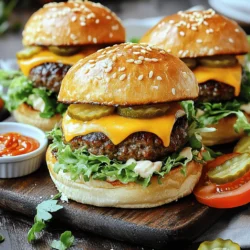- 1 pound ground beef (80/20 blend) - 8 slider buns - 4 slices cheddar cheese, halved - 1 teaspoon garlic powder - 1 teaspoon onion powder - ½ teaspoon smoked paprika - Salt and pepper to taste - ¼ cup mayonnaise - 2 tablespoons sriracha sauce - 1 cup shredded lettuce - 1 large tomato, sliced - Dill pickle slices To make cheeseburger sliders, start with fresh and high-quality ingredients. Ground beef is key. I prefer an 80/20 blend for juicy flavor. You need 1 pound of this beef. Next, grab 8 slider buns. Choose soft ones that can hold the fillings well. For the cheese, use 4 slices of cheddar, cutting each slice in half. This helps melt evenly. Now, let’s talk seasonings and condiments. You'll need 1 teaspoon each of garlic and onion powder. They add great flavor. Use ½ teaspoon of smoked paprika for a nice touch. Don’t forget salt and pepper to taste. For a creamy kick, mix ¼ cup of mayonnaise with 2 tablespoons of sriracha sauce. This spicy sauce adds a lot of fun. Lastly, gather fresh toppings. You want 1 cup of shredded lettuce, 1 large tomato sliced, and some dill pickle slices. These fresh flavors will brighten each bite. This mix of ingredients is easy to find and makes for a tasty meal option. If you want to dive deeper into the steps, check out the Full Recipe. 1. In a large bowl, mix the ground beef with garlic powder, onion powder, smoked paprika, salt, and pepper. 2. Combine until just mixed. Don't overwork it; this keeps the patties tender. 3. Take the mixture and divide it into 8 equal parts. 4. Shape each part into a small, flat patty. Make a small dent in the center. This helps them cook evenly. 1. Heat your grill or skillet over medium-high heat. Add a drizzle of cooking oil. 2. Place the patties on the grill or skillet. Cook for 3-4 minutes until browned. 3. Flip the patties over. Place half a slice of cheddar cheese on each one. 4. Cover the skillet or grill to let the cheese melt for 2-3 minutes. 1. In a small bowl, mix mayonnaise and sriracha sauce for a spicy kick. 2. Toast the slider buns until they are golden brown. 3. Spread the spicy mayo on the bottom half of each bun. 4. Stack the cheeseburger patty on top. Add shredded lettuce, tomato slices, and pickle slices. 5. Top it off with the other half of the bun. Use a toothpick if you want. Enjoy your cheeseburger sliders! For the complete recipe, check out the Full Recipe. What temperature to grill sliders? Grilling sliders at medium-high heat works best. This allows the beef to cook evenly. Aim for around 375°F to 400°F. This temperature gives you a nice crust while keeping the inside juicy. Indentation importance for even cooking. Making a small dent in each patty is key. This helps the patties cook evenly. Without that, they might puff up and not cook right. The dent allows heat to circulate better. Serving ideas for sliders. Serve sliders on a wooden board for a rustic look. You can stack them high or lay them side by side. Pair them with extra pickles and a small bowl of spicy mayo. This adds a fun touch. Using garnishes for an appealing look. Garnishing makes your sliders pop. Sprinkle sesame seeds on the buns. Add fresh herbs like parsley or basil for color. A fresh sprig on top can wow your guests. Overworking the beef. When mixing, be gentle. Overworking the beef can make it tough. You want a tender patty that’s juicy and flavorful. Not letting patties rest. After cooking, let your patties rest for a few minutes. This helps juices redistribute. You’ll end up with a more flavorful and moist slider. {{image_2}} You can change up the cheese to match your taste. Try Swiss, American, or Pepper Jack cheese. Each brings a unique flavor and melty goodness. If you prefer a plant-based option, vegan cheese works well too. It melts nicely and adds creaminess without dairy. Toppings can transform your cheeseburger sliders. Experiment with different sauces like BBQ or ranch. These add a zesty kick. You can also add crispy bacon or onion rings for crunch. These toppings create layers of flavor that make each bite exciting. If you want a low-carb option, use lettuce wraps instead of buns. They keep everything together while adding a fresh crunch. You can also choose different slider buns, like brioche, for a sweet and buttery flavor. Each type of bun can change the whole experience of your sliders. Check out the Full Recipe for more ideas! To keep your cooked sliders fresh, place them in an airtight container. You can store them in the fridge for up to three days. This way, they stay safe to eat and maintain their taste. When ready to enjoy, simply reheat them in the microwave or skillet. If you want to save time, freeze uncooked patties. Shape them as directed in the recipe and place them on a baking sheet. Freeze until solid, then transfer them to a freezer bag. They can last up to three months. When you’re ready to cook, thaw them in the fridge overnight. For reheating sliders, bake them in the oven at 350°F for about 10 minutes. This keeps them warm without drying them out. Prepare your ingredients ahead of time for easy assembly. Chop your veggies and mix your sauce the day before. Store them in separate containers in the fridge. This way, making sliders becomes a quick task. When it’s time to cook, just grab everything and put it together. This method saves you time and keeps the kitchen clean. Cook cheeseburger sliders for about 3-4 minutes on one side. Then, flip them and cook for another 2-3 minutes. This time makes the patties juicy and tasty. The inside should reach 160°F for safe eating. Yes, you can prepare cheeseburger sliders ahead. Make the patties and store them in the fridge. You can also cook them and keep them warm in the oven. Just make sure not to overcook them. Cheeseburger sliders pair great with many sides. Here are some popular options: - French fries - Sweet potato fries - Coleslaw - Potato salad - Onion rings - Pickles These sides add flavor and fun to your meal. For a complete recipe, check out the Full Recipe. This blog post covers everything you need for delicious cheeseburger sliders. We discussed the ingredients, from the beef to the fresh toppings. The step-by-step guide helps you make perfect patties and assemble the sliders. I shared tips to avoid common cooking mistakes and variations to keep things interesting. Remember, sliders can be fun and versatile. Experiment with flavors and enjoy different toppings. Start cooking to impress friends and family with your tasty sliders!