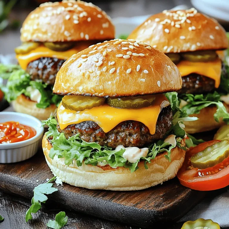 - 1 pound ground beef (80/20 blend) - 8 slider buns - 4 slices cheddar cheese, halved - 1 teaspoon garlic powder - 1 teaspoon onion powder - ½ teaspoon smoked paprika - Salt and pepper to taste - ¼ cup mayonnaise - 2 tablespoons sriracha sauce - 1 cup shredded lettuce - 1 large tomato, sliced - Dill pickle slices To make cheeseburger sliders, start with fresh and high-quality ingredients. Ground beef is key. I prefer an 80/20 blend for juicy flavor. You need 1 pound of this beef. Next, grab 8 slider buns. Choose soft ones that can hold the fillings well. For the cheese, use 4 slices of cheddar, cutting each slice in half. This helps melt evenly. Now, let’s talk seasonings and condiments. You'll need 1 teaspoon each of garlic and onion powder. They add great flavor. Use ½ teaspoon of smoked paprika for a nice touch. Don’t forget salt and pepper to taste. For a creamy kick, mix ¼ cup of mayonnaise with 2 tablespoons of sriracha sauce. This spicy sauce adds a lot of fun. Lastly, gather fresh toppings. You want 1 cup of shredded lettuce, 1 large tomato sliced, and some dill pickle slices. These fresh flavors will brighten each bite. This mix of ingredients is easy to find and makes for a tasty meal option. If you want to dive deeper into the steps, check out the Full Recipe. 1. In a large bowl, mix the ground beef with garlic powder, onion powder, smoked paprika, salt, and pepper. 2. Combine until just mixed. Don't overwork it; this keeps the patties tender. 3. Take the mixture and divide it into 8 equal parts. 4. Shape each part into a small, flat patty. Make a small dent in the center. This helps them cook evenly. 1. Heat your grill or skillet over medium-high heat. Add a drizzle of cooking oil. 2. Place the patties on the grill or skillet. Cook for 3-4 minutes until browned. 3. Flip the patties over. Place half a slice of cheddar cheese on each one. 4. Cover the skillet or grill to let the cheese melt for 2-3 minutes. 1. In a small bowl, mix mayonnaise and sriracha sauce for a spicy kick. 2. Toast the slider buns until they are golden brown. 3. Spread the spicy mayo on the bottom half of each bun. 4. Stack the cheeseburger patty on top. Add shredded lettuce, tomato slices, and pickle slices. 5. Top it off with the other half of the bun. Use a toothpick if you want. Enjoy your cheeseburger sliders! For the complete recipe, check out the Full Recipe. What temperature to grill sliders? Grilling sliders at medium-high heat works best. This allows the beef to cook evenly. Aim for around 375°F to 400°F. This temperature gives you a nice crust while keeping the inside juicy. Indentation importance for even cooking. Making a small dent in each patty is key. This helps the patties cook evenly. Without that, they might puff up and not cook right. The dent allows heat to circulate better. Serving ideas for sliders. Serve sliders on a wooden board for a rustic look. You can stack them high or lay them side by side. Pair them with extra pickles and a small bowl of spicy mayo. This adds a fun touch. Using garnishes for an appealing look. Garnishing makes your sliders pop. Sprinkle sesame seeds on the buns. Add fresh herbs like parsley or basil for color. A fresh sprig on top can wow your guests. Overworking the beef. When mixing, be gentle. Overworking the beef can make it tough. You want a tender patty that’s juicy and flavorful. Not letting patties rest. After cooking, let your patties rest for a few minutes. This helps juices redistribute. You’ll end up with a more flavorful and moist slider. {{image_2}} You can change up the cheese to match your taste. Try Swiss, American, or Pepper Jack cheese. Each brings a unique flavor and melty goodness. If you prefer a plant-based option, vegan cheese works well too. It melts nicely and adds creaminess without dairy. Toppings can transform your cheeseburger sliders. Experiment with different sauces like BBQ or ranch. These add a zesty kick. You can also add crispy bacon or onion rings for crunch. These toppings create layers of flavor that make each bite exciting. If you want a low-carb option, use lettuce wraps instead of buns. They keep everything together while adding a fresh crunch. You can also choose different slider buns, like brioche, for a sweet and buttery flavor. Each type of bun can change the whole experience of your sliders. Check out the Full Recipe for more ideas! To keep your cooked sliders fresh, place them in an airtight container. You can store them in the fridge for up to three days. This way, they stay safe to eat and maintain their taste. When ready to enjoy, simply reheat them in the microwave or skillet. If you want to save time, freeze uncooked patties. Shape them as directed in the recipe and place them on a baking sheet. Freeze until solid, then transfer them to a freezer bag. They can last up to three months. When you’re ready to cook, thaw them in the fridge overnight. For reheating sliders, bake them in the oven at 350°F for about 10 minutes. This keeps them warm without drying them out. Prepare your ingredients ahead of time for easy assembly. Chop your veggies and mix your sauce the day before. Store them in separate containers in the fridge. This way, making sliders becomes a quick task. When it’s time to cook, just grab everything and put it together. This method saves you time and keeps the kitchen clean. Cook cheeseburger sliders for about 3-4 minutes on one side. Then, flip them and cook for another 2-3 minutes. This time makes the patties juicy and tasty. The inside should reach 160°F for safe eating. Yes, you can prepare cheeseburger sliders ahead. Make the patties and store them in the fridge. You can also cook them and keep them warm in the oven. Just make sure not to overcook them. Cheeseburger sliders pair great with many sides. Here are some popular options: - French fries - Sweet potato fries - Coleslaw - Potato salad - Onion rings - Pickles These sides add flavor and fun to your meal. For a complete recipe, check out the Full Recipe. This blog post covers everything you need for delicious cheeseburger sliders. We discussed the ingredients, from the beef to the fresh toppings. The step-by-step guide helps you make perfect patties and assemble the sliders. I shared tips to avoid common cooking mistakes and variations to keep things interesting. Remember, sliders can be fun and versatile. Experiment with flavors and enjoy different toppings. Start cooking to impress friends and family with your tasty sliders!