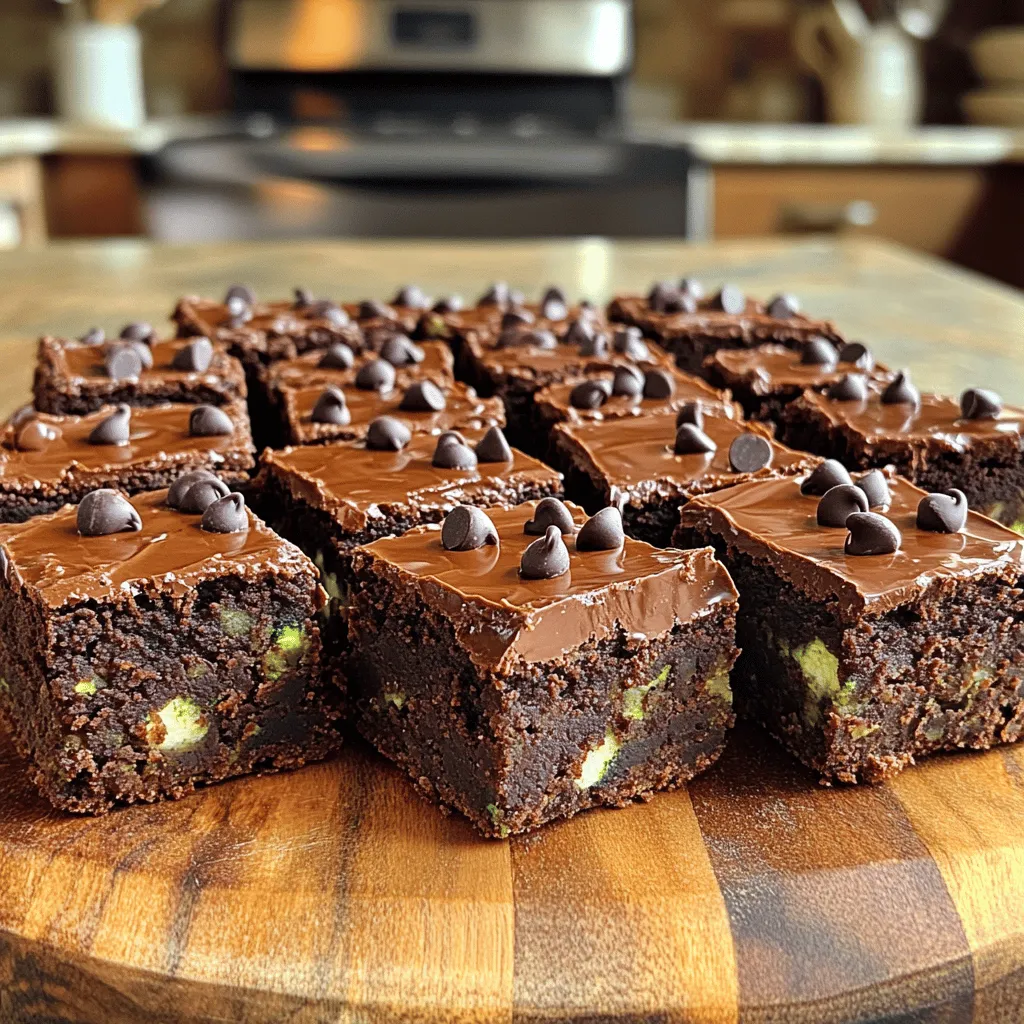 To make rich and fudgy zucchini brownies, gather these main ingredients: - 1 cup shredded zucchini (about 1 medium zucchini) - 1/2 cup unsweetened applesauce - 1/3 cup maple syrup or agave nectar - 1/4 cup vegetable oil (or melted coconut oil) - 1 teaspoon vanilla extract - 1/2 cup all-purpose flour (or gluten-free flour) - 1/4 cup cocoa powder - 1/2 teaspoon baking soda - 1/2 teaspoon baking powder - 1/4 teaspoon salt - 1/2 cup chocolate chips (dark or semi-sweet) These ingredients work together to create a moist and delicious brownie. For customization, you can try adding nuts or different types of chocolate. You might also add a pinch of cinnamon for a warm flavor. For dietary preferences, here are some suggested substitutions: - Use almond flour or oat flour for a gluten-free option. - Swap the applesauce for mashed banana if you want a fruitier taste. - Use honey instead of maple syrup for a different sweet flavor. Feel free to explore these options to make the brownies your own. Check out the Full Recipe for more details. To start, I mix the wet ingredients in a big bowl. I add the shredded zucchini, applesauce, maple syrup, vegetable oil, and vanilla extract. You want to stir well until everything blends smoothly. This step helps the brownies stay moist. Next, I take a separate bowl for the dry ingredients. I whisk together the flour, cocoa powder, baking soda, baking powder, and salt. Mixing these dry items well helps avoid lumps. Now, I slowly add the dry mix to the wet ingredients. I gently stir until just combined. It's important not to overmix. You want the batter to be thick but not dry. If it feels too thick, you can add a tiny splash of water. Finally, I fold in the chocolate chips. This adds a great fudgy texture to the brownies. Once the batter looks good, I pour it into a greased 8x8-inch baking pan. I spread it evenly with a spatula. I preheat my oven to 350°F (175°C). This temperature is key for baking the brownies just right. Once the oven is hot, I bake the brownies for 25-30 minutes. To check if they’re done, I insert a toothpick in the center. If it comes out mostly clean, they are ready. A few moist crumbs are okay. After baking, I let the brownies cool in the pan for at least 15 minutes. This cooling time makes cutting them easier. It also helps them set properly. Once they cool, I cut them into squares and enjoy! You can serve them warm or let them cool completely for a firmer texture. How to measure and prepare zucchini correctly Start by washing the zucchini well. Then, shred it using a grater or a food processor. Use a measuring cup for accuracy. Pack the zucchini lightly when measuring. This helps keep the brownies moist without making them too watery. Tips for making brownies fudgier or cakier For fudgier brownies, add more chocolate chips or slightly reduce the flour. If you prefer cakier brownies, increase the flour by a couple of tablespoons. You can also bake them a little longer, but be careful not to dry them out. Using chocolate chips effectively for flavor enhancement Chocolate chips add a rich taste. Fold them gently into the batter right before baking. This ensures even distribution. You can mix dark and semi-sweet chips for a balanced flavor. For extra richness, sprinkle some on top before baking. Overmixing the batter consequences Mixing too much can make brownies tough. Stir the batter just until combined. A few lumps are okay. This helps keep them soft and chewy. Not greasing the pan vs. using parchment Always grease your pan or use parchment paper. This prevents sticking. Parchment makes it easy to lift out the brownies later. It also helps with even cooking. Misjudging baking time leading to dry brownies Check the brownies a few minutes before the time is up. Insert a toothpick in the center. If it comes out with a few moist crumbs, they are done. Overbaking will lead to dry brownies. Trust your oven, but keep an eye on them! Use these tips to make your zucchini brownies rich and fudgy. For a full recipe, check out the Zucchini Bliss Brownies section. Enjoy every bite! {{image_2}} You can easily customize your zucchini brownies to fit your taste. Here are a few ideas: - Nuts: Add 1/2 cup of chopped walnuts or pecans for a crunchy texture. - Chocolate: Use different types of chocolate chips. Dark, milk, or white chocolate all work well. - Extracts: Try adding 1 teaspoon of almond or mint extract for a flavor twist. - Spices: Mix in 1/2 teaspoon of cinnamon or nutmeg for warmth. These additions enhance the flavor and make each batch unique. If you have dietary needs, you can still enjoy these brownies! - Gluten-Free: Substitute all-purpose flour with almond flour or coconut flour. - Vegan: Replace eggs with flaxseed meal or more applesauce. Use dairy-free chocolate chips. - Low-Sugar: Opt for a sugar substitute like stevia or erythritol to cut down on sugar. These changes allow more people to savor this delicious treat without worry. To keep your zucchini brownies fresh, store them in an airtight container. This method prevents them from drying out. You can keep them at room temperature for up to three days. If you live in a warm area, it's best to refrigerate them. Refrigeration extends freshness to about one week. Freezing brownies is simple and helps preserve their taste. Start by cutting the cooled brownies into squares. Then, wrap each square in plastic wrap. Place the wrapped brownies in a freezer-safe bag or container. They will stay fresh for up to three months in the freezer. When you're ready to enjoy them, take out the brownies. Let them thaw in the fridge overnight for best results. If you want them warm, microwave each piece for about 10-15 seconds. This makes them taste fresh and fudgy again. For the full recipe, check out the Zucchini Bliss Brownies. Can I taste the zucchini in the finished product? No, you won’t taste the zucchini. It adds moisture and richness. The cocoa and chocolate chips take center stage, hiding any veggie flavor. This is a great way to sneak in some veggies! How can I make these brownies healthier? You can swap some ingredients. Use less sugar or try a sugar substitute. You can also add nuts for healthy fats and protein. Using whole wheat flour instead of all-purpose flour boosts fiber. What is the best way to cut brownies for even squares? Use a sharp knife. First, let the brownies cool for at least 15 minutes. For cleaner cuts, dip the knife in hot water and wipe it dry. This method gives you nice, even squares. Can I substitute applesauce with something else? Yes! You can use mashed bananas or yogurt as a substitute. Both add moisture and sweetness. If you want a different flavor, try using pumpkin puree. What type of cocoa powder is best to use? I recommend using unsweetened cocoa powder. It gives a rich chocolate taste without extra sugar. You can use Dutch-processed cocoa for a smoother flavor, too. How to increase the shelf life of homemade brownies? Store them in an airtight container at room temperature. You can also refrigerate them to keep them fresh longer. If you want to freeze them, wrap each brownie in plastic wrap and place them in a freezer bag. This post covered everything needed for zucchini brownies. We discussed ingredients, step-by-step instructions, and useful tips. Customization options let you add flavors or adjust recipes for diet needs. I shared ways to store and freeze brownies for later enjoyment. Remember, avoid common mistakes for the best results. With this guide, you'll create delicious brownies every time. Enjoy the baking journey and savor each bite of your delightful creation. Happy baking!