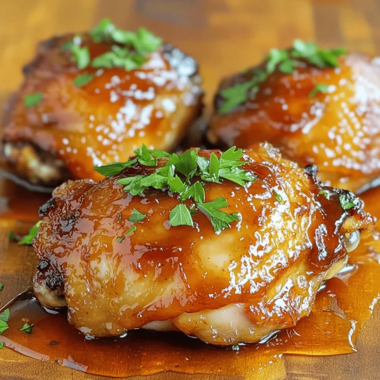 To make Irresistible Honey BBQ Chicken, you will need: - 4 chicken thighs (bone-in, skin-on for extra flavor) - 1/2 cup honey - 1/3 cup ketchup - 1/4 cup apple cider vinegar - 2 tablespoons soy sauce - 1 tablespoon Dijon mustard - 1 teaspoon garlic powder - 1 teaspoon onion powder - 1/2 teaspoon smoked paprika - 1/4 teaspoon black pepper - Salt to taste - Fresh parsley for garnish (optional) For this recipe, gather these kitchen tools: - Medium bowl for mixing - Whisk for combining ingredients - Resealable plastic bag or large bowl for marinating - Baking dish for cooking - Meat thermometer to check doneness - Spoon or brush for basting When choosing chicken, look for these signs of quality: - Freshness: Choose chicken with a pink hue and no foul smell. - Skin: Look for skin that is smooth and not dried out. - Sourcing: Buy from local farms or trusted brands for better taste. - Size: Opt for evenly sized pieces for consistent cooking. Using good chicken makes a big difference in flavor. Enjoy your cooking! To start, grab a medium bowl. In this bowl, whisk together the following: - 1/2 cup honey - 1/3 cup ketchup - 1/4 cup apple cider vinegar - 2 tablespoons soy sauce - 1 tablespoon Dijon mustard - 1 teaspoon garlic powder - 1 teaspoon onion powder - 1/2 teaspoon smoked paprika - 1/4 teaspoon black pepper - Salt to taste Mix until all the ingredients blend into a smooth marinade. This mix adds a sweet and tangy flavor to the chicken. Next, take four chicken thighs and place them in a resealable plastic bag or a large bowl. Pour the marinade over the chicken. Make sure each piece gets well coated. Seal the bag or cover the bowl tightly. Place it in the fridge for at least one hour. For the best taste, marinate overnight. This allows the flavors to soak into the chicken. When you're ready to cook, preheat your oven to 375°F (190°C). Remove the chicken from the marinade but keep the leftover marinade. Place the chicken skin-side up in a baking dish. Bake for 25 minutes. After this time, baste the chicken with the reserved marinade. This adds more flavor and helps keep the chicken moist. Bake for another 15-20 minutes until the chicken reaches 165°F (74°C). For a crispy skin, turn the oven to broil for 3-5 minutes. Watch closely to prevent burning. Once done, let the chicken rest for 5 minutes before serving. You can garnish with fresh parsley for a pop of color. This dish is sure to impress! To get the best taste, mix sweet and tangy well. Honey gives a nice sweetness, while apple cider vinegar adds tang. This combo makes the chicken tasty. You can adjust the honey if you want it sweeter. If you like tang, add a bit more vinegar. Taste your marinade before adding the chicken. Make sure it’s just right for you! Cook your chicken until it reaches 165°F (74°C). This keeps it juicy and safe to eat. Use a meat thermometer for best results. Insert it into the thickest part of the thigh. It should not touch bone. If you don't have one, bake it for about 40-45 minutes in total. This timing works well for chicken thighs. Garnishes make the meal look great and add flavor. Fresh parsley adds a pop of color and taste. You can also use sliced green onions or sesame seeds. These add a nice crunch and freshness. For a kick, add some chopped jalapeños. They bring heat and brightness to the dish. Serve your chicken with a garnish for a restaurant-style look! For full preparation details, check the Full Recipe. {{image_2}} You can spice up your honey BBQ chicken easily. Just add chili powder or cayenne. This will give your dish a nice kick. If you love heat, feel free to add more. I recommend starting with half a teaspoon. Mix this into your marinade. You can also use hot sauce to get that spicy flavor. Just a few drops can transform the taste. This spicy twist is great for those who crave excitement in their meals. You don’t have to stick with thighs. Other cuts work well too! Chicken breasts are a leaner option. They cook faster, so watch the time. Drumsticks add a fun touch and great flavor. If you prefer wings, they make for tasty finger food. Just adjust the cooking time depending on the cut you choose. Each cut will give you a different taste and texture. Both grilling and baking have unique benefits. Baking is easy and gives you tender chicken. You can baste it often for extra flavor. However, grilling adds a smoky taste that is hard to beat. If you grill, the high heat caramelizes the sauce well. This gives you that nice char. Choose your method based on your mood and time. Either way, you will enjoy delicious honey BBQ chicken. For the full recipe, check out the complete guide! After you enjoy your Irresistible Honey BBQ Chicken, store any leftovers right away. Place the chicken in an airtight container. Make sure to cool it first. This helps keep the chicken from getting soggy. Store it in the fridge for up to three days. If you want it to last longer, consider freezing it. To reheat your chicken, use the oven for the best taste. Set the oven to 350°F (175°C). Place the chicken in a baking dish and cover it with foil. Heat for about 15-20 minutes, checking that it reaches 165°F (74°C). You can also microwave it, but it may not be as crispy. If you use the microwave, cover the dish to keep moisture in. If you want to save your chicken for later, freezing is a great option. Wrap each piece in plastic wrap, then place them in a freezer bag. Squeeze out as much air as you can. This keeps the chicken fresh for up to three months. When you’re ready to eat it, thaw the chicken in the fridge overnight. This helps keep the texture nice. Reheat as mentioned above for the best flavor. You can pair this chicken with many sides. Here are some great ideas: - Corn on the cob: Sweet and buttery, it complements the chicken well. - Coleslaw: This fresh salad adds a crunchy texture. - Rice: A fluffy side, perfect for soaking up extra sauce. - Baked beans: Their smoky flavor matches the BBQ taste. - Mashed potatoes: Creamy and rich, they balance the meal. These sides help make a fun and tasty dinner. You can keep the marinaded chicken in the fridge for up to two days. This time allows the flavors to soak in. If you don’t cook it within that time, freeze it. Just remember to thaw it in the fridge before cooking. This keeps the chicken safe and tasty. Yes, you can use other sweeteners! Here are a few options: - Maple syrup: It has a unique flavor that adds depth. - Brown sugar: It gives a rich, caramel taste. - Agave nectar: A lighter option with some sweetness. Each sweetener brings a new twist to the dish. Feel free to experiment! This blog post covers all you need for making Honey BBQ Chicken. We discussed key ingredients, tools, and tips for selecting quality chicken. You learned how to prepare, marinate, bake, and baste chicken to get great flavor. Variations let you try spicy options or different cuts. Lastly, we shared how to store and reheat leftovers for best taste. Enjoy cooking this dish and making it your own!