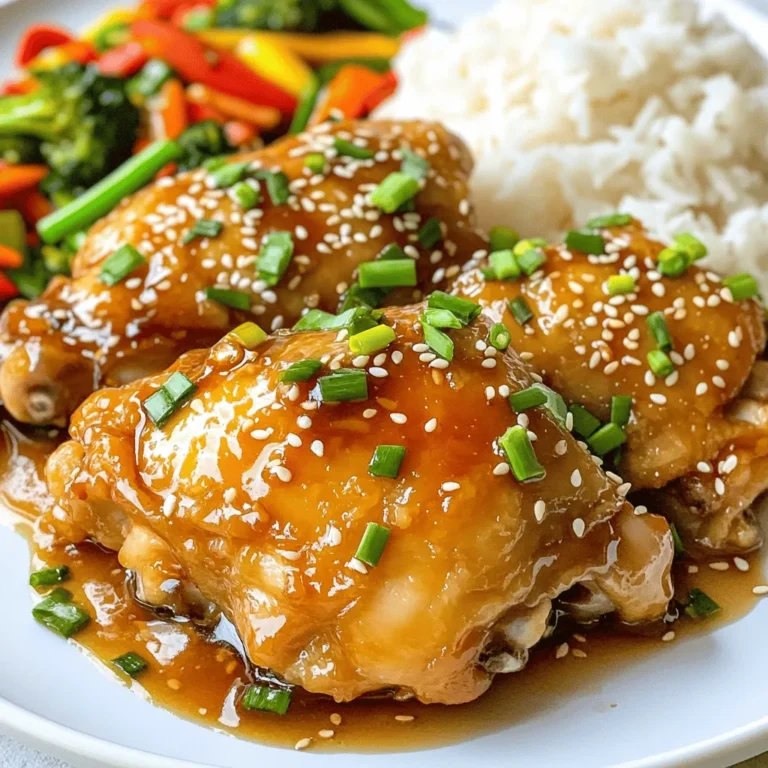 - 4 boneless, skinless chicken thighs - 1/4 cup honey - 1/4 cup soy sauce (low sodium recommended) - 4 garlic cloves, minced - 1 tablespoon fresh ginger, grated - 2 tablespoons vegetable oil - 1 teaspoon sesame oil - Salt and black pepper to taste - 1 teaspoon cornstarch (optional, for thickening) - Chopped green onions for garnish - Sesame seeds for garnish (optional) Making Easy Honey Garlic Chicken is simple. Let’s dive into what you need. First, gather four boneless, skinless chicken thighs. They are tender and cook well. Next, you will need a quarter cup of honey. Honey adds sweetness and a nice glaze. For a savory touch, get a quarter cup of low-sodium soy sauce. Next, you will need four minced garlic cloves. Garlic gives the dish its bold flavor. You also need one tablespoon of fresh ginger, grated. Ginger adds warmth and a hint of spice. Two tablespoons of vegetable oil are essential for cooking the chicken. You will also need one teaspoon of sesame oil for that nutty taste, along with salt and black pepper to season. If you want a thicker sauce, one teaspoon of cornstarch is optional. Finally, for garnishing, have some chopped green onions and sesame seeds on hand. These ingredients come together to create a meal that is both tasty and easy to make. - Whisk honey, soy sauce, garlic, and ginger until combined. - Set aside for later use. Making this sauce is quick and easy. Just grab a bowl and mix it all together. The honey adds sweetness, while the soy sauce brings in saltiness. The garlic and ginger give a great flavor boost. - Season chicken thighs with salt and black pepper. - Heat vegetable oil in a skillet over medium-high heat. - Sear chicken for 5-6 minutes on each side until golden brown. Start by seasoning your chicken. This step is key for adding flavor. Heat the oil in a skillet. Once hot, add the chicken. The sizzle means you’re on the right track! Cook until golden brown. This should take about 5-6 minutes per side. - Reduce heat and pour the honey garlic mixture over the chicken. - Allow to simmer for an additional 5 minutes until thickened, adding cornstarch if desired. After both sides are cooked, pour the sauce over the chicken. This is when the magic happens! Lower the heat and let it simmer. This helps the sauce thicken and soak into the chicken. If you want a thicker sauce, mix cornstarch with water and add it in. This step ensures you get that perfect glaze! For the full recipe, check out the complete details. - Ensure chicken is at room temperature before cooking for even cooking. - Use a meat thermometer to check that the chicken reaches 165°F. For best results, always let your chicken sit out for about 15 minutes. This helps it cook evenly, making it tender and juicy. When you use a meat thermometer, insert it into the thickest part of the chicken. This way, you know it's safe to eat. - Adjust the amount of honey for different levels of sweetness. - Add chili flakes for a spicy kick. I love playing with the honey amount. If you want a sweeter dish, add more honey. For a savory twist, try chili flakes or even sriracha. This lets you create your perfect flavor. - Serve the chicken with a drizzle of honey garlic sauce. - Pair with steamed rice and stir-fried vegetables for a complete meal. To make your dish look great, drizzle extra sauce over the chicken before serving. This adds shine and flavor. Pair it with steamed rice and colorful stir-fried veggies. This not only makes it pretty but also adds nutrition and texture to your meal. {{image_2}} You can get creative with how you serve this dish. Here are some simple ideas to try: - Serve over quinoa or noodles instead of rice. - Use in wraps or sandwiches for a different take. If you're looking for some tweaks in the recipe, consider these swaps: - Substitute chicken thighs with chicken breasts for a leaner option. - Use tamari instead of soy sauce for a gluten-free version. Change up the cooking method to suit your taste: - Try grilling the chicken for a smoky flavor. - Use an Instant Pot for a quicker option. These variations can help you make the Easy Honey Garlic Chicken your own. For the full recipe, check out the detailed instructions above. Enjoy experimenting! - Store in an airtight container in the refrigerator for up to 3 days. - Reheat in the skillet or microwave until warmed through. Leftovers are a great way to enjoy this dish again. Just make sure to seal them well. You want to keep that sweet and savory flavor intact. - Freeze the cooked chicken in a freezer-safe container for up to 3 months. - Thaw in the refrigerator before reheating. Freezing is a smart choice for meal prep. It helps you save time and enjoy this dish later. Just remember to label your container with the date. - Reheat gently on the stovetop with a splash of water to maintain moisture. When you reheat, keep it low and slow. This keeps the chicken juicy and the sauce flavorful. You can also add a little honey for extra sweetness. If you want the full experience, try serving it over fresh rice or veggies again! To make Easy Honey Garlic Chicken gluten-free, simply substitute soy sauce with tamari or coconut aminos. These options taste great and keep the dish safe for those with gluten sensitivities. Yes, you can use other meats in this recipe. Shrimp or pork also work well with this honey garlic sauce. Both will absorb the flavors and create a tasty meal. To know when the chicken is fully cooked, use a meat thermometer. The internal temperature should reach 165°F. This ensures the chicken is safe to eat and juicy. You learned how to make easy honey garlic chicken today. We covered the ingredients, tools, and steps. I shared tips for cooking and serving this dish. You can customize the recipe to fit your taste. Leftovers can be stored and enjoyed later. This meal is simple, delicious, and versatile. Try it out and impress your family or friends. Cooking can be fun and rewarding! Enjoy your time in the kitchen with this easy recipe.