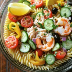 To make a great seafood pasta salad, you need fresh, quality ingredients. Here’s what to gather: - 8 ounces rotini pasta - 1 cup cooked crab meat, shredded - 1 cup cooked shrimp, peeled and deveined - 1/2 cup cherry tomatoes, halved - 1/2 cup cucumber, diced - 1/4 cup red onion, finely chopped - 1/4 cup green bell pepper, diced - 1/4 cup black olives, sliced - 1/4 cup fresh parsley, chopped - 1/2 cup mayonnaise - 2 tablespoons lemon juice - 1 teaspoon Dijon mustard - Salt and pepper to taste These ingredients create a bright and flavorful dish. The rotini pasta holds the dressing well, while the seafood adds a rich taste. The vegetables give crunch and color. Using fresh parsley at the end makes the dish look pretty and adds flavor. For the dressing, a mix of mayonnaise, lemon juice, and Dijon mustard ties everything together. You can find the full recipe linked above. To begin, cook 8 ounces of rotini pasta. Follow the package instructions closely. This step is key to achieving al dente pasta. Once cooked, drain the pasta in a colander. Rinse it under cold water. This cools the pasta and stops the cooking process. It also helps prevent clumping. Next, grab a large mixing bowl. In this bowl, combine the chilled pasta, 1 cup of shredded crab meat, and 1 cup of peeled and deveined shrimp. Then, add 1/2 cup halved cherry tomatoes, 1/2 cup diced cucumber, and 1/4 cup finely chopped red onion. Toss in 1/4 cup diced green bell pepper and 1/4 cup sliced black olives. Don’t forget 1/4 cup of chopped fresh parsley for that bright touch. In a separate bowl, prepare the dressing. Whisk together 1/2 cup of mayonnaise, 2 tablespoons of lemon juice, and 1 teaspoon of Dijon mustard. Add salt and pepper to taste. Mix until smooth. Now pour the dressing over the seafood and pasta mixture. Gently toss everything together. Ensure that every ingredient is well coated with the dressing. This step brings all the flavors together. Cover the bowl with plastic wrap. Refrigerate the salad for at least 30 minutes. This allows the flavors to meld. Before serving, give the salad a gentle stir. Adjust the salt and pepper if needed. For a delicious touch, you can check out the Full Recipe for extra tips. To get perfect pasta texture, cook rotini until it is al dente. This means it should be firm but not hard. Rinse it under cold water right after cooking. This stops the cooking process and keeps it from getting mushy. For seafood preparation, always choose fresh crab and shrimp. If you use frozen, make sure to thaw it properly. Cook the shrimp until they turn pink, which shows they are done. Shredding crab meat can be tricky, so take your time to avoid lumps. You can make a tasty homemade dressing with simple ingredients. Mix olive oil, lemon juice, and a pinch of salt for a lighter version. You can also use yogurt instead of mayonnaise for a healthier take. Try adding herbs like dill or basil for extra flavor. When serving your salad, use a large, clear glass bowl. This shows off the colorful ingredients well. For garnishing, sprinkle extra parsley on top and add lemon wedges for a fresh look. Consider using small bowls for individual servings, which makes it fun and easy for guests to grab. Feel free to explore the [Full Recipe] for all the steps. {{image_2}} You can boost your seafood pasta salad by adding more seafood. Consider using scallops, clams, or even lobster. Each type brings unique flavors and textures. For example, scallops provide a sweet taste, while clams add a briny kick. When you add seafood, be mindful of cooking times. Cook the seafood separately to avoid overcooking. If you want to make this salad meat-free, there are great substitutes. Replace crab and shrimp with chickpeas or artichoke hearts. Both options add protein and texture. You can also use diced avocado for creaminess. These swaps ensure you still enjoy a flavorful salad without seafood. Adjusting seasonings can make your dish truly yours. Start by tasting your salad after mixing. You might want to add more lemon juice for zing or extra salt for balance. Fresh herbs can also enhance flavor. Try adding dill, basil, or chives. Each herb adds a new layer of taste. Don't hesitate to experiment until it suits your palate! Store your seafood pasta salad in the fridge. Use an airtight container to keep it fresh. This helps prevent moisture loss and keeps flavors intact. I recommend glass containers for easy viewing. They are safe and easy to clean. Can you freeze seafood pasta salad? Yes, but it's best to eat it fresh. If you freeze it, the texture may change. To freeze, place it in a freezer-safe container. Leave some space for expansion. For thawing, move it to the fridge overnight. Serve it cold, or gently warm it in the microwave. How long can you keep the salad? The salad lasts up to three days in the fridge. After that, the seafood can spoil. Signs of spoilage include a sour smell or change in color. If you notice these signs, it’s best to discard it. Enjoy it fresh for the best taste. For the full recipe, check out the Coastal Seafood Pasta Salad. Can you make seafood pasta salad in advance? Yes, you can make seafood pasta salad ahead of time. It tastes even better after sitting in the fridge. I recommend making it a few hours or even a day before you serve it. This gives the flavors time to blend well. What is the best type of pasta to use? For this salad, I love using rotini pasta. Its twists hold the dressing and seafood nicely. You can also try fusilli or shells if you want. Just ensure the pasta cooks al dente for the best texture. What goes well with seafood pasta salad? Seafood pasta salad pairs great with a simple green salad or garlic bread. You can also serve it with a light soup or grilled vegetables. These sides make a lovely meal. Can it be served warm or cold? This salad is best served cold. The chilled pasta and seafood make it refreshing. If you prefer, you can serve it warm right after mixing, but chilling enhances the taste. Gluten-free options You can easily make this dish gluten-free. Just swap the rotini pasta with gluten-free pasta. Many options are available in stores today. Be sure to check the label. Low-calorie modifications To make it lower in calories, use Greek yogurt instead of mayonnaise. You can also reduce the amount of crab and shrimp while adding more veggies. This keeps it filling but lighter. For more details on the recipe, check the Full Recipe. This blog post guided you through making a delicious seafood pasta salad. We covered the key ingredients, from rotini to crab and shrimp. The step-by-step instructions helped you prepare it with ease. You learned helpful tips for cooking, dressing alternatives, and fun presentation ideas. In closing, this salad is not just tasty but also flexible. Experiment with ingredients and enjoy your unique creation!