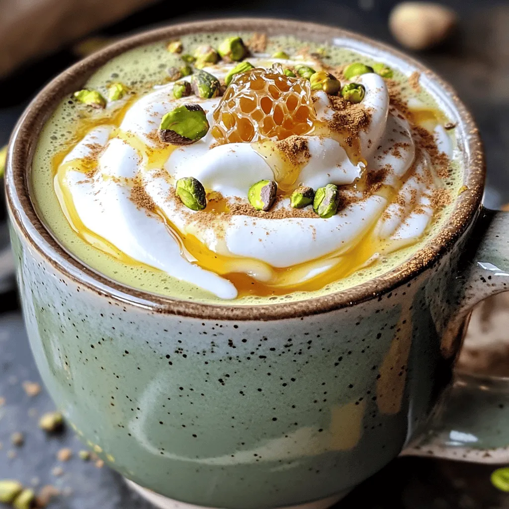 To make a great Pistachio Honeycomb Latte, you need simple yet tasty ingredients. Here’s what you will need: - 1 cup milk (dairy or plant-based) - 2 tablespoons pistachio paste - 1 tablespoon honeycomb (or honey if unavailable) - 1 shot of espresso (or ½ cup strong brewed coffee) - 1 teaspoon vanilla extract These ingredients work together to create a creamy and flavorful drink. The pistachio paste gives it a rich nutty flavor. The honeycomb adds sweetness and a touch of crunch. You can make your latte even better with some tasty toppings. Consider these options: - Whipped cream (for a creamy touch) - Crushed pistachios (for garnish) - A sprinkle of cinnamon (for added flavor) These toppings add texture and flavor. Whipped cream makes it extra indulgent. Crushed pistachios bring a nice crunch. A dash of cinnamon can warm up the flavor. If you want to switch things up, here are some alternatives: - Use almond milk or oat milk for a dairy-free option. - Try maple syrup instead of honeycomb for a different sweetness. - Replace the espresso with a dark roast coffee for a bolder taste. These alternatives keep the essence of the drink while catering to different tastes. Each swap can change the flavor, making your latte unique. For the full recipe, check the detailed instructions. To start, take your milk and pour it into a small saucepan. Heat the milk on medium until it steams but does not boil. This step is key for a creamy latte. Next, add two tablespoons of pistachio paste to the warm milk. Stir it well until it blends smoothly. If you enjoy a sweeter drink, feel free to add more honey or honeycomb. Mix until everything is combined and creamy. While your milk heats, it’s time to brew your coffee. If you have an espresso machine, pull a shot of espresso. If not, brew half a cup of strong coffee. Once brewed, add one teaspoon of vanilla extract to enhance the flavor. The vanilla pairs perfectly with pistachios and honeycomb. Now comes the fun part: putting it all together! Take a large mug and pour the espresso or coffee at the bottom. Slowly add the pistachio milk on top. This creates a lovely layered look. If you want to make it extra special, top it with whipped cream. Drizzle some honeycomb syrup over the cream for sweetness. Finish with a sprinkle of crushed pistachios and a dash of cinnamon for extra flavor. Enjoy your delightful Pistachio Honeycomb Latte! For the full recipe, check the detailed instructions above. To get great milk foam, use fresh milk. Whole milk works best, but any milk is fine. Heat the milk slowly in a pot. You want it hot but not boiling. Use a whisk or a milk frother to foam it. Whisk in a circular motion until it’s light and fluffy. This adds richness to your latte. Sweetness is key for a perfect Pistachio Honeycomb Latte. Start with one tablespoon of honeycomb. Taste your latte. If you want it sweeter, add more honey or honeycomb. Remember, the pistachio paste adds flavor too. Adjust to your liking, but do not overdo it. Balance is important. For the best latte, you need a few tools. A good espresso maker or strong coffee maker is a must. Use a small saucepan for heating milk. A milk frother makes foaming easy. Finally, a large mug helps show off your beautiful layers. Having the right tools makes cooking fun and simple. You can find the full recipe [here](#). {{image_2}} To make an iced version, brew your espresso and let it cool. Use cold milk instead of steaming it. Combine the cooled espresso with pistachio paste and milk in a glass filled with ice. Stir well. This drink stays cool and refreshing for hot days. If you want a dairy-free latte, choose plant-based milk like almond, oat, or coconut. Each option gives a unique flavor. Almond milk adds nuttiness, while oat milk is creamy. Just follow the same steps in the recipe, and you’ll have a tasty dairy-free treat. You can change up the flavors with simple tweaks. Add a pinch of cinnamon for warmth or a dash of nutmeg for spice. If you like sweetness, try flavored syrups like vanilla or caramel. Mix in chocolate syrup for a sweet twist. These small changes can make each latte special. For more details on making your perfect drink, check the Full Recipe. To keep your pistachio paste fresh, place it in an airtight jar. Store it in the fridge for up to two weeks. Honeycomb can also stay fresh in a sealed container. If you use honey instead, store it at room temperature. Milk should be kept in its original container in the fridge. Always check the expiration date. When you have leftover latte, gently reheat it. Pour it into a saucepan over low heat. Stir it often to avoid burning the milk. You can also use a microwave. Heat it in short bursts, stirring in between. This keeps it creamy and delicious. If you want, add a touch more milk or honey when reheating. The prepared pistachio honeycomb latte tastes best fresh. However, it can last in the fridge for about 24 hours. The milk may separate, so stir well before drinking. The pistachio paste stays good for two weeks. Honeycomb can last for months if stored properly. Make sure to check for any off smells or textures before using. For the complete recipe, check out the Full Recipe section. A Pistachio Honeycomb Latte is a creamy drink made with milk, pistachio paste, and espresso. The honeycomb adds sweetness and a unique flavor. You mix steamed milk with pistachio paste for a rich texture. When you pour in the espresso, the colors blend beautifully. This drink offers a sweet, nutty taste that warms your soul. Yes, you can use other nuts, but the flavor will change. Almonds or hazelnuts could work well, but they taste different. Pistachios give a unique creaminess and flavor that others might not match. If you want to try another nut, choose one with a similar texture. This way, you can still enjoy a smooth drink. To make a vegan Pistachio Honeycomb Latte, use plant-based milk. Almond, oat, or coconut milk are great choices. Replace honeycomb with agave syrup or maple syrup for sweetness. Make sure your pistachio paste is dairy-free. Follow the same steps in the recipe to create a delicious vegan drink. Enjoy the same creamy goodness without any animal products. The Pistachio Honeycomb Latte is a delicious treat. We covered its key ingredients and how to modify them. You learned how to prepare the milk, brew coffee, and assemble the perfect latte. Tips helped you achieve the best foam and sweetness. We also explored fun variations, like iced and dairy-free options. In the end, this latte is your canvas. Customize it to taste and enjoy crafting your ideal drink. Dive in and savor each sip!