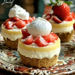 - 1 cup graham cracker crumbs - 2 tablespoons sugar - 1/2 cup unsalted butter, melted - 1 cup cream cheese, softened - 1/2 cup powdered sugar - 1 teaspoon vanilla extract - 1 cup heavy cream - 1 cup fresh strawberries, diced - Additional strawberries for topping For this recipe, I love using graham cracker crumbs to create a tasty crust. You can also use cookie crumbs if you prefer. They give a sweet base that pairs well with the creamy filling. If you want to switch up the crust, consider using crushed Oreos or digestive biscuits. They add a fun twist to the flavor. For a dairy-free option, try using cashew cream or coconut cream in place of cream cheese and heavy cream. These swaps keep the dessert rich and creamy while catering to different diets. When picking strawberries, look for ones that are bright red and firm. Avoid any that have green or white spots. These may not be ripe. Wash your strawberries gently under cold water to remove any dirt. After washing, slice them for the best flavor. Always dry them on a clean towel to avoid excess moisture in your cups. Mixing the graham cracker crust is simple and fun. Start by taking a bowl. Add 1 cup of graham cracker crumbs and 2 tablespoons of sugar. Then, pour in 1/2 cup of melted unsalted butter. Mix it well until all crumbs are coated. This will create a tasty base for your cups. Next, we will combine the cream cheese filling. In a separate bowl, beat 1 cup of softened cream cheese until smooth. Gradually mix in 1/2 cup of powdered sugar and 1 teaspoon of vanilla extract. Keep mixing until it is creamy and well combined. This filling will be rich and flavorful. Now, let’s move on to crust assembly in cups. Take your serving cups and spoon about 2 tablespoons of the crumb mixture into the bottom of each cup. Press the crumbs down gently to form a nice crust layer. This step is key for a great texture. Now it's time for filling the cups with the cream cheese mixture. Gently fold 1 cup of whipped heavy cream into the cream cheese mixture. This will make it light and fluffy. Then, layer this cream mixture over the crust in each cup. Fill them about three-quarters full. To set the cheesecake, refrigerate the cups for at least 2 hours. This chilling time helps the layers come together. For optimal setting, cover each cup with plastic wrap. This keeps them fresh and prevents odors from mixing. I recommend letting them chill for up to 4 hours. Longer chilling creates a better flavor and firmer texture. After waiting, these delightful treats will be ready to enjoy! For the full recipe, check the previous section. To get the best texture for your cheesecake cups, start with soft cream cheese. Softening it makes mixing much easier. You can leave it out for a bit or warm it gently in the microwave. This step is key to avoiding lumps in your filling. Next, fold in the whipped cream carefully. Use a spatula to mix gently. This keeps the light and fluffy texture. If you stir too hard, you might deflate the cream. When serving, think outside the box! Use clear cups to show off the layers. You can also mix up the serving sizes. Try mini cups for a fun twist. For garnishing, fresh strawberries are a must. Place them on top for color. A mint leaf adds a nice touch, too. You can also dust the cups with powdered sugar for extra flair. One common mistake is over mixing the cream cheese. This can make the filling runny. Mix just until smooth to keep it thick and creamy. Another pitfall is using too much liquid in the crust. Stick to the recipe for the right amount of butter. If the crust is too wet, it won’t hold together well in the cups. {{image_2}} You can make this dessert even more fun. Try adding chocolate or vanilla layers. Just melt some chocolate and mix it with cream cheese. You can also use vanilla extract for a smooth, sweet taste. This change makes the cups richer and more exciting. Another great idea is to use other fruits. Blueberries and raspberries pair nicely with the cream cheese. They add a nice color and tartness. You can layer them or mix them into the cream cheese. Both options work well and taste great. If you need a gluten-free option, swap graham crackers for gluten-free cookies. Many brands offer tasty gluten-free crumbs. This lets everyone enjoy the dessert without worry. For a vegan version, use dairy-free cream cheese and coconut cream. These ingredients can create a creamy texture. They also keep the treat light and delicious without any animal products. Using seasonal fruits can enhance this recipe. In summer, try peaches or cherries. In fall, apples can add a nice crunch. Seasonal fruits often taste better and bring a fresh twist to the cups. You can also adjust the recipe for special occasions. For holidays, add festive colors or toppings. Use crushed candy canes for winter or citrus zest for spring. This makes each serving special and memorable. To keep your no-bake strawberry cheesecake cups fresh, store them in the fridge. Use an airtight container to prevent any odors from seeping in. Place a layer of plastic wrap on top to seal it tight. If you have leftover cheesecake cups, you can freeze them for later enjoyment. To freeze, wrap each cup in plastic wrap and then in foil. This helps protect them from freezer burn. No-bake strawberry cheesecake cups can last in the fridge for about 3 to 4 days. If you freeze them, they will stay good for about 1 to 2 months. Just remember that the longer they sit, the more the texture may change. If you pull out frozen cups, let them thaw in the fridge. This keeps them creamy and delicious. If they seem a bit soft after thawing, whip some heavy cream and add a dollop on top. You can also use leftovers to create a parfait. Layer crumbs, cheesecake, and fruit in a new cup for a fun twist. Using the full recipe, you can easily make a new dessert with what you have left. Yes, you can use low-fat cream cheese. It will change the texture a bit. The cheesecake may not be as rich or creamy. However, it can still taste good. Just keep in mind the flavor might be less bold. The cheesecake needs at least 2 hours to set in the fridge. If your kitchen is warm, it may take longer. To check if it's ready, gently shake the cup. If it jiggles slightly, it's set. Absolutely! You can make these cups a day ahead. Just keep them covered in the fridge. This helps the flavors blend well. Just remember to add the fresh strawberries right before serving for the best taste. For the full recipe, check out the details above. This blog post covered everything about making No-Bake Strawberry Cheesecake Cups. We explored the key ingredients, tips for fresh strawberries, and step-by-step instructions for perfecting this treat. I shared helpful tips to avoid common mistakes and ways to customize the recipe for your needs. With these details, you can create delicious cheesecake cups that impress. Enjoy your cooking and share these tasty treats with friends and family!