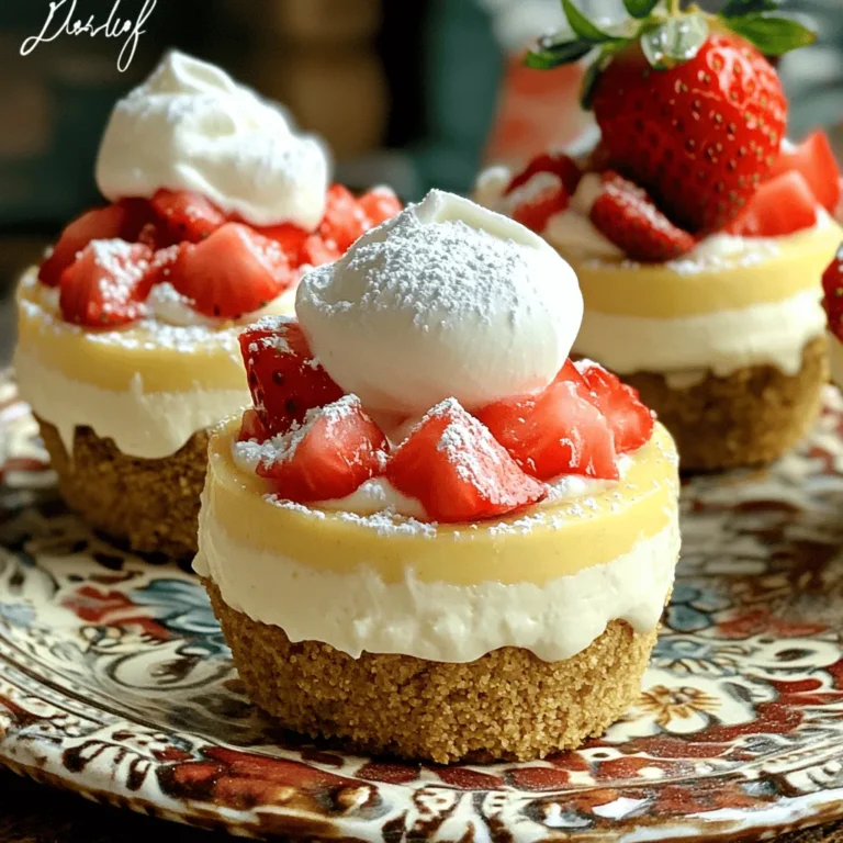 - 1 cup graham cracker crumbs - 2 tablespoons sugar - 1/2 cup unsalted butter, melted - 1 cup cream cheese, softened - 1/2 cup powdered sugar - 1 teaspoon vanilla extract - 1 cup heavy cream - 1 cup fresh strawberries, diced - Additional strawberries for topping For this recipe, I love using graham cracker crumbs to create a tasty crust. You can also use cookie crumbs if you prefer. They give a sweet base that pairs well with the creamy filling. If you want to switch up the crust, consider using crushed Oreos or digestive biscuits. They add a fun twist to the flavor. For a dairy-free option, try using cashew cream or coconut cream in place of cream cheese and heavy cream. These swaps keep the dessert rich and creamy while catering to different diets. When picking strawberries, look for ones that are bright red and firm. Avoid any that have green or white spots. These may not be ripe. Wash your strawberries gently under cold water to remove any dirt. After washing, slice them for the best flavor. Always dry them on a clean towel to avoid excess moisture in your cups. Mixing the graham cracker crust is simple and fun. Start by taking a bowl. Add 1 cup of graham cracker crumbs and 2 tablespoons of sugar. Then, pour in 1/2 cup of melted unsalted butter. Mix it well until all crumbs are coated. This will create a tasty base for your cups. Next, we will combine the cream cheese filling. In a separate bowl, beat 1 cup of softened cream cheese until smooth. Gradually mix in 1/2 cup of powdered sugar and 1 teaspoon of vanilla extract. Keep mixing until it is creamy and well combined. This filling will be rich and flavorful. Now, let’s move on to crust assembly in cups. Take your serving cups and spoon about 2 tablespoons of the crumb mixture into the bottom of each cup. Press the crumbs down gently to form a nice crust layer. This step is key for a great texture. Now it's time for filling the cups with the cream cheese mixture. Gently fold 1 cup of whipped heavy cream into the cream cheese mixture. This will make it light and fluffy. Then, layer this cream mixture over the crust in each cup. Fill them about three-quarters full. To set the cheesecake, refrigerate the cups for at least 2 hours. This chilling time helps the layers come together. For optimal setting, cover each cup with plastic wrap. This keeps them fresh and prevents odors from mixing. I recommend letting them chill for up to 4 hours. Longer chilling creates a better flavor and firmer texture. After waiting, these delightful treats will be ready to enjoy! For the full recipe, check the previous section. To get the best texture for your cheesecake cups, start with soft cream cheese. Softening it makes mixing much easier. You can leave it out for a bit or warm it gently in the microwave. This step is key to avoiding lumps in your filling. Next, fold in the whipped cream carefully. Use a spatula to mix gently. This keeps the light and fluffy texture. If you stir too hard, you might deflate the cream. When serving, think outside the box! Use clear cups to show off the layers. You can also mix up the serving sizes. Try mini cups for a fun twist. For garnishing, fresh strawberries are a must. Place them on top for color. A mint leaf adds a nice touch, too. You can also dust the cups with powdered sugar for extra flair. One common mistake is over mixing the cream cheese. This can make the filling runny. Mix just until smooth to keep it thick and creamy. Another pitfall is using too much liquid in the crust. Stick to the recipe for the right amount of butter. If the crust is too wet, it won’t hold together well in the cups. {{image_2}} You can make this dessert even more fun. Try adding chocolate or vanilla layers. Just melt some chocolate and mix it with cream cheese. You can also use vanilla extract for a smooth, sweet taste. This change makes the cups richer and more exciting. Another great idea is to use other fruits. Blueberries and raspberries pair nicely with the cream cheese. They add a nice color and tartness. You can layer them or mix them into the cream cheese. Both options work well and taste great. If you need a gluten-free option, swap graham crackers for gluten-free cookies. Many brands offer tasty gluten-free crumbs. This lets everyone enjoy the dessert without worry. For a vegan version, use dairy-free cream cheese and coconut cream. These ingredients can create a creamy texture. They also keep the treat light and delicious without any animal products. Using seasonal fruits can enhance this recipe. In summer, try peaches or cherries. In fall, apples can add a nice crunch. Seasonal fruits often taste better and bring a fresh twist to the cups. You can also adjust the recipe for special occasions. For holidays, add festive colors or toppings. Use crushed candy canes for winter or citrus zest for spring. This makes each serving special and memorable. To keep your no-bake strawberry cheesecake cups fresh, store them in the fridge. Use an airtight container to prevent any odors from seeping in. Place a layer of plastic wrap on top to seal it tight. If you have leftover cheesecake cups, you can freeze them for later enjoyment. To freeze, wrap each cup in plastic wrap and then in foil. This helps protect them from freezer burn. No-bake strawberry cheesecake cups can last in the fridge for about 3 to 4 days. If you freeze them, they will stay good for about 1 to 2 months. Just remember that the longer they sit, the more the texture may change. If you pull out frozen cups, let them thaw in the fridge. This keeps them creamy and delicious. If they seem a bit soft after thawing, whip some heavy cream and add a dollop on top. You can also use leftovers to create a parfait. Layer crumbs, cheesecake, and fruit in a new cup for a fun twist. Using the full recipe, you can easily make a new dessert with what you have left. Yes, you can use low-fat cream cheese. It will change the texture a bit. The cheesecake may not be as rich or creamy. However, it can still taste good. Just keep in mind the flavor might be less bold. The cheesecake needs at least 2 hours to set in the fridge. If your kitchen is warm, it may take longer. To check if it's ready, gently shake the cup. If it jiggles slightly, it's set. Absolutely! You can make these cups a day ahead. Just keep them covered in the fridge. This helps the flavors blend well. Just remember to add the fresh strawberries right before serving for the best taste. For the full recipe, check out the details above. This blog post covered everything about making No-Bake Strawberry Cheesecake Cups. We explored the key ingredients, tips for fresh strawberries, and step-by-step instructions for perfecting this treat. I shared helpful tips to avoid common mistakes and ways to customize the recipe for your needs. With these details, you can create delicious cheesecake cups that impress. Enjoy your cooking and share these tasty treats with friends and family!