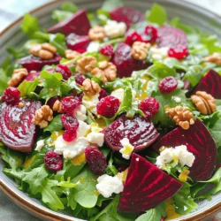 - 3 medium-sized beets, scrubbed - 4 cups mixed salad greens (arugula, spinach, and romaine) - 1/2 cup goat cheese, crumbled Beets are the star of this salad. They add sweetness and color. When you roast them, they become tender and flavorful. Next, you will need salad greens. I love a mix of arugula, spinach, and romaine. This blend gives a great taste and texture. Goat cheese adds a creamy touch. Its tangy flavor pairs well with the sweet beets. - 2 tablespoons olive oil - 1 tablespoon balsamic vinegar - 1 teaspoon Dijon mustard For the dressing, you will need olive oil, balsamic vinegar, and Dijon mustard. The olive oil adds richness. Balsamic vinegar gives a nice tang. Dijon mustard brings a bit of spice and ties it all together. - 1/4 cup walnuts, toasted and roughly chopped - 1/4 cup dried cranberries - Fresh herbs for garnish (like parsley or chives) Optional toppings like walnuts and dried cranberries add crunch and sweetness. Fresh herbs, such as parsley or chives, make the dish look beautiful. You can find the full recipe for this salad at the top of the article. - Preheat the oven: Start by setting your oven to 400°F (200°C). This heat will help the beets cook evenly and become tender. - Wrapping and roasting the beets: Take each scrubbed beet and wrap it in aluminum foil. Place them on a baking sheet. Roast the beets for 45 to 60 minutes. You can check their doneness by piercing them with a fork; they are done when they feel soft. - Cooling and slicing: Once the beets are tender, remove them from the oven. Let them cool for a bit, then peel the skin off. Slice the beets into wedges for the salad. - Mixing salad greens and roasted beets: In a large bowl, add 4 cups of mixed salad greens. Toss in the roasted beet wedges. This mix adds color and flavor to your dish. - Adding goat cheese and toppings: Crumble 1/2 cup of goat cheese over the greens and beets. Then, sprinkle 1/4 cup of toasted walnuts and 1/4 cup of dried cranberries. These toppings bring crunch and sweetness. - Preparing the dressing: In a small bowl, whisk together 2 tablespoons of olive oil, 1 tablespoon of balsamic vinegar, and 1 teaspoon of Dijon mustard. Add salt and pepper to taste. This dressing ties all the flavors together. - Drizzling dressing: Pour the dressing over the salad. Make sure to cover all the greens and beets evenly. - Tossing the salad: Gently toss the salad to mix everything together. Be careful not to break the beet wedges or crumble the cheese too much. - Plating suggestions: Serve the salad in a shallow bowl. Add more goat cheese and walnuts on top for a nice look. Garnish with fresh herbs like parsley or chives for a pop of color. Follow these steps for a vibrant Roasted Beet Goat Cheese Salad. For detailed instructions, check the Full Recipe. To roast beets perfectly, start by selecting medium-sized ones. These cook evenly and have great flavor. Scrub them well to remove dirt. Wrap each beet in aluminum foil. This helps them steam while roasting. Place them on a baking sheet to catch any drips. Roast at 400°F (200°C) for 45 to 60 minutes. Check with a fork; they should be tender. To ensure the beets don’t break apart, let them cool before peeling. Use a paper towel to grip the skin. It should slide off easily. When slicing, use a sharp knife and cut gently. This helps keep the wedges intact for your salad. For visual appeal, arrange the salad in a shallow bowl. Start with the greens as the base. Layer the roasted beets on top. Sprinkle crumbled goat cheese evenly across the salad. Then add walnuts and cranberries for color and texture. A little height makes it look more inviting. Garnishing with fresh herbs like parsley or chives adds a pop of color. Place a few leaves on top. You can also sprinkle extra goat cheese and walnuts. This makes the dish look gourmet and delicious. This salad pairs well with grilled chicken or fish. The flavors complement the meat nicely. It makes a great side for a summer barbecue or picnic. You can serve it as a light lunch, too. The bright colors and fresh ingredients make it perfect for any occasion. For a dinner party, serve it as a starter. The mix of textures and flavors will impress your guests. The full recipe offers a delightful dish that everyone will enjoy! {{image_2}} You can change the cheese in this salad. If you don’t like goat cheese, try feta or blue cheese. These cheeses add a nice tang and flavor. For nuts, walnuts are great, but you can use almonds or pecans. Both options add a different crunch. If you prefer seeds, try sunflower seeds or pumpkin seeds for a nut-free choice. Adding fruits can make this salad pop. Try sliced apples or pears for sweetness. You can also add pomegranate seeds for a burst of flavor. Veggies like sliced radishes or cucumbers can add freshness. These options create a nice balance with the earthy beets. Spices can also enhance the taste. A sprinkle of cinnamon or allspice can add warmth. You can also try adding fresh herbs like basil or mint for a bright touch. For vegan needs, swap the goat cheese with a plant-based cheese. You can also make a cashew cream for creaminess. If you are gluten-free, this salad is a perfect fit. All the ingredients are naturally gluten-free. Just make sure your dressing is also gluten-free. These variations can help you enjoy the roasted beet goat cheese salad in new ways. For a full recipe, see the section above. To keep your roasted beet goat cheese salad fresh, store it in an airtight container. This helps to lock in moisture and flavor. Place any leftovers in the fridge right away. Aim to eat your salad within three days for the best taste. For longer-lasting freshness, keep the dressing separate. Mixing it with the salad too early can make the greens soggy. When you're ready to eat, just drizzle the dressing on top and toss. Can you freeze roasted beets? Yes, you can! Roasted beets freeze well. Just let them cool completely before wrapping them tightly in plastic wrap. Then, place them in a freezer-safe bag. They keep for three to six months. But freezing the whole salad isn't the best idea. The greens and cheese will not taste good after thawing. Instead, freeze only the beets and add fresh greens and cheese later. To reheat roasted beets, the best method is to use a microwave. Place them in a bowl, cover with a damp paper towel, and heat for about 30 seconds. This keeps them moist. Avoid reheating the entire salad. Instead, serve it cold. This salad shines with its fresh flavors. The textures also stay better when enjoyed chilled. Roasted beets can last up to one week in the fridge. To store them, put the beets in an airtight container. Make sure they are cool before sealing. This keeps them fresh and tasty for your salads. Yes, you can prepare parts of this salad ahead of time. Roast the beets and store them in the fridge. You can also wash the salad greens and chop the nuts. Keep the dressing separate until you are ready to serve. This way, the salad stays crisp and fresh. Many dressings pair nicely with roasted beet and goat cheese salad. Here are a few ideas: - Honey mustard dressing adds sweetness. - A lemon vinaigrette gives a bright kick. - Creamy ranch dressing offers a rich flavor. Try different dressings to find your favorite. Each dressing brings a new twist to the dish. For the full recipe, check out the link above. This salad combines simple yet flavorful ingredients like beets, greens, and goat cheese. You learned step-by-step how to prepare and assemble it. The tips we discussed help ensure a beautiful presentation and taste. Plus, I shared ways to customize the recipe for different diets. Whether served at a family dinner or a party, this salad shines. Enjoy making it your own and share it with others. It's not just food; it's a way to express creativity.