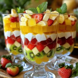 To make this tasty dessert, gather these items: - 2 cups mixed fruits (like bananas, apples, strawberries, and kiwi), diced - 2 cups milk - ½ cup sugar (you can adjust for sweetness) - 2 tablespoons custard powder - 1 teaspoon vanilla extract - 1 packet (85g) flavored jelly (choose strawberry or mango) - 1 ½ cups hot water - Fresh mint leaves for garnish - Mixed Fruits: This is the star of the dish. Choose fruits you love for the best taste. Fresh fruits add color and nutrition to your dessert. - Milk: This creamy base is key for the custard. Whole milk gives the best flavor, but you can use low-fat milk if you prefer. - Sugar: This sweetener balances the flavors. Adjust it based on your taste and the sweetness of your fruits. - Custard Powder: This thickener turns your milk into smooth custard. It’s easy to use and creates a rich texture. - Vanilla Extract: This adds a warm flavor to the custard. A small amount goes a long way in enhancing the taste. - Flavored Jelly: This adds a fun layer to the dessert. Choose a flavor that matches your fruits for a great combo. - Look for Color: Fresh fruits should be bright and vibrant. Dull colors often mean overripe or old fruit. - Check for Firmness: Gently press the fruit. It should feel firm but not hard. Soft spots can mean the fruit is overripe. - Smell the Fruit: A sweet smell is a good sign of ripeness. If it doesn’t smell, it might not be ready to eat. - Seasonal Choices: Always pick fruits that are in season. They taste better and are usually less expensive. These tips will help you create the best Fruit Custard and Jelly Delight. For the full recipe, check out the instructions that follow! To start, you will need to prepare the jelly. In a bowl, dissolve the jelly powder in 1 ½ cups of hot water. Stir well until it's completely dissolved. Now, pour the mixture into a shallow dish. Place this dish in the refrigerator. Let it chill for about 1 to 2 hours. You want it to set firm, so it holds its shape later. Next, let's make the custard. In a saucepan, combine 1 cup of milk and sugar. Heat it over medium flame until the milk is warm, but do not boil it. In a separate bowl, mix the rest of the milk with the custard powder. This forms a smooth paste. When the milk in the saucepan is warm, whisk in the custard mixture slowly. Keep stirring as it cooks. You want it to thicken and coat the back of a spoon. Once it’s thick, remove it from heat and add the vanilla extract. Allow the custard to cool slightly. Now it’s time to assemble the dessert. Once the jelly has set, cut it into small cubes. Get your serving glasses ready. Start by layering a few pieces of diced mixed fruits at the bottom of each glass. Next, add a layer of custard on top, followed by a layer of jelly cubes. Repeat these layers until the glasses are full. Finally, place the assembled desserts back in the refrigerator for another 30 minutes. This helps them firm up slightly. Just before serving, garnish with fresh mint leaves on top. Enjoy your delightful creation! For the full recipe, see below. When making fruit custard and jelly, avoid some easy mistakes. First, don't rush the jelly. Make sure it fully sets in the fridge. This step is key for a nice texture. Second, mix the custard slowly. If you rush, lumps can form. Lastly, don't skip the vanilla extract. It adds a lovely flavor. To get the best custard texture, use medium heat. If the heat is too high, the custard can curdle. Stir constantly to keep it smooth. You want it thick enough to coat the back of a spoon. Once it reaches that point, remove it from heat right away. Let it cool before layering with your fruits and jelly. For a beautiful presentation, use clear glasses. This way, the layers of fruit, custard, and jelly show off. You can also add fresh mint leaves on top for a pop of color. Try serving with a scoop of ice cream for extra fun. This dessert looks great and tastes even better! For the full recipe, check out the details above. {{image_2}} You can change the fruits in your dessert. Try using peaches, mangoes, or berries. Each fruit adds its own taste and color. For a tropical twist, use pineapple and coconut. Mix and match to find your favorite combo! Remember, the more colors, the more fun on your plate! Jelly can change the flavor of your dessert. Use grape, orange, or even blue raspberry jelly. Each flavor gives a new taste to the dessert. You can also layer two different jellies for a vibrant look. Just make sure the jellies set well before adding more layers. This keeps each layer from mixing. You can make this dessert vegan or dairy-free. Replace milk with almond or coconut milk. Use maple syrup instead of sugar for sweetness. Choose plant-based jelly options that do not contain gelatin. Look for jellies made with agar-agar instead. These swaps keep the dessert creamy and delicious without dairy. For the full recipe, check out the Fruity Delight Custard & Jelly recipe above! Store your fruit custard and jelly in airtight containers. This keeps them fresh and safe. Make sure to cover the desserts well. If you leave them open, they may dry out. You can keep them in the fridge for up to 2 days. To extend the shelf life, keep jelly and custard separate. If you mix them, they may lose texture and taste quickly. Always store them in the fridge to slow down spoilage. If you find leftover fruit, eat it quickly. Fresh fruit can spoil faster than the custard or jelly. You can freeze custard and jelly, but with some care. For jelly, pour it into safe freezer containers. Leave space for expansion. Custard can be tricky; it may change texture when frozen. If you freeze it, use it within a month. Thaw in the fridge overnight before using. Enjoy your fruity delight! To make fruit custard and jelly at home, gather your ingredients first. You need mixed fruits, milk, sugar, custard powder, vanilla extract, jelly powder, and hot water. Start by preparing the jelly. Dissolve the jelly powder in hot water. Pour it into a shallow dish and chill until set. Next, make the custard. Heat milk with sugar until warm. Mix custard powder with some milk to create a paste. Whisk the paste into the warm milk. Stir until thickened, then add vanilla extract. Allow the custard to cool. Finally, layer fruits, custard, and jelly in serving glasses. Chill again before serving. For a detailed guide, check the Full Recipe. Yes, you can use frozen fruits. They work well in this dessert. Just thaw the fruits before adding them. This helps to keep the texture nice. Frozen fruits may have more moisture, so use a little less jelly if needed. They add a fun twist to the dish! The best flavor of jelly depends on your taste. Strawberry and mango are popular choices. They pair well with mixed fruits. You can also try raspberry or orange for a different flavor. Experimenting with flavors can make your dessert unique and exciting! In this post, we covered how to make a delicious fruit custard and jelly. We discussed the key ingredients, provided step-by-step instructions, and shared tips for the best results. Remember to choose fresh fruits and avoid common mistakes. Explore variations to match your taste or dietary needs. Proper storage can help keep your dessert fresh longer. Enjoy this treat and feel free to experiment with different flavors! Your next dessert adventure awaits!