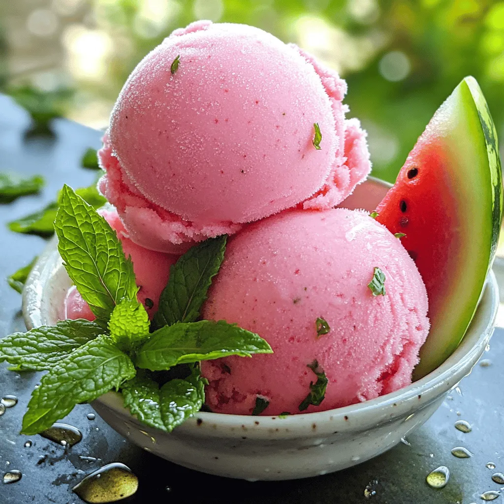 To make easy watermelon sorbet, you need just a few main ingredients: - 4 cups seedless watermelon, cubed and frozen - 1/4 cup honey or agave syrup (adjust based on sweetness preference) - 1 tablespoon lime juice - A pinch of salt These ingredients create a refreshing and tasty sorbet. Seedless watermelon gives the best flavor and texture. Honey or agave syrup adds sweetness. Lime juice adds a nice zing, while salt enhances all the flavors. Feel free to customize your sorbet with optional ingredients: - Fresh mint for a refreshing taste - Coconut milk for a creamy texture - Additional fruit like strawberries or mango for unique flavors Adding fresh mint can brighten the dish. Coconut milk makes it rich and smooth. Mixing in fruits like strawberries or mango can create fun flavor twists. Explore these options to make your sorbet truly your own! For the full recipe, you can check the details above. Start with a fresh seedless watermelon. Cut it into cubes, removing any seeds you find. Spread the cubes out on a baking sheet. This will help them freeze evenly. Freeze the watermelon cubes for at least four hours. This time allows them to become solid and gives the sorbet a perfect texture. Once the watermelon is frozen, it’s time to blend. Add the watermelon cubes to your blender. Next, pour in the honey or agave syrup, lime juice, and a pinch of salt. These ingredients add flavor and balance. Blend the mixture on high speed. Stop occasionally to scrape down the sides. This helps achieve a smooth and creamy consistency. After blending, taste the sorbet. If you want it sweeter, add more honey or agave syrup. Blend again for even mixing. Transfer the mixture to a shallow dish. Smooth the top with a spatula. Freeze it again for one to two hours. This extra time makes the sorbet firm and easy to scoop. Now, you are ready to enjoy your refreshing watermelon sorbet! For the full recipe, check out the instructions provided above. To serve watermelon sorbet, I recommend using chilled bowls or cones. This keeps the sorbet cold longer. You can create a fun experience by serving it in half a watermelon rind. It looks great and adds to the summer vibe. For garnishing, fresh mint leaves work wonders. They add a bright color and a nice aroma. You can also add small watermelon slices or berries on top. This makes the dish pop and pleases the eyes. A high-powered blender or food processor is best for this recipe. It ensures the watermelon blends smoothly. I suggest models with strong blades that can handle frozen fruit. If you don’t have a blender, a fork can help. You can mash the frozen watermelon cubes and mix the other ingredients by hand. To make your sorbet unique, try adding fresh mint or basil. These herbs bring a refreshing twist. Coconut milk can also add creaminess if you prefer a richer texture. You can mix in other frozen fruits too. Strawberries, mangoes, or peaches blend well with watermelon. This creates a fruity medley that excites the taste buds. Enjoy experimenting with flavors to discover your favorite combo! {{image_2}} To make a dairy-free watermelon sorbet, use agave syrup instead of honey. Agave syrup gives a sweet flavor without animal products. You can also try coconut milk for a creamy texture. Blend the frozen watermelon cubes with coconut milk. This gives a rich and smooth sorbet. You can mix in citrus fruits for a zesty twist. Try adding lime or lemon juice for brightness. These flavors enhance the sweetness of the watermelon. You can also use fresh mint leaves for a refreshing kick. Just blend them in with the watermelon for a unique taste. In summer, use fresh berries like strawberries or blueberries. These fruits add color and flavor. During fall, try adding a splash of apple juice for warmth. In winter, you can blend in a little orange for brightness. Adapting the recipe with seasonal fruits keeps it fun and fresh. Use the Full Recipe to explore all these tasty variations! To keep your watermelon sorbet fresh, use airtight containers. Glass or plastic containers work well. Make sure to fill the container, leaving little space for air. This helps prevent ice crystals. Store your sorbet in the coldest part of your freezer. Avoid placing it near the door. This spot can fluctuate in temperature. When stored correctly, watermelon sorbet lasts about one month in the freezer. After that, it may lose flavor and texture. Look for signs that your sorbet is not good anymore. If it has an off smell or strange color, it's best to toss it. Ice crystals on the surface can also mean it's time to say goodbye. You can refreeze sorbet, but it may change in texture. If you must refreeze, do it quickly. Scoop the sorbet into a container, then freeze right away. To maintain its texture, let it soften slightly before serving. This helps it return to its creamy state. Always check for signs of spoilage before refreezing. You can make watermelon sorbet by mashing the watermelon. First, freeze your watermelon cubes until solid. Then, place them in a large bowl. Use a potato masher or fork to crush the cubes. Keep mashing until you reach a smooth texture. You can also use a food processor if you have one. This method works, but it may take longer. Once mashed, mix in honey and lime juice. Yes, you can use fresh watermelon, but the texture will change. Fresh watermelon has more water content. This can make the sorbet icy rather than creamy. If you want to use fresh watermelon, freeze it for a few hours first. This helps create a better texture. Just remember to adjust the sweetness too. Fresh watermelon may need more honey or agave syrup. The best way to sweeten your sorbet is with honey or agave syrup. Both add a nice touch of sweetness. Honey gives a floral flavor, while agave syrup is milder. You can also use maple syrup as a fun twist. If you want a fruity flavor, try adding mashed bananas or berries. Always taste your mixture before freezing. Adjust the sweetness to fit your taste. For the full recipe, check out the complete guide! This blog shared simple steps to make delicious watermelon sorbet. You learned about key ingredients like watermelon, lime juice, and natural sweeteners. We also discussed fun flavor options and how to store the sorbet correctly. Experimenting with unique add-ins can make your sorbet even better. Overall, making this treat can be easy and enjoyable. Enjoy your fresh sorbet, and try new flavors!