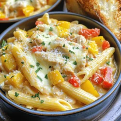 To make cheesy chicken pasta, you need simple, fresh ingredients. Here’s what you will need: - 2 cups pasta (penne or fusilli) - 1 lb (450g) boneless chicken breast, diced - 1 tablespoon olive oil - 1 cup diced bell peppers (red and yellow) - 1 small onion, finely chopped - 2 cloves garlic, minced - 1 teaspoon Italian seasoning - 1 teaspoon smoked paprika - 1 cup heavy cream - 1 ½ cups shredded mozzarella cheese - ½ cup grated Parmesan cheese - Salt and pepper to taste - Fresh parsley, chopped for garnish These ingredients come together to create a dish that is creamy and delicious. You can mix and match the vegetables based on what you have at home. Remember, the key to great flavor lies in the fresh ingredients you choose. For the full recipe, refer to the Cheesy Chicken Pasta Delight section. Enjoy cooking! To cook pasta al dente, bring a big pot of salted water to a boil. Add your pasta and cook as the package says, usually about 8-10 minutes. Taste it a minute early to see if it’s done. It should be tender but still have a slight bite. Once it's ready, drain the pasta in a colander and set it aside. In a large skillet, pour in one tablespoon of olive oil. Heat it on medium. Add one pound of diced chicken breast to the skillet. Season it with salt, pepper, Italian seasoning, and smoked paprika. Cook the chicken for about 5-7 minutes, or until it turns golden and is no longer pink inside. Then, toss in a small onion, finely chopped, and two cloves of minced garlic. Sauté these for about 3 minutes until the onion looks clear. Next, add one cup of diced bell peppers, both red and yellow, to the skillet. Cook for 2-3 minutes until the peppers soften. Turn the heat down to low. Pour in one cup of heavy cream while stirring. Let it simmer for 2-3 minutes. Gradually mix in one and a half cups of shredded mozzarella cheese and half a cup of grated Parmesan cheese. Keep stirring until all the cheese melts and the sauce is creamy. Now, it’s time to combine everything. Add the cooked pasta to the skillet. Toss it all together so the pasta gets coated in the cheesy sauce. Taste and add more salt or pepper if needed. Let it all simmer for another minute to heat through. The cheesy chicken pasta is now ready to serve! You can find the full recipe for more details on presentation and serving. - Best pasta types for cheesy chicken pasta: I love using penne or fusilli. They hold the cheese sauce well. You can also try rotini for a fun twist. - Ensuring the chicken is tender and juicy: Use boneless chicken breast. Cut it into small pieces for quick cooking. Season it well with salt and pepper to lock in flavor. - Making a creamy sauce without lumps: Pour the heavy cream slowly into the pan. Stir constantly as you add it to keep it smooth. - Tips for melting cheese perfectly: Use shredded mozzarella and grated Parmesan. Add them slowly to the warm sauce. Stir gently and let them melt completely. - Presentation tips for a beautiful plate: Serve the cheesy chicken pasta in deep bowls. Top with extra grated Parmesan and fresh parsley for color. - Perfect side dishes to complement the meal: Crusty garlic bread is a great choice. A simple green salad with lemon vinaigrette balances the richness too. For more details on preparing this dish, check the Full Recipe. {{image_2}} You can swap out heavy cream for lighter options. Whole milk or half-and-half works well. Greek yogurt can add creaminess without too many calories. If you want a different protein, try shrimp or tofu. Both options give a nice twist to the dish. Shrimp cooks fast and adds a seafood flavor. Tofu absorbs flavors well and is a great vegetarian choice. For gluten-free pasta, look for options made from rice or corn. Many brands make great gluten-free pasta that cooks just like regular pasta. If you want to make this dish vegetarian, skip the chicken. You can use extra veggies instead. Try adding zucchini or bell peppers for color and taste. For an extra kick, add spices like red pepper flakes or cayenne. These can make your cheesy chicken pasta spicy and exciting. You can mix in veggies like spinach or mushrooms. Spinach wilts down nicely, adding a healthy touch. Mushrooms bring a rich, earthy flavor to the dish. These variations keep the dish fresh and fun. Explore them all to find your favorite way to enjoy cheesy chicken pasta! For the full recipe, check the earlier section. After enjoying your cheesy chicken pasta, store leftovers in an airtight container. This keeps the meal fresh and tasty. Make sure to let it cool down to room temperature first. Then, place it in the fridge. When stored properly, you can keep cheesy chicken pasta for up to three days. If you want to enjoy it later, consider freezing it. You can freeze it for up to two months. Just remember to label your container with the date. When it’s time to eat your leftovers, you want to warm them up right. The best way is to use a stovetop pan. Heat it on low. Add a splash of milk or cream to help with the sauce's texture. Stir gently until it warms up. This keeps the pasta creamy and delicious. If you only need one serving, use a microwave. Place the pasta in a microwave-safe bowl. Add a little liquid to keep it moist. Heat it in short bursts, stirring in between. This way, it heats evenly without drying out. Enjoy every cheesy bite! How to make cheesy chicken pasta from scratch? To make cheesy chicken pasta from scratch, you need to cook pasta, sauté chicken, and create a creamy sauce. Start by boiling your pasta until it's just right. In a skillet, cook diced chicken with olive oil and seasonings. Next, add onions, garlic, and bell peppers. Combine heavy cream and cheese to make your sauce. Mix everything together, and enjoy! Can you freeze cheesy chicken pasta? Yes, you can freeze cheesy chicken pasta. Let it cool completely first. Then, place it in an airtight container and store it in the freezer for up to three months. When ready to eat, thaw it in the fridge overnight before reheating. What can I serve with cheesy chicken pasta? Cheesy chicken pasta pairs well with garlic bread and a fresh salad. You can also serve it with steamed vegetables for a balanced meal. A light white wine can complement the flavors nicely. How can I make cheesy chicken pasta spicier? To spice up your cheesy chicken pasta, add red pepper flakes or diced jalapeños during cooking. You can also try using pepper jack cheese in the sauce for an extra kick. What is the best type of cheese for this recipe? The best cheeses for cheesy chicken pasta are mozzarella and Parmesan. Mozzarella gives a nice melt and stretch, while Parmesan adds a rich, savory flavor. You can experiment with other cheeses like cheddar for variety. What to do if the sauce is too thick? If your sauce is too thick, simply add a splash of milk or chicken broth. Stir it in slowly until you reach your desired consistency. This keeps the sauce creamy without losing flavor. How to fix bland chicken flavor? To fix bland chicken, increase the seasonings. Before cooking, marinate the chicken in olive oil, salt, pepper, and spices for at least 30 minutes. This helps the flavors soak in and enhances the taste. Cheesy chicken pasta is a tasty dish that’s easy to make. We covered the key ingredients and steps to create this meal. You learned tips for cooking, serving, and storing which can help you succeed. You can adjust the recipe to match your taste with various ingredients and flavors. Whether you’re feeding a family or hosting friends, this dish will please everyone. Enjoy cooking and savoring every bite!