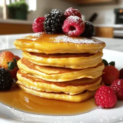 - 1 cup all-purpose flour - 1 tablespoon sugar - 1 tablespoon baking powder - 1/8 teaspoon salt These four items form the base for your eggless pancakes. All-purpose flour gives structure. Sugar adds sweetness. Baking powder makes them fluffy. Salt enhances flavor. - 1 cup milk (dairy or plant-based) - 2 tablespoons vegetable oil (or melted coconut oil) - 1 teaspoon vanilla extract The liquids bring moisture and flavor. Milk provides creaminess. Oil keeps pancakes tender. Vanilla extract adds a sweet aroma. - Fresh fruits - Maple syrup - Whipped cream - Chocolate chips Toppings make pancakes more fun. Fresh fruits add color and nutrition. Maple syrup gives sweetness. Whipped cream creates a dessert feel. Chocolate chips bring joy to every bite. For the full recipe, check the section above. 1. Start by sifting the dry ingredients. In a large bowl, add: - 1 cup all-purpose flour - 1 tablespoon sugar - 1 tablespoon baking powder - 1/8 teaspoon salt Sifting helps mix these ingredients evenly and adds air for fluffiness. 2. Next, mix the wet ingredients in a separate bowl. Combine: - 1 cup milk (or plant-based milk) - 2 tablespoons vegetable oil (or melted coconut oil) - 1 teaspoon vanilla extract Stir until everything blends well. 3. Now, combine the wet and dry mixes. Gradually pour the wet mix into the dry mix. Stir gently until just combined. It’s okay if there are a few lumps; overmixing can make the pancakes dense. 1. Preheat your skillet or griddle over medium heat. Make sure it’s hot. Lightly grease it with oil or cooking spray to stop the pancakes from sticking. 2. Pour the batter onto the hot skillet. Use about 1/4 cup for each pancake. Cook until bubbles form on the surface, which takes about 2-3 minutes. 3. Flip the pancakes. Cook for another 1-2 minutes, or until they turn golden brown. Check for doneness by pressing lightly; they should spring back. 1. Arrange your pancakes on a plate. You can stack them high for a nice presentation. 2. Get creative with garnishing! Use fresh fruits, maple syrup, whipped cream, or chocolate chips. For a special touch, sprinkle powdered sugar on top. This simple process will lead to delicious, fluffy pancakes. For the full recipe, check out the provided details above. Enjoy your cooking! To make eggless pancakes with the right texture, avoid overmixing. Mix the batter until just combined. A few lumps are okay. Overmixing makes the pancakes tough. Cook your pancakes at the right temperature. Set your skillet to medium heat. If the skillet is too hot, the pancakes can burn. If it's too cool, they won’t cook evenly. The right heat will give you golden brown pancakes. For flavor, you can add a pinch of cinnamon or nutmeg to the dry mix. This adds warmth and depth. You can also try a splash of almond extract for a different taste. Layer flavors by adding fruits like blueberries or bananas right into the batter. Top your pancakes with fresh fruits or drizzle with chocolate syrup for a sweet touch. Eggless pancakes can be lighter than traditional ones. They often have less cholesterol, making them a healthier choice. Using plant-based milk can also add vitamins and minerals. You can use almond, soy, or oat milk instead of regular milk. Each option brings its own health benefits. Eggless recipes can also be easier to digest for some people. They can be a great choice for those with egg allergies or dietary restrictions. For the full recipe, check out the Fluffy Eggless Pancakes! {{image_2}} You can easily make gluten-free pancakes. Simply swap all-purpose flour with gluten-free flour. Popular choices include almond flour or rice flour. Each flour type may change the taste and texture. Therefore, you might need to adjust the liquid in your batter. Start with the same amount and add more if needed. Here are some tips for gluten-free batter: - Mix the flour with a bit of xanthan gum for better texture. - Let the batter rest for about 10 minutes. This helps the flour absorb moisture. If you want vegan pancakes, you can replace the milk and oil in the recipe. Use plant-based milk like almond or oat milk. For the oil, you can use applesauce or mashed bananas. This adds flavor and moisture without eggs. You can also try these vegan-friendly alternatives: - Swap out sugar for maple syrup or agave nectar. - Add a tablespoon of ground flaxseed mixed with water to mimic egg texture. Adding flavors to your pancakes makes them extra fun. You can mix in chocolate chips or fresh berries to the batter. Chocolate chips give a sweet twist, while berries add a fruity touch. Spicing it up can also enhance your pancakes. Consider adding a pinch of cinnamon or nutmeg to the batter. These spices warm up the flavor and make your breakfast smell amazing. For more ideas, check out the Full Recipe. Enjoy the tasty journey of pancake making! After cooking your eggless pancakes, the key is to store them right. Let the pancakes cool to room temperature. This helps keep them fresh. Use an airtight container for storage. It prevents air from making them dry. You can stack them with parchment paper between layers. This avoids sticking and keeps them fluffy. When you're ready to eat leftovers, reheating is simple. Place pancakes in a microwave-safe dish. Cover them with a damp paper towel. This adds moisture and keeps them soft. Heat in the microwave for about 20-30 seconds. Check if they are warm enough. If not, heat for another 10 seconds. You can also use a skillet. Heat on low for about 1-2 minutes per side. This gives a nice crisp to the outside. Freezing pancakes is a great way to save time. First, let them cool completely. Then, stack them with parchment paper. Place the stack in a freezer-safe bag or container. Remove as much air as possible to avoid freezer burn. Label the bag with the date. For defrosting, take out the pancakes and leave them in the fridge overnight. You can also microwave them for a quick warm-up. Just remember to cover them to keep them moist. Yes, you can! If you want to try other flours, consider these options: - Whole wheat flour: This adds more fiber. - Oat flour: It gives a nice texture. - Almond flour: This is gluten-free and nutty. - Coconut flour: Use less, as it's very absorbent. Each flour changes the taste and texture. Adjust liquid as needed when using these flours. Want fluffier pancakes? Here are some tips to boost fluffiness: - Use fresh baking powder: This helps pancakes rise better. - Don’t overmix the batter: Mix until just combined. - Let the batter rest: A few minutes of resting helps bubbles form. - Whip the milk: For extra air, whisk milk before mixing. These small steps can make a big difference in your pancake's height. If you want healthier options, try these sugar substitutes: - Honey: Use less, as it's sweeter than sugar. - Maple syrup: This adds a nice flavor. - Agave nectar: It’s a liquid sweetener and lower on the glycemic index. - Stevia: A natural sweetener with no calories. These swaps can help make your pancakes healthier without losing taste. Yes, this recipe is great for kids! Here are some things to keep in mind: - No eggs: This makes it easier for kids with allergies. - Sweetness: Adjust sugar to fit their taste. - Fun toppings: Let kids choose their own toppings, like fruits or syrup. Kids can help mix and top their pancakes. It's a fun way to get them involved in cooking! Eggless pancakes are simple and fun to make. We covered essential ingredients, from flour to milk. Following easy steps helps you create a tasty batter. Cooking tips ensure perfect pancakes every time. You also learned about variations for dietary needs and delicious toppings. In my experience, these options invite everyone to enjoy pancakes. Whether for breakfast or a snack, eggless pancakes fit many lifestyles. So grab your ingredients, and start cooking! Your future meals will be tasty and friendly to all.