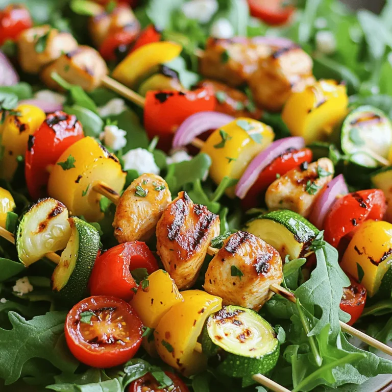 - 2 large chicken breasts, cut into 1-inch cubes - 1 cup bell peppers (red, yellow, green), chopped into 1-inch pieces - 1 medium red onion, cut into wedges - 1 zucchini, sliced into rounds - Additional ingredients for marination and salad - 1/4 cup feta cheese, crumbled - Fresh parsley, chopped (for garnish) - Alternatives for chicken include tofu for a vegetarian option - Use different vegetables for your skewers, like mushrooms or cherry tomatoes When I make BBQ chicken skewer salad, I focus on fresh and vibrant ingredients. The chicken is the star, but the veggies add a nice crunch. I love using bell peppers in various colors. They not only taste great, but they also make the dish look stunning. Zucchini is another favorite of mine. It absorbs flavors well and adds a soft texture after grilling. If you're not a fan of zucchini, try using mushrooms or squash instead. For those who want a creamy touch, feta cheese is a great option. It adds a salty kick that pairs well with the smoky BBQ flavor. Fresh parsley can brighten the dish too. It’s a simple way to take your salad to the next level. I often encourage people to experiment. Use your favorite veggies or even a different protein like shrimp. The main goal is to create a colorful, flavorful meal. For the full recipe, check out the detailed instructions above. To start, you need to marinate the chicken. In a bowl, combine the cubed chicken, olive oil, BBQ sauce, honey, salt, and pepper. Mix it well so all the chicken pieces are covered. This helps the chicken soak up all the flavors. Cover the bowl and let it sit in the fridge for at least 30 minutes. This marination time is key to juicy and tasty chicken. Next, prepare the skewers. Preheat your grill or grill pan to medium-high heat. Now, take the marinated chicken and thread it onto skewers. Add bell peppers, red onion, and zucchini, alternating the ingredients. This creates a colorful and appealing look. When arranging them, keep similar items together, so each bite has a mix of flavors. Now, it’s grilling time! Place the skewers on the grill and cook for about 10 to 12 minutes. Make sure to turn them occasionally. This helps the chicken cook evenly and get a nice char. The chicken should reach an internal temperature of 165°F. This temperature ensures it is safe to eat. You can brush on some extra BBQ sauce in the last few minutes for added flavor. While the skewers cook, let's assemble the salad. In a large bowl, mix the salad greens, cherry tomatoes, and feta cheese if you are using it. This mix adds freshness to your meal. Once the skewers are ready, let them sit for a minute. Then, place them on top of your salad mix. Garnish it with chopped parsley and drizzle some BBQ sauce if you like. This makes for a beautiful and tasty dish. For the full recipe, check out the instructions mentioned above to make this delightful BBQ Chicken Skewer Salad! To get a perfect char on your skewers, preheat your grill. Use medium-high heat for the best results. Keep an eye on your skewers. Turn them every few minutes. This helps the chicken and veggies cook evenly. If you want deep grill marks, don’t move them too soon. Let them sit for a moment before flipping. To avoid sticking to the grill, oil the grates before cooking. You can use a paper towel soaked in oil. Hold it with tongs and wipe the grates. This simple step makes a big difference. Also, make sure the chicken is dry. Pat it with a paper towel before seasoning. This helps it sear nicely. Pair your BBQ chicken skewer salad with a tangy dressing. I love a simple vinaigrette. You can mix olive oil, vinegar, and a touch of honey. For extra flavor, add herbs like basil or cilantro. If you want more crunch, sprinkle some nuts or seeds on top. For potlucks or gatherings, serve the salad in a big bowl. This makes it easy for guests to help themselves. Keep the skewers on top for a pretty look. You can also offer extra BBQ sauce on the side. It’s a fun way for everyone to customize their meals. Scaling the recipe is easy. Just multiply the ingredients by the number of servings you need. If you have a large group, consider using two grills. This cuts down on cooking time. For meal prep, marinate the chicken ahead of time. You can do this the night before. Also, chop the veggies and store them in the fridge. This makes cooking day a breeze. You’ll be ready to grill in no time. {{image_2}} You can switch up the BBQ sauce for a new taste. Try honey BBQ for a sweet twist. Or use a spicy sauce for heat. You can also mix sauces for a unique flavor. Marinades can add depth too. Try a citrus marinade with lime or orange. A soy sauce base can give a savory kick. Experiment with garlic and herbs for more flavor. If you want to change proteins, shrimp is a great option. Shrimp cooks fast and adds a nice touch. You can also use beef for a heartier choice. For a vegetarian meal, tofu is an excellent substitute. It soaks up flavors well and adds protein. You can grill it just like chicken for the same texture. Mix up your salad base for more variety. Use spinach, kale, or even quinoa for a grain touch. Each gives a different feel and taste to your salad. Adding nuts or seeds can bring crunch. Almonds, walnuts, or sunflower seeds work great. They add texture and healthy fats to your meal. After you enjoy your BBQ Chicken Skewer Salad, store any leftovers in the fridge. Use an airtight container to keep the salad fresh. Make sure to separate the skewers from the salad if possible. This helps the salad stay crisp. You can keep it in the fridge for up to three days. Check for any signs of spoilage before eating. You can freeze the BBQ chicken skewers if you have extra. Place them in a freezer-safe bag. Remove as much air as you can before sealing. The skewers can stay good for about three months. To thaw, simply move them to the fridge overnight. This keeps the chicken juicy and tasty. When you're ready to eat the skewers, reheat them carefully. The best way is to use an oven. Preheat it to 350°F (175°C). Place the skewers on a baking sheet and heat for about 10-15 minutes. Make sure the internal temperature reaches 165°F (74°C) for safety. You can also reheat them in a microwave. Heat in short bursts, checking often. Be sure to not overcook the chicken. Enjoy your meal! Yes, you can prep the BBQ chicken skewers in advance. Here are some tips: - Marinate the Chicken: You can marinate the chicken up to 24 hours before grilling. - Chop the Veggies: Cut the bell peppers, onion, and zucchini a day ahead. Store them in the fridge. - Assemble the Skewers: If you want, thread the chicken and veggies onto skewers a few hours before cooking. Keep them in the fridge until ready to grill. Serving sides can enhance your meal. Here are some ideas: - Grilled Corn on the Cob: Sweet and smoky, corn pairs well with BBQ flavors. - Potato Salad: A creamy potato salad balances the freshness of the salad. - Coleslaw: Crunchy coleslaw adds texture and a tangy taste. - Drinks: Serve with iced tea, lemonade, or a chilled white wine. To check if your chicken skewers are fully cooked, look for these signs: - Color: The chicken should be white, not pink. - Juices: Clear juices should run when you cut into the chicken. - Temperature: Use a meat thermometer. The safe internal temperature is 165°F. These tips help you serve a safe and delicious BBQ chicken skewer salad. For the full recipe, refer to the earlier section. In this post, we covered how to make delicious BBQ chicken skewers and a refreshing salad. I shared essential ingredients, step-by-step cooking instructions, and helpful tips for grilling. Remember, you can mix and match proteins and veggies based on your taste. Perfecting this dish makes it great for gatherings and meals. Prepare in advance and enjoy your time with friends and family. Good food brings people together, and these skewers will surely impress!