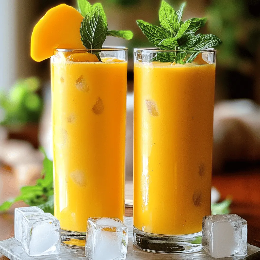 To make the best Mango Mint Lassi, you'll need the following ingredients: - 1 ripe mango, peeled and diced - 1 cup plain yogurt (preferably Greek yogurt for creaminess) - 1/2 cup milk (can use almond or coconut milk for a dairy-free option) - 1/4 cup fresh mint leaves, chopped - 2 tablespoons honey or maple syrup (adjust based on sweetness preference) - 1/2 teaspoon ground cardamom (optional for a hint of spice) - Ice cubes (optional, for a chilled version) - A pinch of salt Choosing the right mango is key for a tasty lassi. Here are some tips: - Look for mangoes that feel slightly soft when you press them. - Check for a sweet aroma near the stem. This shows ripeness. - The skin can be green, yellow, or red, depending on the type. Focus on feel and smell. - Avoid mangoes with dark spots or wrinkles. These might be overripe. If you want to make your lassi different, here are some options: - For a dairy-free version, use almond milk or coconut milk instead of regular milk. - Swap Greek yogurt with a dairy-free yogurt made from coconut or cashews. - To make it sweeter, add more honey or maple syrup, or use agave nectar. - You can also try adding a banana for extra sweetness and creaminess. These choices keep your Mango Mint Lassi refreshing and fun while meeting various diets! For the full recipe, check the recipe section above. To make Mango Mint Lassi, start with fresh, ripe mango. This gives the drink a sweet and rich flavor. First, peel and dice the mango into small pieces. Next, grab your blender. In the blender, add the diced mango, one cup of plain yogurt, and half a cup of milk. You can use almond or coconut milk if you want a dairy-free option. Then, add two tablespoons of honey or maple syrup. This will sweeten the lassi, but you can adjust it later. Next, throw in the chopped mint leaves and a pinch of salt. The salt brings out the best flavors. If you like a hint of spice, add half a teaspoon of ground cardamom now. Blend the mixture on high speed until it becomes smooth and creamy. If you like it chilled, add ice cubes and blend again. To get the perfect consistency, watch how the lassi blends. It should be thick but pourable. If it’s too thick, add a little more milk. Blend again until it reaches your desired texture. If you find it too sweet, taste it and add more yogurt or a splash of milk to balance the flavors. Once you are happy with the blend, pour the lassi into tall glasses. For a beautiful presentation, garnish each glass with a sprig of fresh mint. You can also add a slice of mango on the rim for an extra pop of color. This makes it look as good as it tastes. Serve right away and enjoy your refreshing Mango Mint Lassi! For the complete recipe, check the Full Recipe. To make a great Mango Mint Lassi, choose a ripe mango. A ripe mango feels slightly soft when you press it. Use plain Greek yogurt for a rich, creamy texture. Blend your ingredients well. This helps create a smooth and enjoyable drink. Adjust the sweetness by adding honey or maple syrup. Taste as you blend to get it just right. Don’t skip the salt. A pinch of salt boosts the mango flavor. Avoid over-blending. If you blend too long, the lassi may turn runny. Keep an eye on the texture. Don’t forget to add mint leaves. They add a fresh taste that makes the drink special. Lastly, ensure you chill your ingredients beforehand if you want a cool drink. You can add spices to elevate your lassi. A little ground cardamom gives a warm, sweet note. Try adding cinnamon or nutmeg for a cozy twist. If you love herbs, consider adding basil or cilantro. These can add a unique flavor that surprises the palate. Always taste as you go. This helps you find the perfect balance! {{image_2}} You can get creative with your Mango Mint Lassi. Try adding other fruits to change up the flavor. For example, add some ripe bananas for creaminess or a handful of berries for a tart kick. Pineapple can add a sweet and tangy twist. Each fruit will bring its unique taste and texture, making your lassi even more enjoyable. Flavored yogurts can add a fun twist to your lassi. You might like coconut or vanilla yogurts for a different taste. If you prefer non-dairy, almond yogurt or soy yogurt works great. These options can also give your lassi a rich flavor and help keep it creamy. Don’t hesitate to experiment with what you love. Want to boost the nutrition in your lassi? Adding protein powder is a simple way. You can also include chia seeds or flaxseeds for extra fiber and omega-3s. If you want a superfood kick, add a spoon of spirulina or matcha powder. These additions not only enhance the health benefits but also make your drink more filling. For the full recipe, check out the Mango Mint Lassi . To keep your Mango Mint Lassi fresh, store it in a sealed container. Glass jars work well. Make sure to leave some space at the top. This allows for expansion if you freeze it later. Always refrigerate any leftovers. This helps maintain flavor and texture. You can store Mango Mint Lassi in the fridge for up to three days. After that, it may lose its creamy texture. Always check for freshness before drinking. If it smells off or looks strange, it’s best to toss it. If you want to keep it longer, freezing is a great option. Pour the lassi into ice cube trays or freezer-safe containers. Leave some space in the container for expansion. When you're ready to enjoy it, thaw overnight in the fridge. You can also blend it again for a smooth drink. This method helps keep the flavors locked in. Enjoy your refreshing treat anytime! For the full recipe, check it out [here](#). Mango Mint Lassi is a yogurt-based drink from India. It blends sweet mango with fresh mint. This drink cools you down in hot weather. It is a popular choice during summer. Lassi is a traditional beverage that dates back centuries. It often appears in Indian meals. Mango is India’s most loved fruit, making this drink special. To make Mango Mint Lassi vegan, swap the yogurt and milk. Use coconut or almond yogurt instead of dairy yogurt. Replace regular milk with almond or oat milk. This keeps the drink creamy and delicious. You still get the fruity flavors without any dairy. Yes, you can use frozen mangoes for this recipe. They make the drink extra cold and refreshing. Just ensure they are ripe and sweet before freezing. Using frozen mangoes can save time, too. You can skip the ice cubes when using them. Adjusting sweetness in your Mango Mint Lassi is easy. Start with the honey or maple syrup. Taste the lassi after blending. If it needs more sweetness, add a bit more. Mix again until you reach your desired sweetness. You can also use ripe mangoes to add natural sweetness. Mango Mint Lassi is a refreshing drink made with ripe mangoes and fresh mint. We covered all the ingredients, tips for picking mangoes, and alternatives to meet your needs. The step-by-step instructions will help you create the perfect blend. I shared key tips and common mistakes to avoid for great results. You can also explore fun variations and storage tips. Enjoy this tasty treat and make it your own!