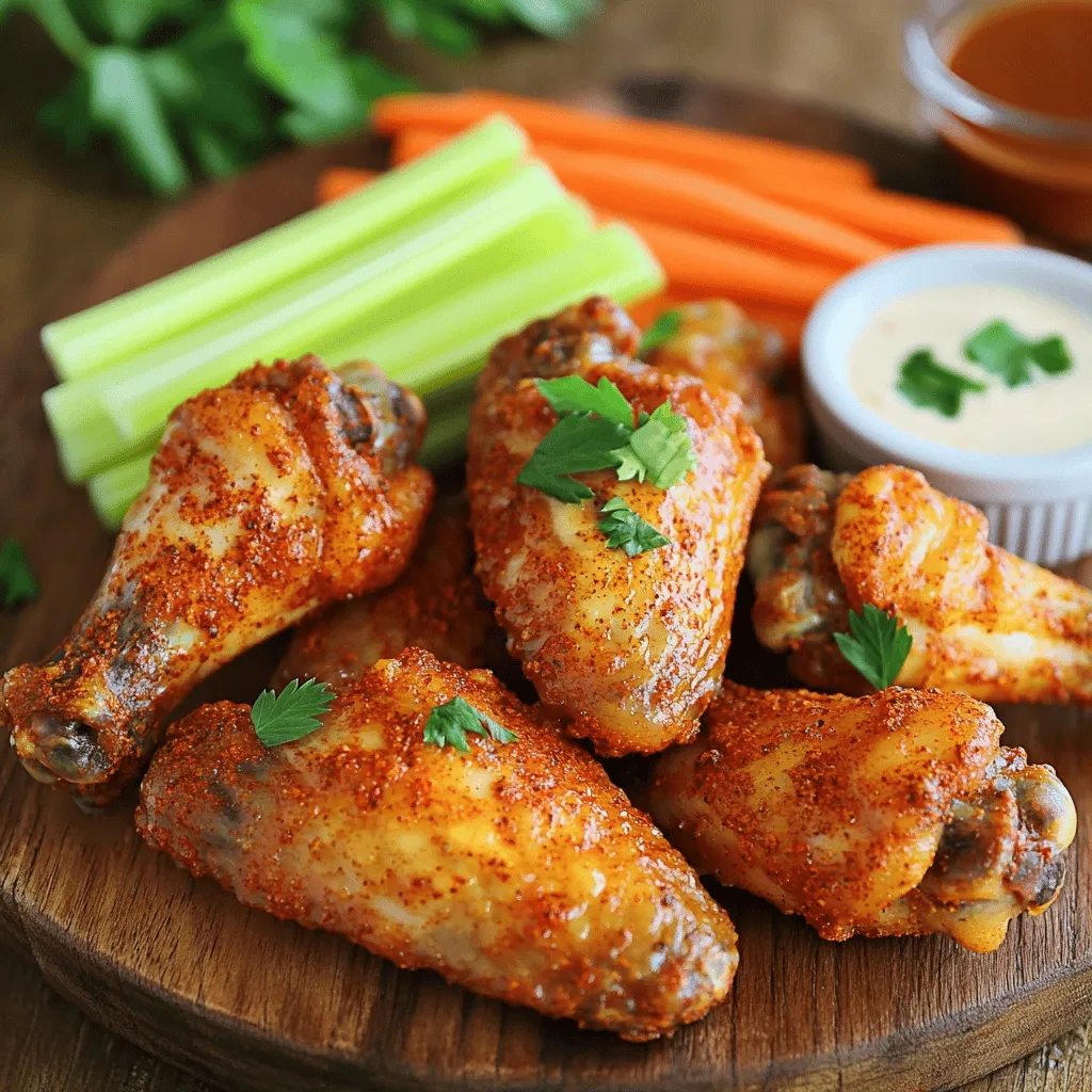 To make crispy air fryer chicken wings, you will need the following: - 2 lbs chicken wings, separated into flats and drumettes - 1 tablespoon baking powder - 1 teaspoon garlic powder - 1 teaspoon onion powder - 1 teaspoon smoked paprika - ½ teaspoon cayenne pepper (adjust to taste) - Salt and pepper to taste - 2 tablespoons olive oil - Optional: Fresh parsley for garnish These ingredients work together to create a crunchy outer layer and juicy inside. Measuring ingredients correctly is key for great wings. Use standard measuring spoons and cups. Here are some tips: - Use dry measuring cups for solid ingredients like baking powder and spices. - Use liquid measuring cups for olive oil. - Level off each spoon or cup with a straight edge to avoid extra or less. - When using spices, make sure to pack them lightly for even flavor. This precision ensures that each bite is just right. You can change the flavor of your wings with different seasonings. Here are some suggestions: - Buffalo Sauce: Add heat with classic hot sauce for a buffalo wing taste. - Lemon Pepper: Mix lemon zest and cracked pepper for a zesty twist. - Honey Garlic: Combine honey and garlic for a sweet and savory option. - Cajun Spices: Use Cajun seasoning for a southern kick. Experiment with these options to find your favorite flavor! For the full recipe, refer back to the beginning. To start, you need to prep the chicken wings. Take 2 pounds of chicken wings and separate them into flats and drumettes. This helps them cook evenly. Next, pat the wings dry with paper towels. Make sure they are really dry. Dry wings will get crispy in the air fryer. This step is key for great texture. Now, let’s make the seasoning mix. In a big bowl, combine the following: - 1 tablespoon baking powder - 1 teaspoon garlic powder - 1 teaspoon onion powder - 1 teaspoon smoked paprika - ½ teaspoon cayenne pepper (adjust to taste) - Salt and pepper to taste Mix these ingredients well. The baking powder helps create that crispy skin. Then, add the dried chicken wings to the bowl. Drizzle 2 tablespoons of olive oil over the wings. Toss everything together until the wings are fully coated with the seasoning. This adds flavor to every bite. Next, it’s time to cook the wings! First, preheat your air fryer to 380°F (193°C) for about five minutes. This step is important for even cooking. Once preheated, place the seasoned wings in a single layer in the air fryer basket. Leave space between each wing for proper air circulation. Cook them for 25 to 30 minutes. Remember to shake the basket halfway through to ensure they cook evenly. If you want them extra crispy, increase the temperature to 400°F (204°C) for the last five minutes of cooking. After cooking, take the wings out and let them rest for a couple of minutes. If you want to make them look nice, garnish with fresh parsley. Enjoy your crispy air fryer chicken wings! You can find the Full Recipe for more details. To make your chicken wings super crispy, start with dry wings. Moisture is the enemy of crispiness. Use paper towels to pat them dry. Next, use baking powder in your spice mix. This helps create a crunchy coating. When you add the wings to the air fryer, make sure they are in a single layer. Crowding the basket can lead to soggy wings. Air needs room to flow around the wings for even cooking. If you want extra crunch, cook the wings at a higher temperature for the last few minutes. One common mistake is not drying the wings enough. Wet wings will not get crispy. Another mistake is skipping the oil. Olive oil helps the seasoning stick and adds flavor. Don’t forget to shake the basket halfway through cooking. This ensures even crisping on all sides. Lastly, avoid cooking wings straight from the fridge. Let them sit at room temperature for 15-30 minutes before cooking. This helps them cook evenly. For perfect wings, cook them for 25-30 minutes at 380°F (193°C). This time will give you tender meat and crispy skin. If you like them extra crispy, increase the temperature to 400°F (204°C) for the last 5 minutes. Keep an eye on them so they don’t burn. Always check the wings towards the end of cooking. Adjust times based on your air fryer model, as they can vary. For more details, check out the Full Recipe. {{image_2}} You can change the taste of your crispy air fryer chicken wings easily. For a spicy kick, add more cayenne pepper or some hot sauce. If you want a sweet flavor, try adding honey or brown sugar to the seasoning. You can also use different spices like curry powder or lemon pepper for a unique taste. Experiment with garlic and soy sauce for an Asian twist. The options are endless! Not everyone has an air fryer. You can still make crispy wings using your oven or a deep fryer. If using an oven, set it to 425°F (220°C) and cook the wings on a wire rack. This helps air flow around them, making them crispy. If you prefer frying, heat oil to 350°F (175°C) and fry the wings until golden brown. Each method gives a different texture, so try what you like best! Once your wings are ready, it's time to serve! Pair them with classic dips like ranch or blue cheese. You can also make a spicy buffalo sauce by mixing melted butter with hot sauce. For sides, serve celery and carrot sticks for crunch. Try adding some crispy fries or a fresh salad to round out the meal. These suggestions will make your wings even tastier! For the full recipe, check out the earlier section. If you have leftover wings, let them cool first. Place them in an airtight container. This keeps them fresh longer. You can store them in the fridge for up to three days. Make sure to label the container with the date. This helps you know when to eat them. To reheat wings, preheat your air fryer to 375°F (190°C). Place the wings in the basket without stacking. Heat them for about 7-10 minutes. This method helps restore their crispiness. If you don’t have an air fryer, you can use an oven. Preheat it to 350°F (175°C) and bake for 10-15 minutes. You can freeze chicken wings for later use. First, cool them completely. Then, place them in a freezer-safe bag or container. Remove as much air as possible to prevent freezer burn. Frozen wings can last up to three months. When you’re ready to eat, thaw them in the fridge overnight before reheating. This keeps them tasty and safe to eat. For the full recipe, check out the Crispy Air Fryer Chicken Wings section. You should cook chicken wings in an air fryer for 25 to 30 minutes. Set the air fryer to 380°F (193°C). For even cooking, shake the basket halfway through. If you want them extra crispy, raise the temperature to 400°F (204°C) for the last 5 minutes. Yes, you can use frozen chicken wings. Just add a few extra minutes to the cooking time. Cook them for about 30 to 35 minutes at 380°F (193°C). Remember to shake the basket to ensure even cooking. The best way to season air fryer chicken wings is to use a mix of spices. I like using baking powder, garlic powder, onion powder, smoked paprika, and cayenne pepper. This mix gives the wings flavor and helps them get crispy. Toss the wings in the seasoning mix and olive oil before cooking. For more details, check the Full Recipe. In this article, I shared how to make crispy air fryer chicken wings. You learned about key ingredients, measuring tips, and seasoning ideas. I detailed step-by-step instructions for prepping, seasoning, and cooking. I also shared tips for crispiness, common mistakes, and cooking times. You now have ideas for flavor variations and serving suggestions. Lastly, I covered storage and reheating best practices. Enjoy your chicken wings crispy and flavorful!