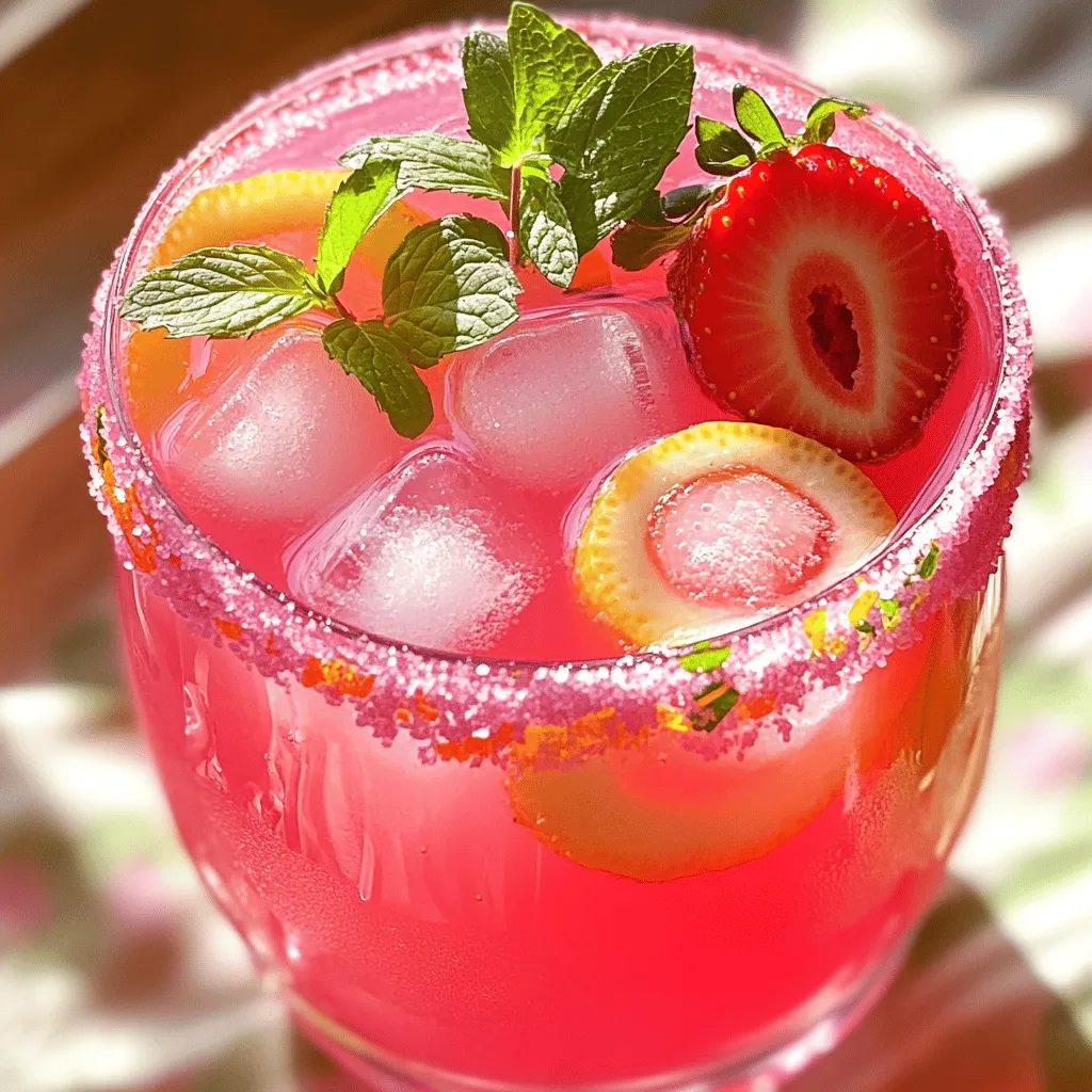 To make the perfect Barbie Pink Lemonade, you need simple, fresh ingredients. Each one adds flavor and fun. Here’s what you need: - Fresh lemon juice - Granulated sugar - Cold water - Cranberry juice - Vanilla extract - Fresh strawberries - Fresh mint leaves - Ice cubes Fresh lemon juice gives a bright taste. Use about 4 to 6 lemons for one cup. Granulated sugar sweetens the drink. You can adjust the amount to fit your taste. Cold water helps balance the strong lemon flavor. Cranberry juice adds a lovely pink color. Just one cup makes a big difference. Vanilla extract adds a nice hint of sweetness. For garnish, use fresh strawberries and mint leaves. They make the drink look pretty. Finally, don’t forget the ice cubes! They keep your drink nice and cold. For the full recipe, check out the instructions later in this article. Enjoy making this refreshing drink! To make Barbie Pink Lemonade, follow these easy steps. You will enjoy the process! 1. Combine lemon juice and sugar. Start by squeezing fresh lemons. You need about 4 to 6 lemons for 1 cup of juice. Pour the juice into a large pitcher. Add 1 cup of granulated sugar. Stir well until all the sugar dissolves. 2. Add cold water and cranberry juice. Next, pour in 4 cups of cold water. This helps to dilute the strong lemon flavor. Then, add 1 cup of cranberry juice. This gives the drink a lovely pink color and a hint of sweetness. 3. Mix in vanilla extract. Now, add 1/2 teaspoon of vanilla extract to the mix. This adds a unique twist to the lemonade. Stir gently so the vanilla blends well with the other flavors. 4. Chill before serving. Taste your lemonade to see if you want to add more sugar. If you do, add it slowly. Once you’re happy with the taste, cover the pitcher and chill it in the fridge for at least 1 hour. This allows the flavors to meld together nicely. When you’re ready to serve, fill glasses with ice cubes. Pour the chilled pink lemonade over the ice. Garnish with fresh strawberries and mint leaves for a fun touch. Enjoy your refreshing drink! For the full recipe, check the section above. How can you adjust sugar levels in Barbie Pink Lemonade? Start by tasting the drink. If it’s too tart, add more sugar. Mix in small amounts. Stir well after each addition. This way, you find the right balance for your taste. What about using alternative sweeteners? You can try honey, agave, or stevia. These options can add different flavors. Remember to use less of these sweeteners. They can be sweeter than sugar. Need quick chilling tips? Try this: fill glasses with ice before pouring. This cools the drink fast. You can also place the pitcher in an ice bath. Just use a larger bowl filled with ice and water. It speeds up chilling! Thinking about making a large batch? Just double or triple the recipe. Use a bigger pitcher. Make sure you have enough space in your fridge to cool it all. Want fun presentation ideas for gatherings? Serve the pink lemonade in clear glasses. This shows off its lovely color. You can also rim the glasses with colorful sugar for a festive touch. How about garnishing with mint and strawberries? Slice fresh strawberries and add them to each glass. Place a few mint leaves on top for a pop of green. This not only looks great but adds fresh flavor! {{image_2}} You can easily change Barbie Pink Lemonade to fit your taste. Try adding fresh strawberries or raspberries for a fruity twist. Use about one cup of your chosen fruit. Blend it in before chilling. This will give your drink a colorful look and a burst of flavor. You can also mix in other citrus fruits. Think about adding orange or lime juice. This adds a zesty kick. Just use about a quarter cup of each fruit juice. These twists make your lemonade even more fun and tasty. If you want a fizzy drink, try making sparkling pink lemonade. You can do this by adding soda water or lemon-lime soda. Use about two cups of soda for that bubbly effect. Pour it in right before serving to keep the fizz. This sparkling version is perfect for summer parties. It adds a lively feel to your gathering. Everyone will love the refreshing bubbles! Barbie Pink Lemonade makes a great mocktail. You can add fresh herbs like rosemary or basil for a unique touch. Muddle a few leaves in the glass before pouring in the lemonade. This gives a fresh aroma and flavor. At parties, you can serve it in fun glasses. Use colorful straws or drink umbrellas to make it special. Adding ice cubes with frozen fruit inside can make a beautiful presentation. These ideas will impress your guests and keep the drinks cool. For the full recipe, check out the complete instructions. To keep leftover Barbie Pink Lemonade fresh, pour it into a sealed container. I like to use a glass pitcher with a lid. This helps keep the flavor strong. Store it in the fridge for the best results. When it comes to garnishes, keep strawberries and mint separate. This way, they stay fresh and don't wilt. Add them just before serving for a vibrant touch. In the fridge, your lemonade lasts about 3 to 5 days. After that, it may start to lose flavor. Watch for signs of spoilage, like a strange smell or cloudiness. If you see either, it’s best to toss it. Enjoy your Barbie Pink Lemonade while it’s fresh! You can use fresh or bottled cranberry juice. Fresh cranberries give a stronger taste, but they need to be cooked down. Bottled juice is easy and quick. I often choose bottled juice for this recipe. It adds great color and flavor without extra work. Yes, you can make this lemonade ahead of time. It’s perfect for parties or picnics. Just mix it up, chill it, and store it in the fridge. This allows the flavors to blend well. I recommend making it a few hours before serving. Absolutely! If you find the lemonade too tart, add more sugar. You can also use a little honey or agave syrup for sweetness. Start by adding a small amount, and taste as you go. This helps you find the perfect balance. You can find Barbie Pink Lemonade products at local grocery stores. Many stores carry cranberry juice and lemons. You can also buy online. Look for juice blends and fun garnishes to match the theme. Yes, you can easily adjust the serving size. If you want to make more, just double the recipe. If you need less, cut the amounts in half. This gives you the freedom to serve just the right amount. Use the full recipe for reference as you adjust. This blog post covered making a delightful pink lemonade with a twist. We explored the key ingredients like lemon juice, cranberry juice, and fresh fruits. You learned the preparation steps and tips for sweetness and speed. Variations included sparkling options and mocktails, perfect for any gathering. As you mix and match flavors, remember to store any leftovers properly. Enjoy your refreshing drink, share with friends, and have fun creating. Happy mixing!