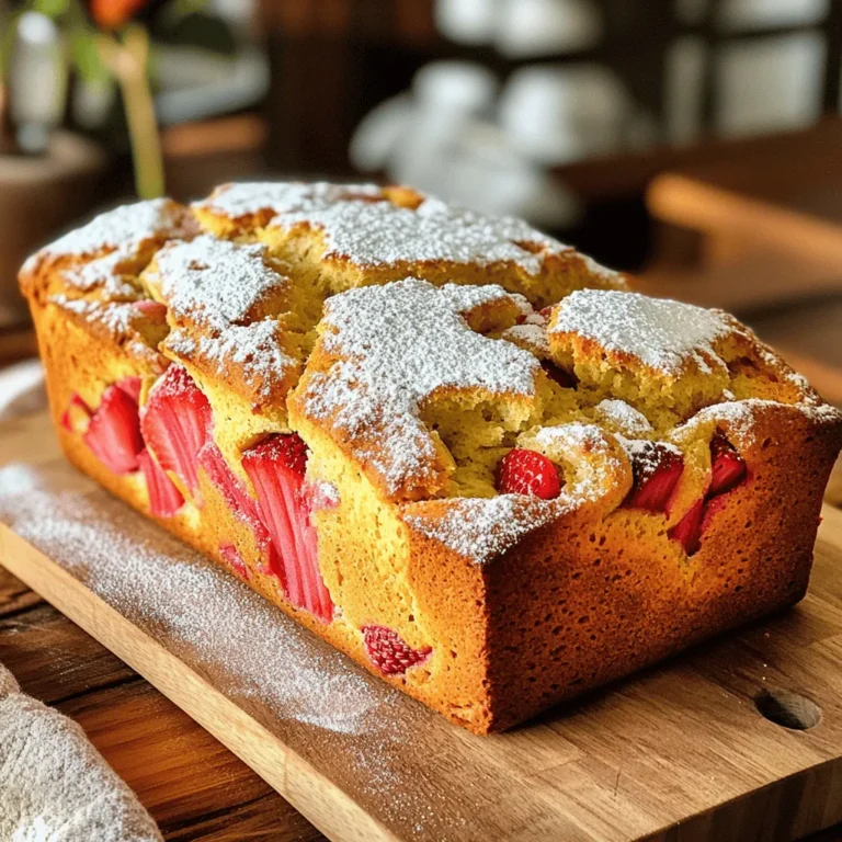 For this Strawberry Rhubarb Bread, you will need: - 1 cup fresh strawberries, hulled and diced - 1 cup rhubarb, diced - 1/2 cup unsalted butter, softened - 1 cup granulated sugar - 2 large eggs - 1 teaspoon vanilla extract - 1/2 cup Greek yogurt - 2 cups all-purpose flour - 1 teaspoon baking powder - 1/2 teaspoon baking soda - 1/4 teaspoon salt - 1/2 teaspoon cinnamon (optional) - 1/4 cup chopped walnuts or pecans (optional) You can add some fun twists to your bread: - 1/2 teaspoon almond extract for a nutty flavor - 1 tablespoon lemon zest for a fresh taste - 1/2 cup shredded coconut for texture - A handful of chocolate chips for a sweet touch If you need to make swaps, here are some ideas: - Replace all-purpose flour with gluten-free flour for a gluten-free option. - Use coconut oil instead of butter for a dairy-free choice. - Swap Greek yogurt with applesauce for a lower-fat option. - Use honey or maple syrup in place of granulated sugar for a natural sweetener. By using these ingredients and options, you can make a tasty and unique strawberry rhubarb bread that fits your needs. For the full recipe, check out the detailed steps. Start by preheating your oven to 350°F (175°C). This step is key for even baking. Next, grease and flour a 9x5-inch loaf pan. This will keep the bread from sticking. In a medium bowl, toss the diced strawberries and rhubarb with one tablespoon of sugar. Set this mixture aside for later. It draws out moisture and boosts flavor. In a large bowl, cream together the softened butter and the remaining sugar. Use an electric mixer for this. Mix until the mixture is light and fluffy. Now, beat in the eggs one at a time. After that, add the vanilla extract and Greek yogurt, mixing until everything is combined. In another bowl, whisk together the flour, baking powder, baking soda, salt, and cinnamon if you want to use it. Gradually add the dry mix to the wet mix. Stir until just combined. Be careful not to over-mix, or the bread may end up dense. Now, gently fold in the strawberries and rhubarb. If you’re using nuts, fold those in too. Finally, pour the batter into your prepared loaf pan and smooth the top. For the full recipe, you can refer to the section above. To get the best texture in your strawberry rhubarb bread, follow these steps: - Use fresh fruit: Fresh strawberries and rhubarb add great flavor and moisture. - Cream the butter and sugar well: This helps to create a light and fluffy mix. - Do not over-mix: Mix just until combined to keep the bread soft and tender. - Check doneness: Insert a toothpick into the center. If it comes out clean, it’s done. Here are some common mistakes to watch out for: - Skipping the fruit prep: Tossing strawberries and rhubarb with sugar is key. It brings out their flavors. - Ignoring oven temperature: Always preheat your oven before baking. This ensures even cooking. - Using old ingredients: Check your baking powder and baking soda. Freshness matters for rising. - Not letting it cool: Give the bread time to cool in the pan. This helps it set properly. You can add extra flavors to your bread with these optional ingredients: - Cinnamon: A half teaspoon adds warmth and spice to the mix. - Nuts: Chopped walnuts or pecans add crunch and depth. - Zest: Adding lemon or orange zest brightens the flavors. - Oats: Mixing in oats gives texture and heartiness. These tips will help you create a delightful strawberry rhubarb bread. For the complete recipe, check out the Full Recipe section! {{image_2}} You can enjoy this bread without gluten. Substitute all-purpose flour with a gluten-free blend. Make sure the blend has a binding agent, like xanthan gum. This will help the bread hold its shape. Follow the same instructions as in the Full Recipe. The taste remains bright and delicious. Want to spice things up? Add cinnamon or nutmeg for warmth. You can also try ginger for a zesty twist. Mix these spices into the dry ingredients. This simple change can elevate your bread to a new level. Each bite will be full of flavor and surprise. Feel free to mix in other fruits! Blueberries, peaches, or apples work great. Just chop them into small pieces like the strawberries and rhubarb. Each fruit brings its unique taste and texture. Experimenting can lead to new favorite combinations. Don't be afraid to get creative! To keep your Strawberry Rhubarb Bread fresh, wrap it tightly in plastic wrap. This method prevents air from drying it out. You can also place it in an airtight container. Store it at room temperature for up to three days. If you want to keep it longer, consider freezing it. To freeze your bread, slice it first. This way, you can take out just what you need later. Wrap each slice in plastic wrap. Then, place the wrapped slices in a freezer-safe bag. This method helps to keep the bread fresh for up to three months. Just label the bag with the date for easy reference. When you're ready to enjoy your bread, reheating is easy. Simply take a slice and warm it in the microwave for about 10-15 seconds. You can also toast it for a crispy texture. If you prefer, heat the whole loaf in an oven at 350°F (175°C) for about 10-15 minutes. Enjoy it warm to experience the delightful flavors once again. For more details, check the Full Recipe. Yes, you can use frozen strawberries or rhubarb. Just make sure to thaw them first. Drain any excess liquid before adding them to your batter. This way, the bread won’t become too soggy. Fresh fruit gives the best flavor, but frozen works well in a pinch. This recipe stands out for its balance of flavors. The sweet strawberries blend perfectly with the tartness of rhubarb. The addition of Greek yogurt keeps the bread moist and adds a slight tang. This combination gives you a unique taste you won’t find in most recipes. You can easily adjust the sweetness of your bread. If you prefer it sweeter, add more sugar, like an extra 1/4 cup. If you want it less sweet, reduce the sugar. Remember, the fruit adds natural sweetness too, so taste as you go! Serve this bread warm or at room temperature. You can slice it and dust it with powdered sugar for a nice look. Pair it with a dollop of whipped cream for a treat. Enjoy it as breakfast or a snack with a cup of tea or coffee. Check out the Full Recipe for more ideas! This blog post covered how to make delicious Strawberry Rhubarb Bread. We discussed the main ingredients and some fun variations. You learned helpful tips for baking and storing your bread. Don't forget to try different fruits and spices for your recipes. Enjoy making this easy dish! It’s perfect for any gathering or a cozy night in. Now, go bake and share your tasty creations!