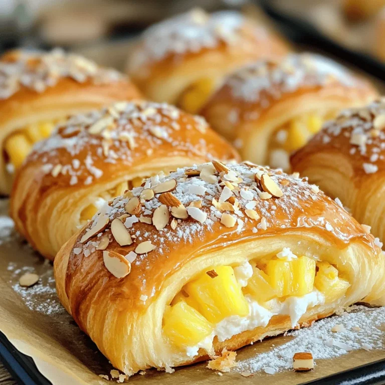 - 1 package of King's Hawaiian Sweet Rolls (12 rolls) - 8 oz cream cheese, softened - 1/2 cup powdered sugar - 1 teaspoon vanilla extract - 1/4 cup sour cream - 1 tablespoon lemon juice - 1/4 cup crushed pineapple, drained - 1 egg (for egg wash) - Optional: Sliced almonds or shredded coconut for topping The main star of our dessert is the King's Hawaiian Sweet Rolls. These rolls are soft and sweet. They give a lovely base for the cheesecake filling. The cream cheese mixture is rich and smooth. You mix cream cheese, powdered sugar, and vanilla for a sweet touch. Adding sour cream and lemon juice helps balance the flavors. Crushed pineapple adds a tropical twist, making each bite bright and fresh. - Mixing Bowls - Baking Sheet - Whisk You will need a few tools to make this Danish. Mixing bowls are essential for combining ingredients. A baking sheet is needed to hold the Danish while they bake. Lastly, a whisk helps blend the cream cheese mixture smoothly. These tools make the process simple and fun. You can easily find all of them in your kitchen. For the full recipe, visit the provided link. Enjoy creating this tasty treat! - Preheat Oven First, set your oven to 350°F (175°C). This warm-up step is key for even baking. - Prepare Cream Cheese Mixture In a mixing bowl, beat the softened cream cheese until it’s smooth. Then, add the powdered sugar, vanilla extract, sour cream, lemon juice, and crushed pineapple. Mix it well until you have a fluffy and creamy texture. This mixture gives the Danish its sweet, tangy flavor. - Flattening the Rolls Take your King's Hawaiian Sweet Rolls and gently separate them. Flatten each roll slightly with your fingers. This will create a nice base for the filling. - Filling the Rolls Spoon a generous amount of the cream cheese mixture into the center of each flattened roll. Fold the edges over to form a pouch. Pinch the seams to seal them well. This keeps the filling from spilling out while baking. - Egg Wash Application In a small bowl, whisk the egg to create the egg wash. Brush this mixture on top of each Danish. This step gives them a lovely golden color. - Baking Time and Temperature Place the filled rolls seam side down on a parchment-lined baking sheet. Bake in the preheated oven for 18-20 minutes. Keep an eye on them. They should turn golden brown and smell amazing when done. To make the cream cheese mixture just right, start with sweetness. You can adjust it to your taste. If you want it sweeter, add a bit more powdered sugar. Taste it as you mix to find your perfect level. Next, focus on cream cheese consistency. Make sure it's very soft. Let it sit out for a bit, or microwave it for a few seconds. This will help it blend smoothly. A smooth mixture spreads better and tastes great. Place your baking sheet in the center of the oven. This helps the heat spread evenly. If the rolls are too close to the top or bottom, they might bake unevenly. Keep an eye on baking times. Start checking at 18 minutes. The rolls should be golden brown. If they need more time, check them every two minutes. This helps you avoid overbaking. These rolls taste best warm. Serve them right out of the oven for maximum flavor. For pairings, think about fresh fruit or a scoop of vanilla ice cream. The sweet rolls go well with sweet toppings. You can also drizzle some honey for an extra touch. Enjoy them with friends for a delightful treat. For the full recipe, check the earlier sections! {{image_2}} Add-ins for Cream Cheese Mixture You can make the cream cheese mixture even more fun. Try adding: - Fresh berries like blueberries or strawberries - Chocolate chips for a sweet kick - Lemon zest for a bright flavor - A dash of cinnamon for warmth These additions can bring new tastes to your Danish. Mix in your chosen add-ins before filling the rolls. Alternative Toppings Toppings can change the look and taste of your Danish. Consider these options: - Drizzled chocolate for a sweet touch - Fresh fruit like kiwi or mango for color - Caramel sauce for a rich finish These toppings not only enhance flavor but also make your Danish more appealing to the eye. Gluten-Free Options If you need a gluten-free treat, use gluten-free sweet rolls. Many brands offer good options that taste great. Just ensure your cream cheese and other ingredients are gluten-free too. Vegan Substitutes For a vegan version, swap the cream cheese with a plant-based cream cheese. Instead of an egg wash, use almond milk or a flax egg to achieve a nice golden color. These changes make it easy for everyone to enjoy this dessert. Creating Mini Danish To make mini Danish, cut each roll into smaller pieces. Fill with the cream cheese mixture like before. These bite-sized treats are perfect for parties or snacks. Baking Times for Smaller Portions Mini Danish will bake faster than full-sized ones. Check them around 12-15 minutes to avoid overbaking. Keep an eye on them until they turn golden brown. Feel free to explore these variations! You can adjust the recipe to fit your taste and needs. To keep your King's Hawaiian Cheesecake Danish fresh, store it in the fridge. Place the cooled Danish in an airtight container. This helps prevent them from drying out. They can stay fresh for about three days in the fridge. If you want to keep them longer, freezing is a great choice. To freeze, wrap each Danish tightly in plastic wrap. Then, place them in a freezer-safe bag. This keeps them tasty for up to three months. When you're ready to enjoy them, simply thaw them in the fridge overnight. When reheating, you have two options: the oven or the microwave. For the best results, use the oven. Preheat it to 350°F (175°C). Place the Danish on a baking sheet and heat for about 10 minutes. This method keeps them warm and crispy. If you're short on time, the microwave works too. Heat each Danish for about 20-30 seconds. Be careful not to overheat them, as this can make them chewy. Enjoy the warm, gooey goodness! A King's Hawaiian Cheesecake Danish is a sweet pastry made from King's Hawaiian Sweet Rolls. These rolls are soft, fluffy, and slightly sweet. Inside, you find a rich cream cheese filling mixed with pineapple, sugar, and vanilla. The combination of flavors creates a delightful treat. When baked, they turn golden brown, making them look as good as they taste. You can find King's Hawaiian Cheesecake Danish at many grocery stores. Look in the bakery section for King's Hawaiian Sweet Rolls. Stores like Walmart, Kroger, or Target often carry them. If they are not available, you can also check online. Many stores offer delivery options or curbside pickup. Yes, you can prepare this recipe ahead of time. You can make the cream cheese filling and store it in the fridge. Keep it in an airtight container. You can also assemble the Danish and keep them in the fridge before baking. Just cover them with plastic wrap. Bake them when you are ready to enjoy. You can tell the Danish is done by its color. They should be golden brown on top. If you tap the bottom, it should sound hollow. Another tip is to check the filling. It should be warm and bubbly. These signs mean your rolls are perfectly baked and ready to eat. This blog post covered how to make a King's Hawaiian Cheesecake Danish. We explored key ingredients, the right tools, and step-by-step instructions for assembly and baking. I shared tips for getting the cream cheese just right and recommended flavor and dietary variations. We also discussed how to store and reheat leftovers, plus answered frequently asked questions. Enjoy your delicious creation! This treat is sure to impress.