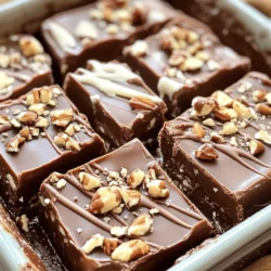 To make Hershey’s Chocolate Fudge, you need a few key ingredients. Here’s what you’ll need: - 2 cups granulated sugar - 1/2 cup unsweetened cocoa powder - 1/2 cup evaporated milk - 1/2 cup unsalted butter - 1 teaspoon vanilla extract - 1 cup Hershey's chocolate chips - 1 cup chopped nuts (optional) These ingredients work together to create a rich and creamy fudge. The sugar and cocoa form the base, while evaporated milk and butter add smoothness. The vanilla extract gives it a nice aroma, and the Hershey's chocolate chips bring that chocolatey goodness. If you don't have some of these ingredients, don't worry! Here are some easy substitutes you can try: - Granulated Sugar: You can use brown sugar for a richer flavor. - Unsweetened Cocoa Powder: Use Dutch-processed cocoa for a smoother taste. - Evaporated Milk: Regular milk or heavy cream can work in a pinch. - Unsalted Butter: Salted butter is fine; just skip adding extra salt. - Vanilla Extract: Almond extract can add a unique twist. Substitutes can change the flavor, so feel free to experiment! Want to make your fudge even more special? Here are some fun additions: - Chopped Nuts: Walnuts or pecans add a nice crunch. - Mini Marshmallows: For a gooey texture and fun flavor. - Dried Fruit: Cherries or cranberries can add a fruity twist. - Sea Salt: A sprinkle on top can enhance the chocolate flavor. These add-ins let you create a fudge that is uniquely yours. Enjoy mixing and matching! To make Hershey’s Chocolate Fudge, start by gathering your ingredients. You need: - 2 cups granulated sugar - 1/2 cup unsweetened cocoa powder - 1/2 cup evaporated milk - 1/2 cup unsalted butter - 1 teaspoon vanilla extract - 1 cup Hershey's chocolate chips - 1 cup chopped nuts (optional) Make sure your butter is at room temperature. This helps it melt evenly. Measure all ingredients carefully. This ensures the best taste and texture. Grab a medium saucepan and mix the granulated sugar and cocoa powder. Stir until they blend well. Then, add the evaporated milk and butter. Cook over medium heat while stirring. Keep stirring until the mix boils. Once it boils, let it bubble for five minutes without stirring. This step is key for a smooth fudge. After five minutes, take the saucepan off the heat. Quickly stir in the vanilla extract and chocolate chips. Keep stirring until the chocolate chips melt and the mix is smooth. If you want nuts, fold them in now for a nice crunch. Now, pour the fudge mix into a greased 9x9 inch baking dish. Use a spatula to spread it evenly. Let it cool at room temperature for about two hours. If you're in a hurry, pop it in the fridge for 30 to 45 minutes. Once the fudge is firm, cut it into squares or rectangles. Use a sharp knife for clean cuts. For a special touch, drizzle melted white chocolate on top or add a sprinkle of sea salt. Enjoy your delicious creation! Making fudge can be tricky. One common mistake is not stirring enough. Stir the sugar and cocoa well to avoid lumps. Another mistake is boiling too long. If you boil for too long, your fudge may turn hard. Stick to the five-minute rule for the best results. Lastly, do not rush the cooling process. Letting it cool too fast can ruin the texture. To achieve that creamy, smooth texture, use fresh ingredients. Old cocoa powder or expired milk can change the taste. Make sure to mix the chocolate chips in while the mixture is hot. This helps them melt better, giving you a silky finish. If you want a richer flavor, add a pinch of salt. It enhances the chocolate taste nicely. Using the right equipment makes fudge easier. A heavy-bottomed saucepan helps cook evenly. A good spatula is a must for mixing. Use a candy thermometer if you want to be precise. However, the five-minute boil usually works well. Lastly, always have a sharp knife ready for cutting the fudge. This will give you nice, clean squares. For the full recipe, check out the complete section on the ingredients and step-by-step instructions! {{image_2}} You can mix up the flavors in your Hershey's chocolate fudge. For a mint twist, add 1 teaspoon of peppermint extract. This simple change gives a fresh and cool flavor. If you love peanut butter, stir in 1/2 cup of creamy peanut butter right after the fudge cools. This adds a nutty richness that pairs well with chocolate. Want a vegan version? Swap the butter for coconut oil and use a plant-based milk. This keeps the fudge creamy and delicious. For gluten-free fudge, make sure you use gluten-free chocolate chips. Most Hershey's chips are gluten-free, so you’re in luck! Always check the labels to be sure. Make your fudge look extra special with some fun presentation ideas. You can drizzle melted white chocolate on top for a fancy touch. Another option is to sprinkle a little sea salt over the fudge before it sets. This contrast of sweet and salty is always a hit! Serve your fudge on a colorful platter or wrap them in parchment paper for gifts. These little details make a big difference! To keep your Hershey’s chocolate fudge fresh, store it in an airtight container. You can place it on the counter for up to three days. Make sure to keep it in a cool, dry spot. If you live in a warm area, the fridge is a better choice. Just remember, cold fudge can be a bit hard. Let it sit at room temperature for a few minutes before eating. If you want to save some fudge for later, freezing works well. Cut the fudge into squares. Wrap each piece in plastic wrap, then place them in a freezer-safe bag. Squeeze out any extra air before sealing. You can freeze the fudge for up to three months. When you are ready to enjoy it, let it thaw in the fridge overnight. Hershey’s chocolate fudge can last for a week on the counter and a month in the fridge. To keep it tasting great, avoid exposing it to heat or moisture. It’s best to cut the fudge into pieces before storing. This way, you only take out what you need. For the freshest taste, eat it within the first week. Enjoy your fudge with family and friends for a sweet treat! If you want to make this fudge, check out the Full Recipe for step-by-step instructions. You can tell your fudge is done when it reaches a full boil and you boil it for exactly 5 minutes. After this, it should feel thick and smooth. If you want to check the texture, use the cold water test. Drop a bit of fudge into cold water. If it forms a soft ball, it’s ready! Yes, you can use milk chocolate instead of dark chocolate. This will give your fudge a sweeter flavor. Just keep in mind that it may change the texture a bit. Milk chocolate can melt differently than dark chocolate. So, watch closely as you mix. You can buy Hershey’s chocolate fudge products at most grocery stores. Look in the baking aisle or the candy section. If you want a wider selection, try online stores like Amazon or the Hershey's website. They often have special deals and seasonal items too! Hershey's chocolate chips are great in many recipes! You can use them in cookies, brownies, or even pancakes. They also work well in chocolate chip muffins and fudge cakes. If you want something fun, try adding them to popcorn or trail mix for a sweet snack! For more ideas, check out the Full Recipe. This article covered how to make Hershey’s Chocolate Fudge from start to finish. You learned about essential ingredients, helpful tips, and variations to spice up your fudge. Remember to avoid common mistakes for the best texture. Store your fudge correctly to keep it fresh. Whether you make classic fudge or try a new flavor, enjoy every bite. With practice, you’ll master this sweet treat. Now, grab your ingredients and start creating delicious fudge today.