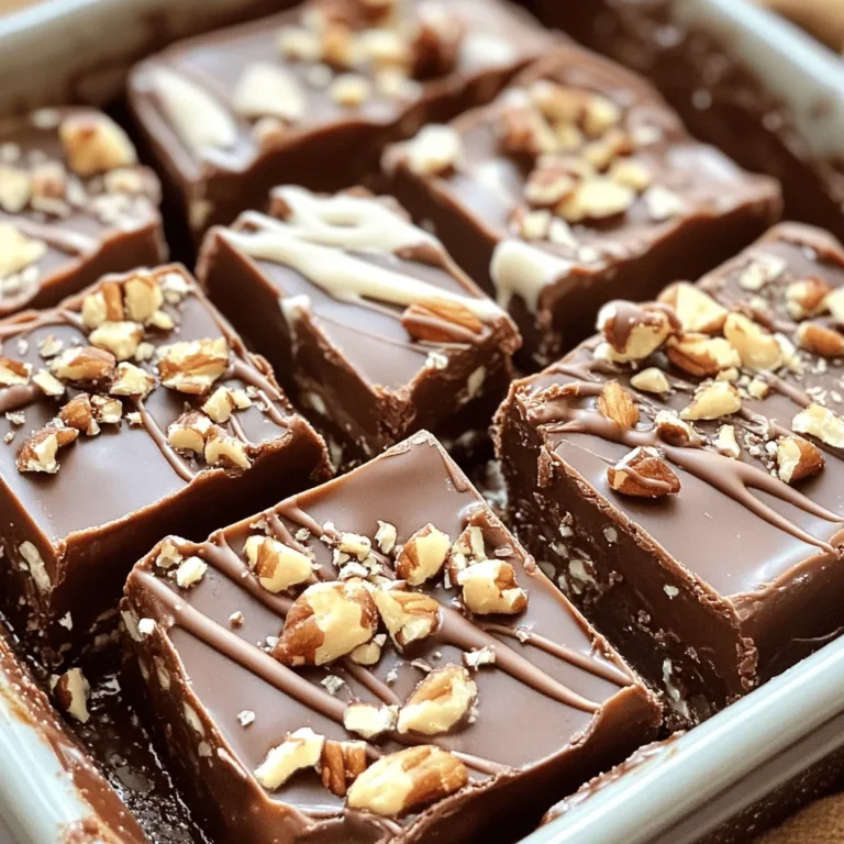 To make Hershey’s Chocolate Fudge, you need a few key ingredients. Here’s what you’ll need: - 2 cups granulated sugar - 1/2 cup unsweetened cocoa powder - 1/2 cup evaporated milk - 1/2 cup unsalted butter - 1 teaspoon vanilla extract - 1 cup Hershey's chocolate chips - 1 cup chopped nuts (optional) These ingredients work together to create a rich and creamy fudge. The sugar and cocoa form the base, while evaporated milk and butter add smoothness. The vanilla extract gives it a nice aroma, and the Hershey's chocolate chips bring that chocolatey goodness. If you don't have some of these ingredients, don't worry! Here are some easy substitutes you can try: - Granulated Sugar: You can use brown sugar for a richer flavor. - Unsweetened Cocoa Powder: Use Dutch-processed cocoa for a smoother taste. - Evaporated Milk: Regular milk or heavy cream can work in a pinch. - Unsalted Butter: Salted butter is fine; just skip adding extra salt. - Vanilla Extract: Almond extract can add a unique twist. Substitutes can change the flavor, so feel free to experiment! Want to make your fudge even more special? Here are some fun additions: - Chopped Nuts: Walnuts or pecans add a nice crunch. - Mini Marshmallows: For a gooey texture and fun flavor. - Dried Fruit: Cherries or cranberries can add a fruity twist. - Sea Salt: A sprinkle on top can enhance the chocolate flavor. These add-ins let you create a fudge that is uniquely yours. Enjoy mixing and matching! To make Hershey’s Chocolate Fudge, start by gathering your ingredients. You need: - 2 cups granulated sugar - 1/2 cup unsweetened cocoa powder - 1/2 cup evaporated milk - 1/2 cup unsalted butter - 1 teaspoon vanilla extract - 1 cup Hershey's chocolate chips - 1 cup chopped nuts (optional) Make sure your butter is at room temperature. This helps it melt evenly. Measure all ingredients carefully. This ensures the best taste and texture. Grab a medium saucepan and mix the granulated sugar and cocoa powder. Stir until they blend well. Then, add the evaporated milk and butter. Cook over medium heat while stirring. Keep stirring until the mix boils. Once it boils, let it bubble for five minutes without stirring. This step is key for a smooth fudge. After five minutes, take the saucepan off the heat. Quickly stir in the vanilla extract and chocolate chips. Keep stirring until the chocolate chips melt and the mix is smooth. If you want nuts, fold them in now for a nice crunch. Now, pour the fudge mix into a greased 9x9 inch baking dish. Use a spatula to spread it evenly. Let it cool at room temperature for about two hours. If you're in a hurry, pop it in the fridge for 30 to 45 minutes. Once the fudge is firm, cut it into squares or rectangles. Use a sharp knife for clean cuts. For a special touch, drizzle melted white chocolate on top or add a sprinkle of sea salt. Enjoy your delicious creation! Making fudge can be tricky. One common mistake is not stirring enough. Stir the sugar and cocoa well to avoid lumps. Another mistake is boiling too long. If you boil for too long, your fudge may turn hard. Stick to the five-minute rule for the best results. Lastly, do not rush the cooling process. Letting it cool too fast can ruin the texture. To achieve that creamy, smooth texture, use fresh ingredients. Old cocoa powder or expired milk can change the taste. Make sure to mix the chocolate chips in while the mixture is hot. This helps them melt better, giving you a silky finish. If you want a richer flavor, add a pinch of salt. It enhances the chocolate taste nicely. Using the right equipment makes fudge easier. A heavy-bottomed saucepan helps cook evenly. A good spatula is a must for mixing. Use a candy thermometer if you want to be precise. However, the five-minute boil usually works well. Lastly, always have a sharp knife ready for cutting the fudge. This will give you nice, clean squares. For the full recipe, check out the complete section on the ingredients and step-by-step instructions! {{image_2}} You can mix up the flavors in your Hershey's chocolate fudge. For a mint twist, add 1 teaspoon of peppermint extract. This simple change gives a fresh and cool flavor. If you love peanut butter, stir in 1/2 cup of creamy peanut butter right after the fudge cools. This adds a nutty richness that pairs well with chocolate. Want a vegan version? Swap the butter for coconut oil and use a plant-based milk. This keeps the fudge creamy and delicious. For gluten-free fudge, make sure you use gluten-free chocolate chips. Most Hershey's chips are gluten-free, so you’re in luck! Always check the labels to be sure. Make your fudge look extra special with some fun presentation ideas. You can drizzle melted white chocolate on top for a fancy touch. Another option is to sprinkle a little sea salt over the fudge before it sets. This contrast of sweet and salty is always a hit! Serve your fudge on a colorful platter or wrap them in parchment paper for gifts. These little details make a big difference! To keep your Hershey’s chocolate fudge fresh, store it in an airtight container. You can place it on the counter for up to three days. Make sure to keep it in a cool, dry spot. If you live in a warm area, the fridge is a better choice. Just remember, cold fudge can be a bit hard. Let it sit at room temperature for a few minutes before eating. If you want to save some fudge for later, freezing works well. Cut the fudge into squares. Wrap each piece in plastic wrap, then place them in a freezer-safe bag. Squeeze out any extra air before sealing. You can freeze the fudge for up to three months. When you are ready to enjoy it, let it thaw in the fridge overnight. Hershey’s chocolate fudge can last for a week on the counter and a month in the fridge. To keep it tasting great, avoid exposing it to heat or moisture. It’s best to cut the fudge into pieces before storing. This way, you only take out what you need. For the freshest taste, eat it within the first week. Enjoy your fudge with family and friends for a sweet treat! If you want to make this fudge, check out the Full Recipe for step-by-step instructions. You can tell your fudge is done when it reaches a full boil and you boil it for exactly 5 minutes. After this, it should feel thick and smooth. If you want to check the texture, use the cold water test. Drop a bit of fudge into cold water. If it forms a soft ball, it’s ready! Yes, you can use milk chocolate instead of dark chocolate. This will give your fudge a sweeter flavor. Just keep in mind that it may change the texture a bit. Milk chocolate can melt differently than dark chocolate. So, watch closely as you mix. You can buy Hershey’s chocolate fudge products at most grocery stores. Look in the baking aisle or the candy section. If you want a wider selection, try online stores like Amazon or the Hershey's website. They often have special deals and seasonal items too! Hershey's chocolate chips are great in many recipes! You can use them in cookies, brownies, or even pancakes. They also work well in chocolate chip muffins and fudge cakes. If you want something fun, try adding them to popcorn or trail mix for a sweet snack! For more ideas, check out the Full Recipe. This article covered how to make Hershey’s Chocolate Fudge from start to finish. You learned about essential ingredients, helpful tips, and variations to spice up your fudge. Remember to avoid common mistakes for the best texture. Store your fudge correctly to keep it fresh. Whether you make classic fudge or try a new flavor, enjoy every bite. With practice, you’ll master this sweet treat. Now, grab your ingredients and start creating delicious fudge today.
