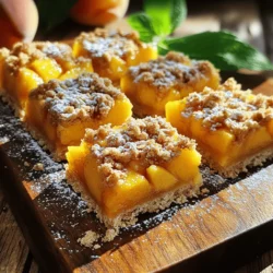 To make Heavenly Peach Bars, you need fresh, juicy peaches. Here’s what to gather: - 2 cups fresh peaches, peeled and diced - 1 tablespoon lemon juice These fresh peaches bring great flavor to the bars. The lemon juice helps keep the peaches bright and tasty. Next, you need some dry ingredients to make the base and topping: - 1 cup all-purpose flour - 1 cup rolled oats - 1/2 cup brown sugar - 1/4 cup granulated sugar - 1 teaspoon baking powder - 1/4 teaspoon salt - 1/2 teaspoon ground cinnamon - Zest of 1 lemon These ingredients work together to create a sweet, crumbly texture. The oats add chewiness, while the sugars give a nice sweetness. You can also add some fun twists to your peach bars: - Chopped nuts like almonds or pecans - A handful of chocolate chips - A sprinkle of coconut These add-ins can elevate the flavor and texture. Feel free to mix and match based on what you like! For the full recipe of Heavenly Peach Bars, check out the complete details. First, preheat your oven to 350°F (175°C). This helps the bars bake evenly. Next, grease an 8-inch square baking pan or line it with parchment paper. This makes it easy to lift the bars out later. Now, take your fresh peaches. Peel and dice them into small pieces. In a bowl, add the diced peaches and drizzle lemon juice over them. This keeps the peaches fresh and adds zing. Set the bowl aside to let the peaches marinate. In another large bowl, combine the flour, oats, brown sugar, granulated sugar, baking powder, salt, and cinnamon. Mix these dry ingredients well. Add the lemon zest for extra flavor. Once mixed, pour in the melted butter and vanilla extract. Stir until the mixture looks like coarse crumbs. Save about 1 cup of this mixture for later. Spread the remaining mixture evenly in the prepared pan. Press it down firmly to make a solid crust. Now, layer the marinated peaches on top of this crust. Try to spread them out evenly for the best taste. Next, crumble the reserved mixture over the peaches, covering them well. This will create a nice topping. Place the pan in your preheated oven. Bake for 30-35 minutes. You want the top to be golden brown and the peaches bubbly. Once baked, take the pan out and let it cool for at least 20 minutes. This helps the bars set and makes cutting easier. After cooling, slice the bars into squares. For a lovely touch, serve them warm or at room temperature. Dust with powdered sugar and add mint leaves for garnish. These small details make your bars look and taste gourmet. For the full recipe, check the section above. To get a crust that is crisp and tasty, use cold butter. Cut it into the dry mix until it looks like coarse crumbs. Press this mixture firmly into your baking pan. This step helps form a strong base. Remember, don’t skip the chilling. Let the crust chill for 10 minutes before baking. This makes it hold its shape better. For the best peach taste, choose ripe, juicy peaches. Peel and dice them just before mixing. Toss them with lemon juice to enhance their flavor. You can also add a pinch of nutmeg with the cinnamon for a warm, cozy taste. This small change can take your bars to the next level. When it comes to serving, let the bars cool slightly. Cut them into neat squares. Dust them with powdered sugar for a sweet finish. Adding fresh mint leaves on top gives a nice pop of color. For a fancy touch, serve them warm with a scoop of vanilla ice cream. This makes your dessert not just tasty but beautiful too. For the full recipe, check out the detailed steps above. {{image_2}} If you want to change things up, use other fruits. Cherries, blueberries, or plums work well. You can even mix fruits for a fun twist. Just keep the same amount of fruit as the peaches. The flavors will blend nicely, and you'll have a new favorite. For a gluten-free version, swap all-purpose flour with almond or oat flour. Both will still give you a tasty crust. Make sure to check the oats too. Some oats are not gluten-free, so look for certified gluten-free oats. This way, everyone can enjoy these peach bars. Get creative with your toppings! Instead of crumbles, try adding nuts or coconut flakes. Chopped pecans or walnuts add a nice crunch. You could also sprinkle some chocolate chips for a sweet touch. Each option brings a new flavor and texture to your peach bars. For the full recipe, check out the main article. To keep your Heavenly Peach Bars fresh, store them in an airtight container. This helps maintain their taste and texture. Place a layer of parchment paper between the bars if you stack them. Store the container at room temperature for up to three days. If you want to keep them longer, refrigeration is best. Freezing your peach bars is easy and effective. First, cut the bars into squares. Wrap each square tightly in plastic wrap. Then, place the wrapped bars in a freezer-safe bag or container. They will stay fresh for up to three months. When you’re ready to enjoy them, simply thaw them in the fridge overnight. To reheat your Heavenly Peach Bars, preheat the oven to 350°F (175°C). Place the bars on a baking sheet. Cover them with foil to prevent drying out. Heat for about 10-15 minutes. If you prefer, you can microwave a single bar for 20-30 seconds. This warms them up and makes them taste fresh again. For the full recipe, check out the earlier sections and enjoy! You can tell the peach bars are done when the top turns golden brown. The edges will look firm, and the peaches will bubble. Use a toothpick to check the middle. If it comes out clean, the bars are ready. Let them cool before cutting. This helps them set and makes slicing easier. Yes, you can use canned peaches if fresh ones are not available. Drain the canned peaches well to avoid excess liquid. Cut them into small pieces like fresh peaches. The flavor will still be great, but fresh peaches give a nicer texture. Make sure to adjust the sugar level if the canned peaches are sweetened. Heavenly Peach Bars are great for any event. Serve them at summer picnics, family gatherings, or birthday parties. They also make a sweet treat for potlucks or bake sales. Enjoy them during tea time or as a light dessert after dinner. Their bright flavor and lovely look will impress your guests. Check out the Full Recipe for more details! You learned how to make Heavenly Peach Bars with fresh and dry ingredients. I shared tips for the perfect crust, enhancing the peach flavor, and serving them well. You can also explore variations using different fruits or gluten-free options. Remember to store them correctly for longer freshness. Now, you have all the tools to bake delicious bars. Enjoy this sweet treat at any gathering!