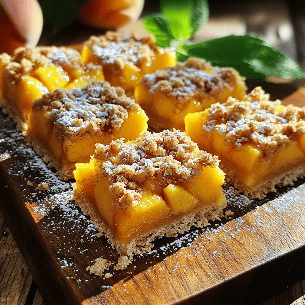 To make Heavenly Peach Bars, you need fresh, juicy peaches. Here’s what to gather: - 2 cups fresh peaches, peeled and diced - 1 tablespoon lemon juice These fresh peaches bring great flavor to the bars. The lemon juice helps keep the peaches bright and tasty. Next, you need some dry ingredients to make the base and topping: - 1 cup all-purpose flour - 1 cup rolled oats - 1/2 cup brown sugar - 1/4 cup granulated sugar - 1 teaspoon baking powder - 1/4 teaspoon salt - 1/2 teaspoon ground cinnamon - Zest of 1 lemon These ingredients work together to create a sweet, crumbly texture. The oats add chewiness, while the sugars give a nice sweetness. You can also add some fun twists to your peach bars: - Chopped nuts like almonds or pecans - A handful of chocolate chips - A sprinkle of coconut These add-ins can elevate the flavor and texture. Feel free to mix and match based on what you like! For the full recipe of Heavenly Peach Bars, check out the complete details. First, preheat your oven to 350°F (175°C). This helps the bars bake evenly. Next, grease an 8-inch square baking pan or line it with parchment paper. This makes it easy to lift the bars out later. Now, take your fresh peaches. Peel and dice them into small pieces. In a bowl, add the diced peaches and drizzle lemon juice over them. This keeps the peaches fresh and adds zing. Set the bowl aside to let the peaches marinate. In another large bowl, combine the flour, oats, brown sugar, granulated sugar, baking powder, salt, and cinnamon. Mix these dry ingredients well. Add the lemon zest for extra flavor. Once mixed, pour in the melted butter and vanilla extract. Stir until the mixture looks like coarse crumbs. Save about 1 cup of this mixture for later. Spread the remaining mixture evenly in the prepared pan. Press it down firmly to make a solid crust. Now, layer the marinated peaches on top of this crust. Try to spread them out evenly for the best taste. Next, crumble the reserved mixture over the peaches, covering them well. This will create a nice topping. Place the pan in your preheated oven. Bake for 30-35 minutes. You want the top to be golden brown and the peaches bubbly. Once baked, take the pan out and let it cool for at least 20 minutes. This helps the bars set and makes cutting easier. After cooling, slice the bars into squares. For a lovely touch, serve them warm or at room temperature. Dust with powdered sugar and add mint leaves for garnish. These small details make your bars look and taste gourmet. For the full recipe, check the section above. To get a crust that is crisp and tasty, use cold butter. Cut it into the dry mix until it looks like coarse crumbs. Press this mixture firmly into your baking pan. This step helps form a strong base. Remember, don’t skip the chilling. Let the crust chill for 10 minutes before baking. This makes it hold its shape better. For the best peach taste, choose ripe, juicy peaches. Peel and dice them just before mixing. Toss them with lemon juice to enhance their flavor. You can also add a pinch of nutmeg with the cinnamon for a warm, cozy taste. This small change can take your bars to the next level. When it comes to serving, let the bars cool slightly. Cut them into neat squares. Dust them with powdered sugar for a sweet finish. Adding fresh mint leaves on top gives a nice pop of color. For a fancy touch, serve them warm with a scoop of vanilla ice cream. This makes your dessert not just tasty but beautiful too. For the full recipe, check out the detailed steps above. {{image_2}} If you want to change things up, use other fruits. Cherries, blueberries, or plums work well. You can even mix fruits for a fun twist. Just keep the same amount of fruit as the peaches. The flavors will blend nicely, and you'll have a new favorite. For a gluten-free version, swap all-purpose flour with almond or oat flour. Both will still give you a tasty crust. Make sure to check the oats too. Some oats are not gluten-free, so look for certified gluten-free oats. This way, everyone can enjoy these peach bars. Get creative with your toppings! Instead of crumbles, try adding nuts or coconut flakes. Chopped pecans or walnuts add a nice crunch. You could also sprinkle some chocolate chips for a sweet touch. Each option brings a new flavor and texture to your peach bars. For the full recipe, check out the main article. To keep your Heavenly Peach Bars fresh, store them in an airtight container. This helps maintain their taste and texture. Place a layer of parchment paper between the bars if you stack them. Store the container at room temperature for up to three days. If you want to keep them longer, refrigeration is best. Freezing your peach bars is easy and effective. First, cut the bars into squares. Wrap each square tightly in plastic wrap. Then, place the wrapped bars in a freezer-safe bag or container. They will stay fresh for up to three months. When you’re ready to enjoy them, simply thaw them in the fridge overnight. To reheat your Heavenly Peach Bars, preheat the oven to 350°F (175°C). Place the bars on a baking sheet. Cover them with foil to prevent drying out. Heat for about 10-15 minutes. If you prefer, you can microwave a single bar for 20-30 seconds. This warms them up and makes them taste fresh again. For the full recipe, check out the earlier sections and enjoy! You can tell the peach bars are done when the top turns golden brown. The edges will look firm, and the peaches will bubble. Use a toothpick to check the middle. If it comes out clean, the bars are ready. Let them cool before cutting. This helps them set and makes slicing easier. Yes, you can use canned peaches if fresh ones are not available. Drain the canned peaches well to avoid excess liquid. Cut them into small pieces like fresh peaches. The flavor will still be great, but fresh peaches give a nicer texture. Make sure to adjust the sugar level if the canned peaches are sweetened. Heavenly Peach Bars are great for any event. Serve them at summer picnics, family gatherings, or birthday parties. They also make a sweet treat for potlucks or bake sales. Enjoy them during tea time or as a light dessert after dinner. Their bright flavor and lovely look will impress your guests. Check out the Full Recipe for more details! You learned how to make Heavenly Peach Bars with fresh and dry ingredients. I shared tips for the perfect crust, enhancing the peach flavor, and serving them well. You can also explore variations using different fruits or gluten-free options. Remember to store them correctly for longer freshness. Now, you have all the tools to bake delicious bars. Enjoy this sweet treat at any gathering!