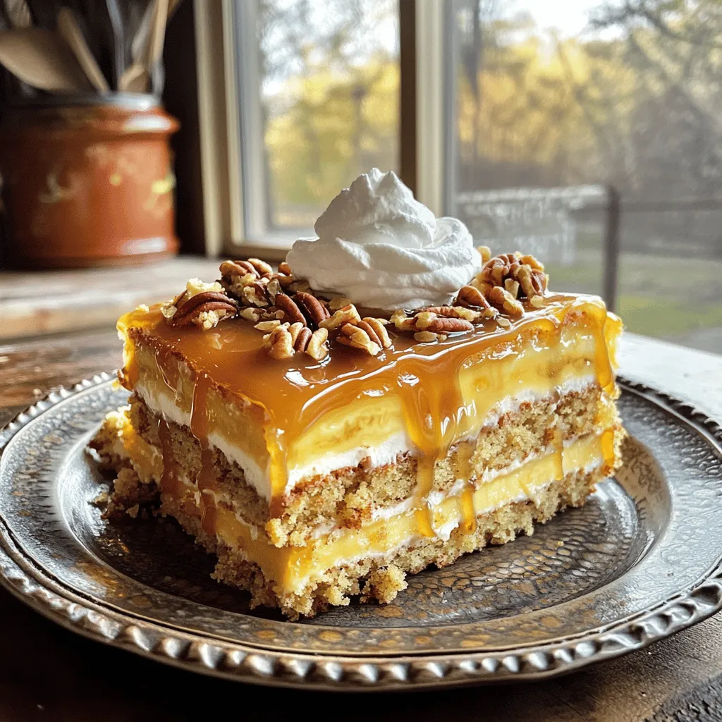 To make a delightful Caramel Banana Pecan Cake, gather these key ingredients: - 3 ripe bananas, mashed - 1 cup sugar - 1/2 cup unsalted butter, softened - 2 large eggs - 1 teaspoon vanilla extract - 1 1/2 cups all-purpose flour - 1 teaspoon baking powder - 1/2 teaspoon baking soda - 1/4 teaspoon salt - 1/2 cup buttermilk - 1 cup pecans, chopped - 1 cup caramel sauce (store-bought or homemade) These ingredients work together to create a moist and flavorful cake, perfect for any occasion. You will need some tools to make this cake: - A 9-inch round cake pan - Mixing bowls - A whisk or electric mixer - A rubber spatula - A cooling rack These tools help you mix, bake, and cool your cake. For an extra touch, consider adding: - 1/2 teaspoon cinnamon for warmth - A pinch of nutmeg for depth - A sprinkle of sea salt on top for contrast These optional ingredients can take your cake to the next level, enhancing the flavors and making it even more special. For the complete recipe, check out the Full Recipe! Start by gathering all your ingredients for the Caramel Banana Pecan Cake. You will need: - 3 ripe bananas, mashed - 1 cup sugar - 1/2 cup unsalted butter, softened - 2 large eggs - 1 teaspoon vanilla extract - 1 1/2 cups all-purpose flour - 1 teaspoon baking powder - 1/2 teaspoon baking soda - 1/4 teaspoon salt - 1/2 cup buttermilk - 1 cup pecans, chopped - 1 cup caramel sauce First, preheat your oven to 350°F (175°C). Grease and flour a 9-inch round cake pan. This helps the cake come out easily after baking. In a large bowl, cream together the softened butter and sugar until it looks light and fluffy. Then, add the eggs one at a time. Mix well after each egg. Next, stir in the vanilla extract and mashed bananas. Mix until it’s all combined. In a separate bowl, whisk the flour, baking powder, baking soda, and salt. This helps to evenly distribute the leavening agents. Gradually add the dry mixture to your wet mixture. Alternate this with the buttermilk. Start and end with the dry ingredients. Mix until just combined to avoid overmixing, which can make the cake tough. Now, gently fold in the chopped pecans. This adds a lovely crunch to your cake. Pour the batter into your prepared cake pan. Smooth the top with a spatula to ensure even baking. Bake in the preheated oven for 30 to 35 minutes. Check with a toothpick; it should come out clean when the cake is done. Once baked, remove the cake from the oven. Let it cool in the pan for 10 minutes before transferring it to a wire rack. Allow it to cool completely. Once the cake has cooled, it’s time to add the caramel. Drizzle the caramel sauce generously over the top. For a fun twist, sprinkle some extra pecans over the caramel. This adds texture and looks nice. For serving, I suggest cutting slices and placing them on individual plates. Add a dollop of whipped cream and a drizzle of more caramel sauce. Garnish with a few pecans for a delightful touch. This cake is sure to impress! For the complete recipe, check the Full Recipe section. To get the best texture, use ripe bananas. They add moisture and flavor. Mash them well, so there are no chunks. Cream the butter and sugar until fluffy. This step adds air, making the cake light. Don’t overmix the batter. Mix just until combined. Folding in the nuts should be gentle. This keeps the cake airy. When it comes to caramel sauce, warmth is key. If it is cold, it may not drizzle well. Warm it slightly before using. Pour the sauce over the cooled cake. Let it flow down the sides for a pretty look. For a finishing touch, sprinkle extra pecans on top. This adds texture and crunch. One common mistake is using unripe bananas. They do not offer the same sweetness. Another mistake is overbaking the cake. Keep an eye on it during the last few minutes. Test with a toothpick to check for doneness. Lastly, avoid skipping the cooling step. Drizzling caramel on a warm cake can cause it to melt away. For the full recipe, check the link provided. {{image_2}} If you want to switch things up, try different nuts. Walnuts work great in this cake. They add a nice crunch and flavor. Almonds bring a sweet touch too. You can even skip nuts altogether for a softer cake. Want to enhance the flavor? Consider adding spices like cinnamon or nutmeg. They add warmth and depth to your cake. You can also mix in chocolate chips for a sweet surprise. If you like coconut, add shredded coconut for a tropical twist. For a gluten-free option, use a gluten-free flour blend. This keeps the cake tasty and safe for those with allergies. If you need a dairy-free version, swap buttermilk for almond milk. You can also use coconut oil instead of butter. These changes keep the cake light and delicious. Check out the Full Recipe for more details! To keep your caramel banana pecan cake fresh, wrap it well. Use plastic wrap or foil to cover the cake. This helps keep moisture in and stops it from drying out. Store the wrapped cake in the fridge for up to five days. If you want to enjoy it later, freezing is a great option. To freeze your cake, first allow it to cool completely. Wrap it tightly in plastic wrap, then in aluminum foil. This double-layer will protect it from freezer burn. You can freeze the cake for up to three months. When you're ready to eat it, move it to the fridge to thaw overnight. If you want to enjoy your cake warm, it's easy to reheat. Preheat your oven to 350°F (175°C). Remove the cake from the fridge and take off the wrap. Place the cake in the oven for about 10-15 minutes. Check for warmth in the center. If you like it extra gooey, drizzle a bit of caramel sauce on top before serving. This adds a nice touch and enhances the flavor! Yes, ripe bananas work great in this cake. They add sweetness and moisture. Look for bananas with brown spots. Overripe bananas blend well and create a soft texture. If the cake is dense, check your mixing method. Mix just until combined. Overmixing can make it heavy. Ensure you measure flour accurately. Use a light hand to fold in the ingredients. This helps keep the cake fluffy. To make caramel sauce, you need sugar and water. Heat them in a pan over medium heat. Stir until the sugar melts and turns golden. Remove from heat and add butter and cream for richness. Let it cool before using. Yes, you can make a vegan version. Replace eggs with flax eggs or applesauce. Use vegan butter and plant-based milk. Ensure the caramel sauce is vegan too. This keeps the flavor while following a vegan diet. The cake lasts about five days in the fridge. Store it in an airtight container. For best taste, let it come to room temperature before serving. Enjoy the cake fresh for the best flavor experience. You learned about making a Caramel Banana Pecan Cake. We covered essential ingredients, steps, and tips. You can choose nuts and flavors that suit your taste. Proper storage helps keep the cake fresh. Don’t forget to avoid common mistakes for the best texture. Remember, you can even make it vegan! Enjoy baking this cake, and share it with friends and family. Your creation will surely impress them!