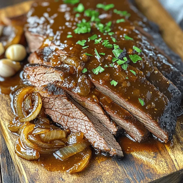 Here's what you need for a tasty slow cooker beef brisket: - 4 lbs beef brisket - 2 tablespoons olive oil - 1 large onion, sliced - 4 cloves garlic, minced - 2 cups beef broth - 1/4 cup soy sauce - 1/4 cup brown sugar - 2 tablespoons apple cider vinegar - 2 teaspoons smoked paprika - 1 teaspoon ground cumin - 1 teaspoon black pepper - 1 teaspoon salt - Fresh parsley for garnish (optional) Each ingredient plays a key role. The beef brisket is the star, giving you juicy meat. Olive oil helps in searing, locking in flavors. Onions and garlic add depth and sweetness. Beef broth keeps the meat moist. Soy sauce and brown sugar give a savory-sweet twist. Apple cider vinegar brightens the dish. Spices like smoked paprika and cumin enhance the overall taste. This combination will transform your brisket into a crowd-pleaser. Check out the Full Recipe for all the steps and tips! - Sear the Brisket: Start by heating the olive oil in a large skillet over medium-high heat. Once the oil is hot, add the brisket. Sear each side for about 4-5 minutes until it is browned. This step adds a rich flavor. After searing, take the brisket off the heat and set it aside. - Sauté Vegetables: In the same skillet, add the sliced onion. Cook the onion for about 5 minutes until it turns translucent. Then, add the minced garlic and cook for another minute. The garlic will become fragrant, which adds depth to your dish. - Prepare the Slow Cooker Mixture: In your slow cooker, mix the beef broth, soy sauce, brown sugar, apple cider vinegar, smoked paprika, cumin, black pepper, and salt. Stir everything well to combine. This mixture will create a tasty sauce for the brisket. - Layer Ingredients: Place the sautéed onions and garlic at the bottom of the slow cooker. Next, lay the seared brisket on top of the onions. Pour any leftover juices from the skillet over the brisket. This adds extra flavor and moisture. - Slow Cook on Low or High: Cover the slow cooker. Cook on low for 8-10 hours or on high for 4-5 hours. The meat should become tender and easy to shred with a fork. Cooking it low and slow really brings out the best in the brisket. - Shred and Serve: Once the cooking time is up, carefully remove the brisket. Let it rest for about 10 minutes. Slice or shred the meat against the grain for the best texture. Serve it with the tasty sauce you made in the slow cooker. Enjoy your delicious meal! - Cooking Temperature: Searing your brisket is key. Heat your skillet over medium-high heat. This helps develop a rich crust. - Timing Tips: Sear each side for about 4-5 minutes. Watch for a deep brown color. This adds flavor you will love. - Importance of Cooking Time: Patience is key for tenderness. Cook your brisket low and slow, ideally 8-10 hours. This lets the meat break down nicely. - Resting Period: Always let your brisket rest for about 10 minutes. This helps juices redistribute. You’ll enjoy a juicier bite. - Additional Spices and Herbs: You can experiment with spices. Try adding thyme or rosemary for a fresh twist. Adjust the seasonings to fit your taste. - Marinating Options: Consider marinating your brisket overnight. A mix of soy sauce, garlic, and brown sugar works great. It deepens the flavor before cooking. By following these tips, you elevate your slow cooker beef brisket experience. For a complete guide, check out the Full Recipe. {{image_2}} For a smoky twist, you can change the flavors for BBQ beef brisket. - Ingredients Adjustments: - Add 1 cup of your favorite BBQ sauce to the slow cooker. - Use smoked paprika for an extra kick. - Reduce the soy sauce to 2 tablespoons for a sweeter taste. - Serving Suggestions: - Serve with coleslaw for a crunchy side. - Pair with cornbread to soak up the sauce. - Try it on a bun for a tasty sandwich. You can also take your brisket in an Asian direction. - Ingredient Swaps: - Use hoisin sauce instead of brown sugar. - Swap soy sauce for tamari for a gluten-free option. - Add sliced green onions for fresh flavor. - Sauce Variations: - Mix in a tablespoon of sesame oil for depth. - Add a bit of ginger for warmth. - Use rice vinegar instead of apple cider vinegar for a unique twist. If you follow a low-carb diet, I have some great options for you. - Keto-friendly Ingredients: - Replace brown sugar with erythritol or stevia. - Use coconut aminos instead of soy sauce for a lower carb count. - Add more spices like chili powder for flavor without carbs. - Cooking Method Adjustments: - Cook on low for longer to keep it tender. - Consider making a keto-friendly sauce with crushed tomatoes and spices. - Serve with cauliflower rice for a satisfying meal. For the full recipe, check the earlier section. Enjoy your cooking adventure! - Refrigeration Tips: After your meal, let the brisket cool down. Place it in an airtight container. Store it in the fridge for up to four days. If you want to enjoy it later, go for freezing. - Freezing Guidelines: Wrap the brisket tightly in plastic wrap. Then place it in a freezer bag or container. You can freeze it for up to three months. This keeps the flavor fresh. - Best Techniques for Reheating: To reheat brisket, use the oven or a slow cooker. For the oven, set it to 300°F (150°C). Cover it with foil to keep it moist. Heat for about 20-30 minutes. For the slow cooker, add a bit of broth, and heat on low for 1-2 hours. - Maintaining Flavor and Texture: Adding a splash of beef broth helps keep the brisket juicy. Avoid microwaving if you can, as it can dry out the meat. - How Long Can You Store?: In the fridge, brisket lasts about four days. In the freezer, it stays good for three months. Always check for signs of spoilage before eating. - Signs of Spoilage: If the meat smells sour or has a slimy texture, it's time to let it go. Look out for any discoloration as well. Keeping food safe is key to enjoying your meals! Cooking brisket in a slow cooker takes about 8 to 10 hours on low. If you use high heat, it takes about 4 to 5 hours. The longer you cook it, the more tender it becomes. This slow cooking method allows the flavors to blend well and helps the meat break down. No, you should not cook a frozen brisket in a slow cooker. The meat needs to thaw first to cook evenly. Cooking frozen meat can lead to uneven cooking and unsafe temperatures. It is best to thaw the brisket in the fridge before cooking. You can serve brisket with many sides. Here are a few great options: - Mashed potatoes - Coleslaw - Roasted vegetables - Rice or quinoa - Sandwich buns for brisket sandwiches These sides complement the rich flavors of the brisket and make a complete meal. Yes, you can use different cuts of meat. Chuck roast or round roast can work well. They also become tender when cooked slowly. However, brisket has a unique flavor and texture that many love. If you switch cuts, adjust cooking times as needed. You can check if the brisket is done by using a fork. If it shreds easily, it is ready. You can also use a meat thermometer. The internal temperature should reach at least 195°F to 205°F for optimal tenderness. The Full Recipe includes all the steps to create a mouthwatering brisket. You will need 4 lbs of beef brisket, olive oil, onion, garlic, beef broth, soy sauce, brown sugar, apple cider vinegar, smoked paprika, cumin, black pepper, salt, and parsley for garnish. Following the Full Recipe will guide you to tender, flavorful brisket that everyone will love. You’ve learned how to make a tender, flavorful slow cooker beef brisket. We discussed key ingredients, cooking steps, and tips to enhance your meal. Remember to experiment with variations, like BBQ or Asian-inspired brisket, for new tastes. Store your leftovers correctly to enjoy them later. With these tips, you can cook brisket with confidence. Try these steps and impress your family and friends with a delicious meal. Happy cooking!