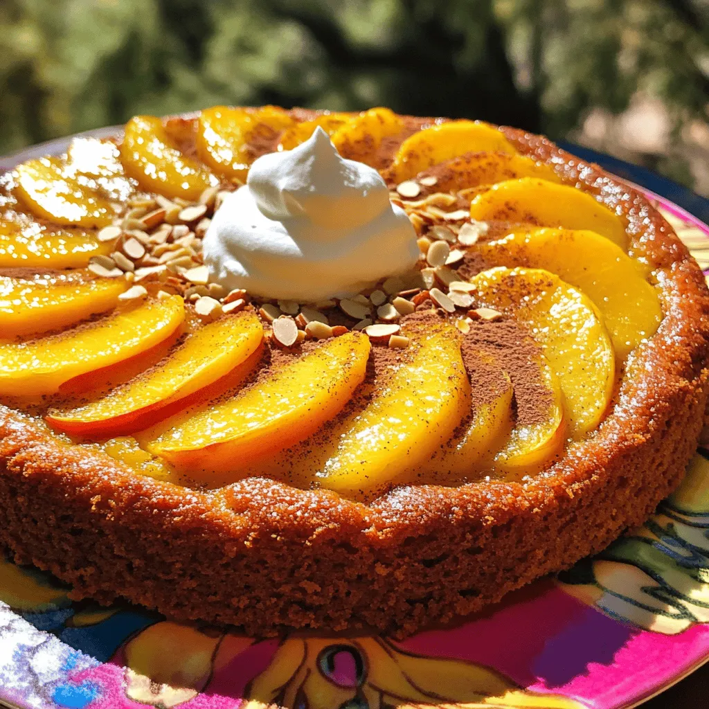 To make a savory summer peach cake, you need simple and fresh items. Here’s the list of ingredients: - 2 cups all-purpose flour - 1 ½ teaspoons baking powder - ½ teaspoon baking soda - ½ teaspoon salt - ¾ cup unsalted butter, softened - 1 cup granulated sugar - ½ cup brown sugar, packed - 3 large eggs - 1 teaspoon vanilla extract - 1 cup buttermilk - 2 cups fresh peaches, peeled and sliced - 1 teaspoon cinnamon (for sprinkling) - ¼ cup sliced almonds (for topping) Each ingredient plays a key role in flavor and texture. The flour gives structure. The sugars add sweetness and moisture. The butter adds richness, while the eggs help bind everything together. Buttermilk brings a slight tang and keeps the cake soft. Fresh peaches are the star of this recipe. They add natural sweetness and juicy bites. The cinnamon and almonds on top provide a warm, nutty finish. For the full recipe, check out the detailed steps to create this fresh treat! 1. Preheat your oven to 350°F (175°C). This step is crucial for even baking. 2. Grease and flour a 9-inch round cake pan. This helps the cake come out easily. 3. In a medium bowl, whisk together 2 cups of flour, 1 ½ teaspoons of baking powder, ½ teaspoon of baking soda, and ½ teaspoon of salt. Set this mix aside. 4. In a large bowl, cream together ¾ cup of softened butter, 1 cup of granulated sugar, and ½ cup of brown sugar until the mix is light and fluffy. 5. Add 3 large eggs, one at a time. Mix well after each egg. Then, stir in 1 teaspoon of vanilla extract. 6. Gradually add the dry mix to the wet mix. Alternate this with 1 cup of buttermilk. Start and end with the flour mix. Mix until just combined; don’t over-mix. 7. Gently fold in 2 cups of sliced peaches. Be careful not to break the peaches too much. 8. Pour the batter into the prepared cake pan. 9. Sprinkle the top with 1 teaspoon of cinnamon and ¼ cup of sliced almonds for extra flavor. 10. Bake in the preheated oven for 35-40 minutes. A toothpick should come out clean when the cake is done. 11. Let the cake cool in the pan for 10 minutes. Then transfer it to a wire rack to cool completely. For the full recipe, check this [Full Recipe]. To make a great summer peach cake, you need ripe peaches. Look for peaches that feel soft when you gently press them. Their skin should have a rich color, like yellow or red. A sweet smell near the stem is also a good sign. The best varieties for baking are Freestone and Clingstone peaches. Freestone peaches are easy to slice as the pit separates cleanly. Clingstone peaches, while harder to pit, are sweeter and juicy. Both types work well in your cake. Even baking is key for a perfect cake. Make sure your oven is fully preheated before you start. Place the cake pan in the center of the oven. This helps heat circulate evenly. To test if the cake is done, insert a toothpick into the center. If it comes out clean or with a few crumbs, the cake is ready. If it has wet batter on it, bake for a few more minutes. For serving, choose a bright, colorful plate. Place each slice of cake on the plate and add a dollop of whipped cream. A few extra peach slices on top makes it look fresh and inviting. When it comes to servingware, opt for a clear glass cake stand. This adds elegance and lets guests see the beautiful layers of your cake. You can find great options at kitchen stores or online. Enjoy your baking journey! For the complete recipe, check the Full Recipe. {{image_2}} For a gluten-free option, swap all-purpose flour with a gluten-free blend. This blend mimics regular flour well. Be sure to check the package for proper ratios. If you need a dairy-free cake, use almond milk or coconut milk instead of buttermilk. For butter, try margarine or coconut oil. Both will provide moisture and flavor. You can spice up your cake by adding a pinch of nutmeg or cardamom. These spices bring warmth to each bite. Another option is to add lemon or orange zest for a bright twist. Citrus zest pairs perfectly with peaches. Mixing in other fruits adds variety, too. Try blueberries or raspberries for a colorful touch. You can also use nectarines or plums if you want different flavors. Each fruit will change the cake’s taste and texture. To make mini cakes, pour the batter into muffin tins. This way, you can bake individual servings. They bake faster and are perfect for parties. For a layered cake, bake two rounds instead of one. Stack them with whipped cream or a fruity glaze between layers. This will make your cake look impressive and taste even better. For the full recipe, check out the detailed instructions above. To keep your summer peach cake fresh, store it in the fridge. Use an airtight container to prevent it from drying out. You can also wrap it tightly with plastic wrap. This keeps moisture in and flavors intact. If you want to freeze it, slice the cake first. Place the slices in a single layer on a baking sheet. Once frozen, transfer them to a freezer-safe bag. This helps avoid freezer burn. Your peach cake lasts about 4 to 5 days in the fridge. If frozen, it can last up to 3 months. Check for signs of spoilage before eating. If you see mold or if it smells off, it's best to throw it out. A dry or hard texture is also a sign that the cake is no longer fresh. To warm up your cake, use the oven. Preheat to 350°F (175°C). Place the cake on a baking sheet and cover it with foil. This helps keep it moist as it warms. Heat for about 10 to 15 minutes. You can also use the microwave, but be careful. Heat it in short bursts, around 10 seconds each. This keeps it from drying out too much. Enjoy your cake warm for a delightful treat! To check if your cake is done, you can use a few simple methods. First, insert a toothpick into the center of the cake. If it comes out clean, your cake is ready. Second, gently press the top of the cake. If it springs back, it is baked through. Lastly, check the edges. They should pull away slightly from the pan. These methods help ensure a perfect bake every time. You can use canned peaches, but keep in mind the texture and flavor. Canned peaches are softer and sweeter than fresh ones. They may also add extra moisture to your cake. This can make the cake denser. If you choose canned peaches, drain them well before adding to the batter. This keeps your cake from getting soggy. Fresh peaches give a firmer bite and bright taste, making the cake more enjoyable. Leftover cake can inspire many new treats! You can turn it into a trifle by layering cake pieces with whipped cream and fresh fruit. Crumble the cake into a bowl and mix with ice cream for a fun sundae. You can also make cake pops by blending it with frosting and coating it in chocolate. These ideas let you savor the peach cake in new ways. Yes, you can prepare this recipe ahead of time. To do this, bake the cake and let it cool completely. Wrap it tightly in plastic wrap and store it in the fridge for up to three days. You can also freeze the cake for up to two months. Just remember to thaw it in the fridge before serving. This way, you can enjoy your summer peach cake whenever you want. For the full recipe, refer back to the ingredients and steps provided. In this blog post, we explored a delicious peach cake recipe. We covered ingredients, step-by-step instructions, and helpful tips for baking. We also shared variations for dietary needs and storage advice. Baking this cake is a fun way to enjoy fresh peaches. It’s perfect for summer gatherings or any occasion. Follow the steps and tips, and you’ll create a cake that delights everyone. Enjoy your baking adventure!