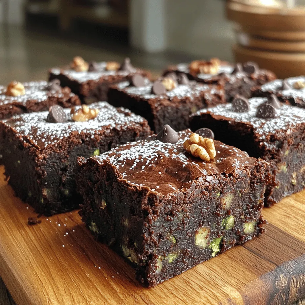 To make these fudgy zucchini brownies, gather the following ingredients: - 1 cup all-purpose flour - 1/2 cup unsweetened cocoa powder - 1/2 teaspoon baking powder - 1/4 teaspoon baking soda - 1/4 teaspoon salt - 1/2 cup granulated sugar - 1/2 cup brown sugar, packed - 1/3 cup vegetable oil or melted coconut oil - 2 large eggs - 1 teaspoon vanilla extract - 1 1/2 cups finely grated zucchini (about 1 medium zucchini) - 1/2 cup semi-sweet chocolate chips (optional) - 1/4 cup chopped walnuts (optional) Using zucchini in brownies adds moisture and nutrition. Zucchini is low in calories yet high in vitamins. It has vitamin C, which boosts your immune system. It also has potassium, which helps your heart. The fiber in zucchini aids digestion too. You won’t taste the zucchini, but you’ll enjoy the benefits! These brownies can fit many diets. If you want gluten-free, use almond flour or coconut flour. For a vegan option, swap eggs with flax eggs. Just mix one tablespoon of flaxseed meal with three tablespoons of water. Let it sit until it thickens. You can also replace the sugar with maple syrup or agave nectar for a healthier choice. Always check labels for allergens if you're serving others. For the full recipe, refer back to the beginning. Start by preheating your oven to 350°F (175°C). Take an 8x8 inch baking pan and grease it well. You can also line the pan with parchment paper for easy removal. This step helps the brownies come out clean and keeps them from sticking. In a medium bowl, add 1 cup of all-purpose flour, 1/2 cup of unsweetened cocoa powder, 1/2 teaspoon of baking powder, 1/4 teaspoon of baking soda, and 1/4 teaspoon of salt. Whisk these dry ingredients together until they are well mixed. This blend creates the perfect base for your brownies. In a large mixing bowl, combine 1/2 cup of granulated sugar and 1/2 cup of packed brown sugar. Add 1/3 cup of vegetable oil or melted coconut oil. Mix until the sugars and oil are smooth and combined. Next, crack in 2 large eggs and stir in 1 teaspoon of vanilla extract. Beat this mixture until it becomes fluffy. Now, slowly add the dry ingredients to your wet mix. Stir gently until just combined. Do not overmix! This is key to keeping your brownies fudgy. Next, fold in 1 1/2 cups of finely grated zucchini. If you wish, add 1/2 cup of semi-sweet chocolate chips and 1/4 cup of chopped walnuts for extra flavor and texture. Pour the brownie batter into your prepared pan. Spread it out evenly. Bake in the preheated oven for 25-30 minutes. Check for doneness by inserting a toothpick into the center. It should come out with a few moist crumbs, not wet batter. Once done, remove the pan from the oven. Allow the brownies to cool in the pan for about 10 minutes. Then, transfer them to a wire rack to cool completely before cutting them into squares. Enjoy your fudgy zucchini brownies! For the detailed recipe, see the Full Recipe section. To get that perfect fudgy texture, remember a few key points. First, do not overmix the batter. Mixing too much makes brownies tough. Stir just until you see no dry flour. Next, use the right amount of zucchini. Grate it finely, and measure it accurately. Too much zucchini can make brownies too wet. Lastly, underbake them slightly. A toothpick should come out with a few moist crumbs, not clean. Many people make simple mistakes while baking. One common error is using cold eggs or oil. Always use room temperature ingredients. This helps them mix better. Another mistake is not measuring ingredients properly. Use a kitchen scale or measuring cups for accuracy. Also, don’t skip greasing your baking pan. It helps the brownies come out easily. Finally, avoid opening the oven door too often. This lets out heat and can spoil the baking time. These brownies shine when served warm. Add a scoop of vanilla ice cream on top for extra flavor. You can also drizzle chocolate syrup over them for a sweet touch. If you like, sprinkle some powdered sugar for a nice finish. For a twist, serve them with fresh berries or whipped cream. The Full Recipe makes 16 squares, perfect for sharing or enjoying solo! {{image_2}} You can switch up the sugars in this recipe. Try using coconut sugar or agave syrup. These options can change the taste and sweetness. For flour, consider almond or oat flour. They add a nutty flavor and can make your brownies gluten-free. To make these brownies vegan, use flax eggs instead of real eggs. Just mix 1 tablespoon of flaxseed meal with 2.5 tablespoons of water. Let it sit for a few minutes until it thickens. For gluten-free brownies, use a gluten-free flour blend. This ensures no gluten sneaks in while keeping your brownies soft. Adding spices can give your brownies a fun twist. Try cinnamon or nutmeg for warmth. You can also add a splash of peppermint or almond extract for a new flavor. These small changes can make your brownies more exciting and unique. For the full recipe, don’t forget to check the ingredients and steps I shared earlier! To keep your fudgy zucchini brownies fresh, store them in an airtight container. Place parchment paper between layers to prevent sticking. You can keep them at room temperature for about three days. If you want them to last longer, store them in the fridge. The cool air keeps them moist and tasty. Freezing is a great option if you have extras. First, let the brownies cool completely. Then, wrap them tightly in plastic wrap. After that, place them in a freezer-safe bag. They can last up to three months in the freezer. Label the bag with the date so you know when to eat them! When you are ready to enjoy your brownies again, take them out of the fridge or freezer. For fridge-stored brownies, just let them sit at room temperature for 15 minutes. For frozen brownies, microwave them for about 20-30 seconds. This warms them up and brings back their fudgy texture. Enjoy them plain or with a scoop of ice cream for a special treat! No, you can't taste the zucchini in these brownies. The zucchini adds moisture and a fudgy texture. You will mainly taste the rich chocolate flavor. It's a great way to sneak in some veggies! To boost the chocolate flavor, add more cocoa powder. You can also mix in extra chocolate chips. A splash of espresso can enhance the chocolate taste too. All these tricks will give you a deeper, richer flavor. Fudgy zucchini brownies can last up to one week when stored properly. Keep them in an airtight container at room temperature. You can also refrigerate them to extend their freshness. Just note that they may lose some of their fudginess. Yes, you can use other vegetables! Carrots or sweet potatoes work well. Both add moisture and sweetness. Just ensure they are finely grated, like zucchini, to blend in smoothly. For high-altitude baking, reduce the baking powder slightly. You may also need to increase the liquid a bit. This helps to balance the changes in air pressure. Keep an eye on your brownies while baking, as they may cook faster. For the full recipe, check the section above. These fudgy zucchini brownies blend tasty ingredients for a delicious treat. We explored health benefits, baking steps, and clever tips to enhance your brownies. With options for dietary needs and tasty variations, there's a version for everyone. Store them well for long-lasting enjoyment. Try these brownies to surprise your friends and family. They might just become your go-to dessert. Enjoy baking and customizing your own unique creation!