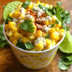 For this recipe, fresh corn is key. You need 4 ears of corn, husked. Look for corn that feels firm and has bright green husks. The kernels should be plump and juicy to ensure great flavor. Fresh corn adds a sweet crunch and makes your dish pop. The creamy sauce brings everything together. You will use: - 1/2 cup mayonnaise - 1/2 cup sour cream - 1 tablespoon lime juice Mix these ingredients well. The mayo gives richness, while sour cream adds tang. Lime juice brightens the flavor. This sauce coats the corn and makes it irresistible. The right seasonings add depth. You need: - 1 teaspoon chili powder - 1/4 teaspoon smoked paprika - 1/4 teaspoon garlic powder - Salt to taste These spices give warmth and a bit of heat. For garnishing, I suggest fresh cilantro and lime wedges. Use 1 cup of crumbled cotija cheese to finish the dish. Cotija adds a savory bite, making each bite delicious. For the full recipe, check the ingredients carefully to ensure a flavorful outcome. First, you need to boil the corn. Fill a large pot with water and add salt. Bring it to a boil. Once boiling, add the husked corn. Cook for 5-7 minutes until the corn is tender. Then, take the corn out and let it cool. Once it's cool enough to handle, stand each ear on a board. Carefully cut down the sides to remove the kernels. This is where the magic happens! Place the kernels in a mixing bowl. Now, let’s make the sauce. In a separate bowl, add mayonnaise and sour cream. Then, squeeze in the lime juice. Next, add chili powder, smoked paprika, garlic powder, and a pinch of salt. Whisk everything together until it's smooth and creamy. This sauce is the heart of the dish! Pour the sauce over the corn kernels. Mix it well so every kernel gets coated. Now, fold in half of the crumbled cotija cheese. Set the rest aside for later. To serve, spoon the corn mixture into cups or bowls. Top each one with the remaining cotija cheese. A sprinkle of chili powder and some chopped cilantro adds a nice touch. Serve it with lime wedges on the side for a burst of flavor. Enjoy this delicious dish! For more details, check out the Full Recipe. To cook corn just right, I use fresh ears. Bring a pot of salted water to a boil. Add the husked corn and cook for 5-7 minutes. The corn should be tender but still crisp. After cooking, let it cool slightly before cutting it off the cob. This keeps it juicy and full of flavor. For the best flavor, mix the sauce well. Combine mayonnaise, sour cream, lime juice, chili powder, smoked paprika, and garlic powder. Make sure everything blends smoothly. The creamy sauce should coat the corn nicely. Adjust the salt to your taste. You want a mix of tangy, spicy, and creamy. Serve this dish in clear cups for a fun touch. This lets everyone see the colorful layers. Top each cup with the remaining cotija cheese and a sprinkle of chili powder. Add chopped cilantro for a fresh look. Don't forget to include lime wedges on the side. This adds a great pop of color and flavor. For the full recipe, check out the details above. {{image_2}} You can play with different cheeses in this dish. Cotija cheese is the classic choice. It adds a salty taste and crumbly texture. However, you can try feta cheese for a creamier feel. Queso fresco works well too, giving a fresh and mild flavor. Each cheese brings its own twist to the dish. Get creative with your toppings! You can add diced avocado for creaminess. Chopped jalapeños bring heat and crunch. For a sweet touch, try adding diced mango. If you love herbs, fresh basil or parsley can brighten the flavor. Mix and match to find your favorite combo. Adjust the spice level to fit your taste. For mild flavors, stick to just a pinch of chili powder. You can swap it for paprika for a smoky note. If you want heat, add cayenne pepper or hot sauce. Start small, then increase until you reach your ideal spice level. To keep your Mexican street corn in a cup fresh, place it in an airtight container. Let it cool down to room temperature first. This helps prevent moisture buildup. Store it in the fridge for up to three days. Make sure to label the container with the date. This way, you know how long it's been there. When you want to enjoy your leftovers, reheating is key. Use a microwave for quick warming. Place the corn in a microwave-safe bowl. Cover it with a damp paper towel to keep it moist. Heat it for about 30 seconds. Check it and stir before heating more. If you want to keep that fresh taste, avoid reheating more than once. You can also freeze your Mexican street corn in a cup for later enjoyment. Start by placing it in a freezer-safe container. Leave some space at the top for expansion. This dish can last up to two months in the freezer. When ready to eat, thaw it in the fridge overnight. Reheat it gently to bring back the flavor. To make Mexican street corn in a cup, start with fresh corn. First, boil the corn for about 5-7 minutes. Once cooked, cool it and cut the kernels off the cob. Next, mix mayonnaise, sour cream, lime juice, chili powder, smoked paprika, garlic powder, and salt in a bowl. Combine the corn with the sauce until well coated. Then, serve it in cups, topping with cotija cheese and cilantro. You can find the full recipe above for precise steps. The best way to cook corn for this recipe is by boiling. Use a large pot and add water with salt. Bring it to a boil before adding the husked corn. Cook it until tender, which takes about 5-7 minutes. You can also grill or roast the corn for a smoky flavor, but boiling keeps it tender and sweet. Yes, you can find Mexican street corn at many restaurants and food trucks. It is a popular street food in Mexico. Many places serve it in cups or on the cob, topped with cheese and spices. Look for food trucks that specialize in Mexican cuisine, as they often include this tasty dish on their menus. This blog post covered how to make delicious Mexican street corn. We looked at fresh corn, sauces, and garnishes. Then, I shared steps to prepare, cook, and serve the dish. You learned tips for perfect corn and flavor balance. We also explored tasty variations and how to store leftovers. In the end, don't shy away from trying new toppings and spices. Experiment with this recipe and make it your own!