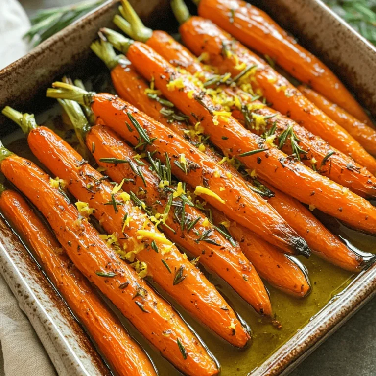 - 1 pound carrots, peeled and cut into sticks - 2 tablespoons olive oil - 2 tablespoons fresh rosemary, finely chopped - 1 teaspoon garlic powder - Salt and pepper to taste - 1 tablespoon honey (optional) - Zest of 1 lemon When making rosemary roasted carrots, start with fresh, vibrant carrots. Carrots are sweet and tender when roasted. The olive oil helps with browning. Fresh rosemary adds a lovely aroma and flavor. Garlic powder gives a nice kick. Salt and pepper enhance the natural taste. If you want sweetness, add honey. Zest from a lemon brightens the dish. Using quality ingredients matters. Fresh rosemary brings out the best in the carrots. You can find rosemary in most grocery stores. If you can’t find fresh, dried will work in a pinch. Just use less, as dried herbs are stronger. Each ingredient plays a key role. The balance of flavors makes this dish special. It's simple yet full of flavor. You can check the Full Recipe for more details. Gather these ingredients, and let’s move on to the steps to create this delicious side dish! First, preheat your oven to 425°F (220°C). This step is key for getting the right roast. While the oven heats up, grab a large mixing bowl and add your carrot sticks. Pour in the olive oil, chopped rosemary, garlic powder, salt, and pepper. If you want a hint of sweetness, drizzle in the honey. Mix everything well, so the carrots get a good coat of flavor. Next, toss the carrots again to ensure they are evenly coated. This helps every piece get roasted nicely. Then, arrange them in a single layer on a baking sheet lined with parchment paper. This makes clean-up easy, too! Place the baking sheet in the oven and roast the carrots for about 25 to 30 minutes. Don't forget to toss them halfway through for even cooking. Once the carrots are done, take them out of the oven. They should look golden and slightly caramelized. Now, sprinkle the lemon zest over the carrots. This adds a fresh pop of flavor! Toss them lightly to mix in the zest. Serve these warm with your favorite main course to enjoy a simple and flavorful dish. For the full recipe, check [Full Recipe]. To get the best results when roasting carrots, start with the right oven temperature. I recommend setting your oven to 425°F (220°C). This high heat helps the carrots cook evenly and develop that lovely caramelization. When placing the baking sheet in the oven, put it in the center. This allows for even air circulation, which is key for perfect roasting. To ensure even cooking, toss the carrots halfway through. This helps them brown on all sides. Rosemary pairs beautifully with carrots, but don’t stop there! Other herbs like thyme or dill can add great taste too. You can even mix them for a unique flavor. If you want to make the dish sweeter, honey is a great choice. You can also try maple syrup or brown sugar. Each will bring a different flavor to your carrots. Just keep the balance right so the carrots don’t become too sweet. For a stunning presentation, serve the carrots on a white plate. This contrast shows off their bright color. You can also sprinkle fresh herbs on top for added color and flavor. Pair rosemary roasted carrots with grilled chicken or fish. They also go well with a rich beef dish. This way, you create a balanced meal that looks and tastes great. For the full recipe, check out the detailed instructions above. {{image_2}} You can easily add other root vegetables to your rosemary roasted carrots. Try parsnips, sweet potatoes, or beets. These veggies add more color and flavor. Cut them into similar sizes for even cooking. When roasting different types of vegetables, remember: - Hard vegetables like carrots and potatoes take longer to cook. - Soft vegetables like zucchini or bell peppers cook faster. Add these later in the roasting time. You can change the flavor of the dish by adding spices. Cumin or paprika gives a warm touch. Try adding a pinch of red pepper flakes if you like heat. Fresh herbs also work well. You can swap rosemary with thyme or parsley. Each herb offers its own unique flavor. Experiment to find your favorite mix! Making this dish vegan is easy. Simply leave out the honey or use maple syrup instead. You can also use vegetable oil instead of olive oil for a lighter option. If you want a gluten-free dish, you’re already set! This recipe is naturally gluten-free. Reducing oil can help cut calories, making it a lighter side. Adjust the oil to your taste without losing flavor. For the Full Recipe, check the earlier section! After you enjoy your rosemary roasted carrots, store the leftovers in the fridge. Place them in an airtight container. This keeps them fresh and tasty for up to four days. Make sure the carrots cool down before sealing the container. If you have a lot left, consider using a glass container. They are great for keeping food fresh and let you see what’s inside. When you’re ready to enjoy your leftovers, you want them warm and tasty. The best way to reheat roasted carrots is in the oven. Preheat your oven to 350°F (175°C). Spread the carrots on a baking sheet. Heat for about 10 to 15 minutes. This method helps keep them crisp. You can also use a microwave if you're in a hurry. Just cover them with a damp paper towel to keep some moisture. Serve them as a side dish or toss them in a salad for a fun twist. Yes, you can freeze rosemary roasted carrots! Freezing is a great way to save leftovers. First, let the carrots cool completely. Then, place them in a freezer-safe bag or container. Try to remove as much air as possible to avoid freezer burn. They can last for up to three months in the freezer. When you’re ready to eat, take them out and thaw in the fridge overnight. Reheat them in the oven for the best texture. Enjoy your delicious carrots later with ease! For the complete recipe, check the Full Recipe section. Roasted carrots cook best at 425°F (220°C). This high heat helps the carrots caramelize. Caramelization adds flavor and sweetness. It also gives the carrots a nice golden color. Preheating your oven is key for even cooking. Carrots usually take 25 to 30 minutes to roast. The exact time depends on their size and thickness. If your carrot sticks are thin, check them at 20 minutes. Thicker pieces may need a bit more time. Toss the carrots halfway through cooking for even roasting. Yes, you can use dried rosemary in place of fresh. Use about one teaspoon of dried rosemary for every tablespoon of fresh. Dried herbs are more potent, so adjust to taste. Add the dried rosemary at the same time as other seasonings. This helps infuse the flavor. For the full recipe, check out the [Full Recipe]. In this post, we covered how to make delicious rosemary roasted carrots. You learned about the main ingredients, step-by-step instructions, and tips for perfect results. We also explored various flavor variations and ways to store leftovers. Roasting enhances the natural sweetness of carrots and adds a lovely herb flavor. With these tips, you can impress anyone at your dinner table. Enjoy the process, try new ideas, and make this dish your own. Your meals will surely shine with these tasty carrots.