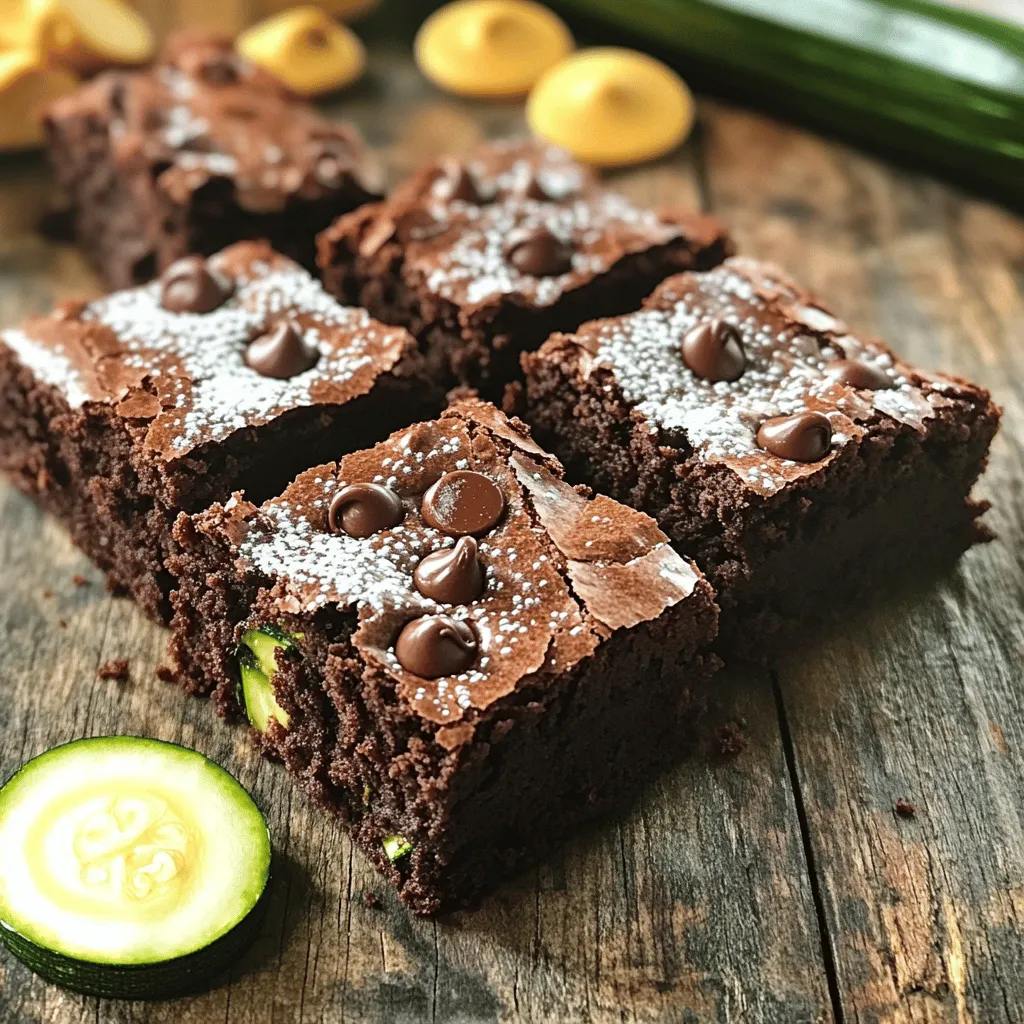 - 1 cup grated zucchini - 1/2 cup unsweetened applesauce - 1/2 cup brown sugar - 1/4 cup granulated sugar - 1/3 cup vegetable or melted coconut oil - 2 large eggs - 1 teaspoon vanilla extract Zucchini is the star here. It makes these brownies moist without altering the taste. You will need one medium zucchini. Grate it, then squeeze out extra moisture. Applesauce adds sweetness and keeps the brownies soft. Brown sugar gives a rich flavor, while granulated sugar balances it out. The oil helps bind everything together and adds richness. Use either vegetable oil or melted coconut oil. Eggs provide structure, and vanilla adds a lovely aroma. - 1 cup all-purpose flour - 1/3 cup unsweetened cocoa powder - 1/2 teaspoon baking soda - 1/4 teaspoon baking powder - 1/4 teaspoon salt The dry mix includes all-purpose flour. It creates the base for your brownies. Cocoa powder gives the brownies a deep chocolate flavor. Baking soda and baking powder help them rise. Don't forget the salt! It enhances all the flavors in the brownies. - 1/2 cup chocolate chips - 1/4 cup chopped nuts (walnuts or pecans) Want to make these brownies even better? Add chocolate chips for extra gooeyness. You can use semi-sweet or dark chocolate chips. Chopped nuts add a nice crunch. Walnuts or pecans work well. Now that you know the ingredients, you can check out the Full Recipe for detailed steps on how to whip up these delicious treats! - Preheat oven to 350°F (175°C). - Grease or line an 8x8-inch baking pan. - Combine zucchini, applesauce, sugars, oil, eggs, and vanilla. - Mix well until combined. When you mix these wet ingredients, you start to see the magic happen. The zucchini adds moisture and a hint of texture. The applesauce keeps the brownies soft and sweet. The sugars blend perfectly with the oil and eggs. - Whisk together flour, cocoa powder, baking soda, baking powder, and salt. - Gradually add to wet mixture. This step is key. Whisking the dry ingredients ensures even distribution. When you add them to the wet mix, do it slowly. This helps the batter come together without lumps. - Gently fold in chocolate chips and nuts. - Pour batter into the prepared pan. - Bake for 25-30 minutes and check with a toothpick. When you fold in chocolate chips, you create pockets of melted goodness. Pour the batter into the pan and smooth it out. Keep an eye on the baking time; a toothpick should come out with a few moist crumbs. This means your brownies are soft and rich. For the full recipe, refer back to the earlier sections to ensure you have all the steps down. Enjoy your baking journey! To make great zucchini brownies, you must manage moisture. Zucchini has a lot of water. If you do not squeeze out the extra moisture, your brownies will be too wet. Use a clean kitchen towel or cheesecloth. Wrap the grated zucchini in it and twist to squeeze out the water. This step is key to getting the right texture. Balancing wet and dry ingredients is also vital. If your zucchini is too moist, add a bit more flour. It helps the batter hold together. If it seems dry, you can add a spoon of applesauce. This will help your brownies stay soft and moist. Mixing the batter just right is crucial. When you combine the wet and dry ingredients, mix until just blended. Overmixing can make your brownies tough. This happens because the gluten in the flour develops too much. Watch for signs of overmixing. If the batter looks shiny or too stretchy, you may have mixed it too much. Stop mixing as soon as you no longer see dry flour. This will give you soft and fudgy brownies. To make your brownies even better, think about adding spices. A pinch of cinnamon can add warmth and depth. You can also try nutmeg or even a bit of espresso powder for a rich taste. Using different types of chocolate chips can change the flavor too. Semi-sweet chips give a classic taste. Dark chocolate chips add a nice bitterness. You could even use milk chocolate for a sweeter treat. Choose what you love to make your brownies unique. For more ideas, check the full recipe. {{image_2}} You can make zucchini brownies gluten-free with a few simple swaps. Instead of all-purpose flour, use: - Almond flour - Coconut flour - Oat flour These options work well. Be sure to adjust the liquid in your recipe. Use a good gluten-free baking blend too. Look for blends that include xanthan gum for better texture. For a vegan version, replace the eggs. You can use: - 1 tablespoon ground flaxseed mixed with 3 tablespoons water (let it sit for 5 minutes) - 1/4 cup unsweetened applesauce Both options work well. Also, choose dairy-free chocolate chips. They add the same rich flavor without animal products. Zucchini brownies are a great base for many flavors. Here are some tasty ideas: - Add chopped nuts like walnuts or pecans for a crunchy texture. - Include seeds such as sunflower or pumpkin seeds for extra nutrients. - Use different extracts like almond or mint to switch up the flavor. Your brownies can be as unique as you want! For the full recipe, check out the earlier section. Enjoy experimenting with these variations! To keep your zucchini brownies fresh, store them in an airtight container. This helps retain moisture. You can place parchment paper between layers to prevent sticking. For best results, keep them in the fridge. This will help them last longer. The best containers for storage are glass or plastic. Glass containers are great for visibility. They also help maintain moisture well. If you use plastic, make sure it seals tightly. To freeze your brownies, first, let them cool completely. Then, cut them into squares. Wrap each piece tightly in plastic wrap. For added protection, place them in a freezer bag or container. To thaw, simply take out the desired amount and leave them at room temperature for a few hours. You can also microwave them for about 10 seconds for instant warmth. Zucchini brownies can last in the freezer for up to three months. At room temperature, zucchini brownies last about three to four days. If you store them in the fridge, they can last up to a week. Check for signs of spoilage. If they develop a strange smell or mold, it’s time to toss them. A dry or hard texture also means they are past their prime. Enjoy your delicious treats while they are fresh! No, you cannot taste the zucchini in these brownies. Zucchini has a mild flavor. It adds moisture without changing the brownie’s taste. Most people notice the rich chocolate flavor instead. It makes these brownies delightfully moist and soft. To make fudgier brownies, use less flour. You can also add more fat, like oil. Try swapping some of the flour for extra cocoa powder. Adding an extra egg yolk can also help. This will give you that chewy texture you crave. If you need a substitute for cocoa powder, try carob powder. It has a similar taste but is sweeter. You can also use melted dark chocolate. Just remember to adjust the sugar in your recipe since chocolate is sweet. Yes, you can use whole wheat flour. It will change the texture a bit, making it denser. For lighter brownies, blend half all-purpose flour with half whole wheat. This gives you a nice balance of flavor and texture. To check if brownies are done, insert a toothpick in the center. If it comes out with a few moist crumbs, they're ready. If it’s wet with batter, bake them a bit more. Keep an eye on the time; they usually take 25-30 minutes. Zucchini brownies are a delicious way to enjoy a sweet treat while sneaking in veggies. We discussed the key ingredients, steps for baking, and tips for perfecting your brownies. Remember, managing moisture and avoiding overmixing is key for great texture. Feel free to explore variations and storage tips for long-lasting freshness. Try out these recipes and have fun experimenting with flavors. You'll enjoy rich, moist brownies that impress everyone!