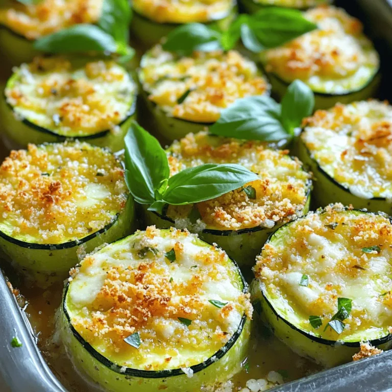 To make Baked Zucchini Parmesan, gather these simple ingredients: - 4 medium zucchinis, sliced into ½-inch rounds - 1 cup shredded mozzarella cheese - ½ cup grated Parmesan cheese - 1 cup breadcrumbs (use panko for extra crunch) - 2 garlic cloves, minced - 1 teaspoon dried oregano - 1 teaspoon dried basil - 1 teaspoon salt - ½ teaspoon black pepper - 2 tablespoons olive oil - Fresh basil leaves for garnish (optional) You can add more flavor with these optional ingredients: - Red pepper flakes for heat - Fresh garlic instead of minced - A squeeze of lemon juice for brightness - Different herbs like thyme or rosemary These extras can change the taste and make your dish special. Each serving of Baked Zucchini Parmesan has about: - Calories: 220 - Protein: 10g - Fat: 12g - Carbohydrates: 20g - Fiber: 3g - Sugar: 4g This dish is a great mix of veggies and cheesy goodness! Enjoy it as a side or a light meal. Check the Full Recipe for more details on cooking. Start by washing the zucchinis well. Slice them into ½-inch rounds. Make sure the slices are even. This helps them cook at the same rate. Lay the zucchini slices on a clean kitchen towel. Pat them dry to remove extra moisture. This step ensures the dish is not soggy. Grab a large bowl and add the breadcrumbs. I like using panko for a crunchy texture. Next, add the minced garlic, oregano, basil, salt, and black pepper. Mix everything well with a fork. Now, drizzle olive oil over the mixture. Toss it until all the breadcrumbs are coated. This adds flavor and helps them crisp up in the oven. Line a baking sheet with parchment paper for easy cleanup. Arrange the zucchini slices in a single layer on the sheet. Take a handful of the breadcrumb mixture and sprinkle it over the zucchini. Make sure each slice gets a good coating. Then, add the mozzarella cheese evenly on top. Finally, sprinkle the grated Parmesan over the cheese. Now, it’s time to bake! Place the sheet in the oven, set at 400°F (200°C). Bake for 25 to 30 minutes. Look for the cheese to be bubbly and golden. Once done, let it cool for a few minutes. If you want, add fresh basil leaves for a nice touch. Enjoy your delicious meal! To bake zucchini well, start with firm, fresh zucchinis. Choose ones that feel heavy for their size. Slice them evenly into ½-inch rounds. This size helps them cook through without getting mushy. Lay the slices out in a single layer on your baking sheet. Avoid overcrowding, as this lets moisture escape. For that gooey, melted cheese, use a mix of mozzarella and Parmesan. Mozzarella melts beautifully, while Parmesan adds a nice crust. Sprinkle the cheeses evenly over the breadcrumbs. If you want extra meltiness, add a bit more mozzarella. Let the dish cool slightly before serving. This helps the cheese set a bit, making it easier to serve. Every oven is unique, so cooking times may vary. If your oven runs hot, check the zucchini a few minutes early. For a crispier top, you can broil the dish for the last few minutes. Just watch closely to avoid burning. Always use an oven thermometer to ensure accurate temperatures. This helps achieve the best results every time. For more cooking tips, check out the Full Recipe. {{image_2}} You can switch up the cheese for more flavor. Try using cheddar for a sharp taste. Goat cheese adds a creamy texture and tang. For a richer dish, mix in fontina or gouda. Each cheese brings its own special touch to the dish. Experiment with your favorites to find the perfect blend. Zucchini is great, but you can use other vegetables too. Eggplant, sliced thin, works well in this recipe. Tomatoes add a juicy burst of flavor. Bell peppers and mushrooms are also tasty options. Just remember to adjust cooking times based on the veggies you choose. You can make this dish gluten-free easily. Just swap regular breadcrumbs for gluten-free breadcrumbs. For a vegan version, replace the cheeses with plant-based alternatives. Nutritional yeast can add a cheesy flavor without dairy. You can also use cashew cheese for creaminess. Both options keep the dish delicious and satisfying. To keep your baked zucchini parmesan fresh, let it cool first. Once cool, place the dish in an airtight container. If you have leftovers, store them in the fridge. You can also wrap the dish tightly with plastic wrap or aluminum foil. This keeps moisture in and prevents drying out. When stored properly, baked zucchini parmesan lasts up to three days in the fridge. After that, the flavors may fade, and the texture can change. If you want to keep it longer, consider freezing it. It will stay good for about two months in the freezer. Just make sure to use a freezer-safe container. To reheat, you can use the oven or microwave. For the oven, preheat it to 350°F (175°C). Place the zucchini in an oven-safe dish and cover it with foil. Heat for about 15-20 minutes. If you prefer the microwave, heat in short bursts of one minute. Check to make sure it warms evenly. Enjoy the great taste of your baked zucchini parmesan just like day one! Yes, you can make Baked Zucchini Parmesan ahead of time. Simply prepare the dish up to the baking step. Cover it and store it in the fridge for up to one day. When you're ready to bake, just pop it in the oven. This saves time and lets the flavors meld together. Baked Zucchini Parmesan pairs well with many dishes. You can serve it with a fresh salad. A side of pasta or garlic bread also works great. For a light meal, enjoy it with grilled chicken or fish. These choices enhance your meal and make it more filling. Baked Zucchini Parmesan is a healthy option. Zucchini is low in calories and high in nutrients. The dish includes cheese, which adds protein and calcium. Using whole grain breadcrumbs increases fiber. This recipe provides a balance of veggies and flavors without being heavy. For the full recipe details, check the section above. You will find all the steps and ingredients needed to create this tasty dish. Enjoy! This post covered all you need for baked zucchini parmesan. We've reviewed ingredients, step-by-step instructions, and useful tips to make it great. You learned how to customize your dish with tasty variations and how to store leftovers properly. Baked zucchini parmesan is fun to make and healthy too. Enjoy your cooking experience and share your tasty results!