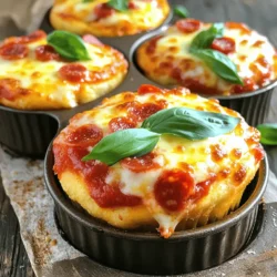 - 2 cups all-purpose flour - 1 tablespoon baking powder - 1 teaspoon salt - 1 teaspoon garlic powder - 1 teaspoon Italian seasoning - 1 cup whole milk - 1 large egg - 1/4 cup olive oil - 1 cup marinara sauce - 1 1/2 cups shredded mozzarella cheese - 1/2 cup diced pepperoni (or preferred toppings) - Fresh basil leaves for garnish To make deep dish pizza cupcakes, gather these ingredients first. The flour forms the base. Baking powder helps them rise. Salt adds flavor. Garlic powder and Italian seasoning give it a pizza taste. Whole milk, egg, and olive oil create a moist batter. Marinara sauce adds a rich layer, while mozzarella cheese and pepperoni provide that classic pizza bite. Fresh basil leaves finish the dish with a burst of color and flavor. For the full recipe, check out the details above. - Preheat oven to 375°F (190°C) - Grease a 12-cup muffin tin First, preheat your oven. Getting it hot helps the cupcakes rise nicely. While the oven heats, grease your muffin tin. Use cooking spray or olive oil. This step keeps your cupcakes from sticking. - Combine flour, baking powder, salt, garlic powder, and Italian seasoning Now, grab a large bowl. In it, mix the flour, baking powder, salt, garlic powder, and Italian seasoning. Stir these dry ingredients well. This ensures even flavor in your cupcakes. - Mix milk, egg, and olive oil until smooth Next, take another bowl. In this bowl, whisk together the milk, egg, and olive oil. Make sure it is smooth. This mixture adds moisture and richness to your cupcakes. - Combine wet and dry ingredients without overmixing - Spoon batter into muffin cups and layer toppings Pour the wet mixture into the dry bowl. Stir gently until just combined. Be careful not to overmix. The batter should be thick. Now, scoop about a tablespoon of batter into each muffin cup. Spread it evenly across the bottom. Then, add a dollop of marinara sauce on top. Follow with some shredded mozzarella cheese and a few pepperoni pieces. Cover these toppings with another tablespoon of batter. Make sure everything is encased well. - Bake for 18-20 minutes - Cool for 5 minutes before removing Place the muffin tin in the oven. Bake for about 18 to 20 minutes. Watch for the tops to turn golden brown. A toothpick should come out clean when you test it. After baking, let the cupcakes cool for 5 minutes. This cooling helps them firm up. Use a fork or knife to gently remove them from the tin. Enjoy your deep dish pizza cupcakes warm! For the full recipe, check the recipe section. To get the best texture in your deep dish pizza cupcakes, avoid overmixing the batter. Overmixing can lead to tough cupcakes. Mix until the ingredients blend, but leave some lumps. This keeps your cupcakes light and fluffy. Aim for the right consistency, which should be thick but not dry. A perfect batter should easily hold its shape when spooned into the muffin tin. You can customize your pizza cupcakes to fit your taste. Try different toppings like bell peppers, mushrooms, or olives. You can also swap the pepperoni for cooked sausage or bacon. For cheese, mozzarella is a great choice. You can also use provolone or cheddar for unique flavors. Want more heat? Add red pepper flakes or jalapeños to spice things up. Fresh basil leaves make a big difference in flavor. They add a nice touch of freshness. Sprinkle some on top just before serving. This adds color and aroma. Serve these cupcakes warm for the best taste. They are perfect for parties or casual snacks. You can also pair them with a side of marinara sauce for dipping. For more ideas, check out the full recipe. {{image_2}} You can make deep dish pizza cupcakes fun with different toppings. For those who love veggies, try bell peppers, mushrooms, or spinach. These add great flavor and color. You can also use cheese blends, like cheddar or pepper jack, for a twist. For international flavors, think outside the box. BBQ chicken gives a sweet and smoky taste. Spicy Italian sausage adds heat that many enjoy. The options are endless! Making these cupcakes gluten-free is easy. Swap all-purpose flour with gluten-free flour blends. You might need to adjust the liquid slightly. For a low-carb option, use almond flour or coconut flour. When you change ingredients, check your baking time. You might need a few extra minutes to cook them fully. You can also use an air fryer for these cupcakes. It cooks them quickly and gives a crispy edge. Just set the air fryer to 320°F (160°C) and bake for about 12-15 minutes. Want bite-sized treats? Make mini versions in a smaller muffin tin. These are perfect for parties or snacks. Adjust the baking time to about 10-12 minutes for mini cupcakes. Each method brings a unique touch to this delightful savory snack. After you enjoy your deep dish pizza cupcakes, let them cool down. This step is key. Place them in a container with a tight lid. Use an airtight container to keep them fresh. You can store them in the fridge for about 3 to 5 days. If you want to keep them longer, consider freezing. You have two main options for reheating: the microwave or the oven. The microwave heats quickly but may make your cupcakes soggy. The oven, however, keeps them crispy. To reheat in the oven, set it to 350°F (175°C). Heat for about 10 minutes. This method helps restore that crunchy texture. Yes, you can freeze deep dish pizza cupcakes! To freeze, wrap each cupcake in plastic wrap. Then, place them in a freezer bag. This keeps them fresh for up to 2 months. When you're ready to eat, thaw them in the fridge overnight. After thawing, reheat in the oven to bring back the crispiness. Enjoy your tasty treat whenever you want! For the complete recipe, check out the Full Recipe. A deep dish pizza cupcake is a fun twist on pizza. It has a soft, thick crust and is filled with sauce, cheese, and toppings. Imagine a mini pizza baked in a muffin tin. Each cupcake offers a burst of flavor in every bite. You can customize them to suit your taste. Whether you like pepperoni or veggies, the options are endless. They look cute and are easy to share. These cupcakes can last about three days when stored right. Keep them in an airtight container in the fridge. This helps them stay fresh and tasty. If you want them to last longer, they can be frozen for up to three months. Just make sure to wrap them well to prevent freezer burn. Yes, you can make the batter ahead of time. Just store it in the fridge for up to 24 hours. This makes it easier when you’re ready to bake. When you’re ready, just stir it a bit before filling the muffin tin. This helps keep the texture nice. Definitely! Kids love these cupcakes because they are fun to eat. You can let them choose their toppings. This way, they can make their own mini pizzas. They are perfect for parties or family dinners. These cupcakes are also a great way to get kids to eat more veggies. You can find deep dish pizza cupcakes at local bakeries or pizza shops. Some restaurants also serve them as a fun appetizer. If you want to try making them at home, check out the Full Recipe. This way, you can enjoy them fresh from your kitchen. Deep dish pizza cupcakes are fun to make and eat. You now know the key ingredients, steps to bake, and tips for perfect results. Remember, your choices for toppings can make your cupcakes sing with flavor. Store any leftovers properly to keep them fresh. Whether you opt for gluten-free versions or try new baking methods, these cupcakes are versatile and family-friendly. Enjoy the process and have fun customizing each batch to your taste!