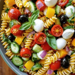- 3 cups fusilli or rotini pasta - 1 cup cherry tomatoes, halved - 1 cup cucumber, diced - 1/2 cup black olives, sliced - 1/2 cup bell peppers (red and yellow), diced - 1/4 cup red onion, finely chopped - 1/2 cup mozzarella balls (bocconcini), halved - 1/4 cup fresh basil leaves, torn - 1/4 cup olive oil - 3 tablespoons red wine vinegar (or apple cider vinegar) - 1 teaspoon garlic powder - 1 teaspoon dried oregano - Salt and pepper to taste - Additional vegetables (e.g., zucchini, artichokes) - Protein options (e.g., diced salami, grilled chicken) - Large pot for boiling pasta - Mixing bowls - Whisk for dressing - Colander for draining pasta When making Zesty Italian Pasta Salad, you want the best ingredients. Fresh veggies boost flavor and color. I love using fusilli or rotini pasta; they hold the dressing well. Cherry tomatoes add sweetness, while cucumbers give a nice crunch. Black olives bring saltiness, and bell peppers add a sweet pop. For the dressing, olive oil and vinegar create a zesty base. I often use red wine vinegar, but apple cider vinegar works too. Garlic powder and oregano add depth. Don't forget salt and pepper! You can also customize this salad with optional add-ins. Try adding zucchini or artichokes for more flavor. If you want protein, diced salami or grilled chicken fits perfectly. Gather your equipment: a large pot for boiling, mixing bowls for combining, a whisk for the dressing, and a colander for draining the pasta. For the full recipe, check out the instructions provided. Happy cooking! - Bring salted water to a boil. - Cook pasta according to package directions until al dente. - Rinse under cold water after draining. Cooking pasta is the first step in making your zesty Italian pasta salad. Make sure to use plenty of salt in the water. This helps to flavor the pasta while it cooks. Follow the package directions for the best results. Once the pasta is done, drain it well. Rinsing it under cold water stops the cooking and keeps the pasta firm. - Chop tomatoes, cucumbers, bell peppers, and red onion. - Slice black olives and mozzarella balls. While the pasta cooks, you can prepare your veggies and cheese. Start by chopping the cherry tomatoes, cucumbers, bell peppers, and red onion into bite-sized pieces. Feel free to choose your favorite colors of bell peppers for a vibrant look. Next, slice the black olives and mozzarella balls. These ingredients add crunch and creaminess to your salad. - Whisk olive oil, vinegar, garlic powder, oregano, salt, and pepper together. Now it’s time to make the dressing. In a small bowl, whisk together the olive oil and vinegar. You can use red wine vinegar for a bold taste or apple cider vinegar for a milder flavor. Add garlic powder, dried oregano, salt, and pepper. This simple mix brings all the zesty flavors together. - Mix cooked pasta with chopped vegetables, olives, and mozzarella. - Pour dressing over the salad and toss until combined. In a large bowl, combine the cooked pasta with the chopped veggies, olives, and mozzarella. Then, drizzle the dressing over the top. Toss everything gently to coat all the ingredients evenly. This is where the fun happens! You’ll see all the colors mix beautifully. - Cover and refrigerate for at least 30 minutes. Cover the salad and place it in the fridge for at least 30 minutes. This chilling time helps the flavors blend. It also makes the salad refreshing and cool, perfect for hot days. - Toss the salad gently before serving. - Adjust seasoning as needed. When you’re ready to serve, give the salad a gentle toss. This helps to re-mix any ingredients that might have settled. Taste it and adjust the seasoning if needed. You can add a pinch more salt or some fresh herbs for extra flavor. Enjoy your zesty Italian pasta salad! For more detailed instructions, check the Full Recipe. To boost the taste of your Zesty Italian Pasta Salad, marinate the ingredients for a more robust flavor. This lets the veggies soak up the dressing. Using fresh herbs, like basil or parsley, adds a vibrant touch that brightens the whole dish. Fresh herbs wake up the salad and make it burst with taste. Rinsing the pasta under cold water not only stops the cooking but also enhances freshness. This simple step makes the pasta taste lighter. To create fun texture contrasts, think about adding crunchy or creamy ingredients. You can toss in some roasted nuts for crunch or a creamy dressing that coats everything. When serving, choose a large glass bowl. This allows all the colors to shine through. A colorful display makes the salad look inviting. For a final touch, garnish with extra basil or a sprinkle of grated cheese on top. This will make your dish look as good as it tastes. For a complete guide, check out the Full Recipe. {{image_2}} You can easily make this pasta salad meat-free. Add more veggies like spinach or arugula. These greens bring a fresh crunch. You can also add chickpeas for extra protein. They pack a punch and make the salad even heartier. If you need a gluten-free dish, use gluten-free pasta options. Many brands offer great choices that taste just as good. This way, everyone can enjoy this tasty salad. Change the dressing for a new taste. Swap red wine vinegar with balsamic vinegar for a sweeter flavor. You can also add a squeeze of lemon juice for a zesty kick. This makes the salad even more refreshing. To find the perfect mix, feel free to experiment with your favorite dressings. For the full recipe, check out the main section. To keep your pasta salad fresh, place it in an airtight container. This helps keep out air and moisture. Store it in the refrigerator right away. This way, it stays tasty for you to enjoy later. For the best flavor, eat your Zesty Italian Pasta Salad within 3-5 days. After that, the veggies may lose crunch, and the flavors can fade. Trust me, it tastes best when fresh! Freezing this salad is not a good idea. The pasta and veggies will change texture and become mushy. It’s best to enjoy this dish fresh. If you have leftovers, just refrigerate them. You’ll love how bright and zesty it stays when kept properly. If you want to whip up a new batch, check out the Full Recipe for quick steps! Yes, it can be prepared a day prior to serving. This dish tastes even better when it sits in the fridge. The flavors mix well and become more bold. Just keep it covered in the fridge until you are ready to serve. Cheddar or feta cheese can be used as alternatives. These cheeses offer unique tastes and textures. Cheddar adds a sharp flavor, while feta brings a creamy, tangy touch. Feel free to mix and match based on what you have. Add sliced jalapeños or a dash of hot sauce to the dressing. This simple change gives your salad a nice kick. You can also try crushed red pepper flakes for more heat. Adjust the spice level to suit your taste buds. Yes, it works well for meal prep and stays fresh when stored properly. The pasta salad holds up well for several days. Just make sure to keep it in an airtight container. It’s a great option for lunches or quick dinners. For the full recipe, check the earlier sections. This pasta salad combines fresh flavors with simple steps. You cook the pasta, prepare the vegetables, and make a tasty dressing. Then, mix everything to enjoy a colorful dish. Remember, you can add more veggies or proteins to make it your own. Store leftovers properly to keep them fresh for meals later. Use these tips and tricks for great taste and presentation. Enjoy your zesty Italian pasta salad with family and friends. It’s a crowd-pleaser made easy!