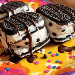 To make Oreo ice cream sandwiches, you need just a few key items. Here’s what you need: - 24 Oreo cookies - 2 cups vanilla ice cream (softened) - 1/2 cup mini chocolate chips These ingredients create the perfect mix of crunchy and creamy. The Oreo cookies give a sweet crunch, while the vanilla ice cream adds smoothness. You can add a few fun extras to make your sandwiches even better. Here are some options: - 1/2 cup chopped nuts (optional) - Chocolate syrup (for drizzling) Adding nuts gives a nice crunch. Drizzling chocolate syrup makes each bite even more delicious. You don't need fancy tools to make these treats. Here’s what you will need: - Mixing bowl - Spoon or spatula - Plastic wrap or parchment paper - Freezer These items help you mix and freeze your sandwiches easily. Even with simple tools, you can create a fun dessert! Start by taking 12 Oreo cookies. Place them on a flat surface, cream side up. This will be the bottom of your ice cream sandwich. Make sure they sit close together. You want to keep things neat and tidy. Next, grab a mixing bowl. Add the softened vanilla ice cream. Toss in the mini chocolate chips and chopped nuts if you like. Stir all the ingredients together well. You want a nice mix that is creamy and fun. This filling is where the magic happens! Now for the fun part! Take a scoop of ice cream filling. Aim for about 2 tablespoons. Place it on top of an Oreo cookie. Then, gently press another Oreo cookie, cream side down, on top of the ice cream. Keep doing this until you have 12 sandwiches. Wrap each one in plastic wrap or parchment paper. Put them in the freezer. Let them freeze for at least 2 hours. This will make the ice cream nice and firm. When you are ready to eat, unwrap them, drizzle with chocolate syrup, and enjoy! To build the best Oreo ice cream sandwiches, start with the right tools. Use a flat surface. This keeps everything steady. Place 12 Oreo cookies down with the cream side up. This allows the ice cream to stick. Scoop about 2 tablespoons of ice cream mix onto each cookie. Don't be shy with the amount! When you press the second cookie down, do it gently. This helps keep the ice cream from spilling out. The best ice cream for these sandwiches is soft but not too runny. Let the ice cream sit at room temperature for about 10 minutes before mixing. This makes it easier to blend with the chocolate chips and nuts. If the ice cream is too hard, your sandwiches will be tough to bite into. If it's too soft, the sandwiches will fall apart. Find that perfect balance! Presentation makes your treat even more fun! Use a colorful plate or a nice slate. You can drizzle chocolate syrup over the sandwiches for a tasty touch. For extra flair, add sprinkles or mini chocolate chips around the sandwiches. This adds color and texture. Remember, the first bite is all about the look! Enjoy your delicious creations! {{image_2}} You can switch up the flavor of your Oreo ice cream sandwiches easily. Try adding mint extract to your ice cream for a mint-chocolate twist. If you love peanut butter, mix in creamy peanut butter with the ice cream. This gives a rich and nutty taste. You can also use different ice cream flavors like cookies and cream or coffee. The options are endless. Just think about your favorite flavors and go for it! If you want to change some ingredients, it’s simple. Use gluten-free Oreo cookies if you need a gluten-free option. You can swap vanilla ice cream for dairy-free ice cream made from coconut or almond milk. You can also use yogurt instead of ice cream for a lighter treat. Get creative and think about what you have at home. It’s all about making it work for you! Oreo cookies are classic, but you can try other cookies too. Use chocolate chip cookies for a chewy twist. Or, go for graham crackers for a fun s'mores flavor. You can even use homemade cookies if you prefer. Just remember to keep the size similar. This way, your sandwiches will hold together nicely. Mixing and matching cookie types keeps things fun! To keep your Oreo ice cream sandwiches fresh, wrap each one in plastic wrap. This helps keep the ice cream from getting freezer burn. You can also use parchment paper if you prefer. Place the wrapped sandwiches in an airtight container. This is key for keeping them safe and tasty. Make sure your ice cream is soft but not melted when you fill the cookies. This helps you scoop it out easily. After you make the sandwiches, freeze them right away. Set your freezer to a low temperature for the best results. It’s best to freeze them for at least two hours or until the ice cream is firm. This way, they hold their shape when served. Oreo ice cream sandwiches can last about two weeks in the freezer if stored well. After that, they may lose some taste and texture. When you’re ready to serve, take them out and let them sit for a few minutes. This makes them easier to bite into. Drizzle with chocolate syrup to make them even more delicious! You can make Oreo Ice Cream Sandwiches at home easily. Start with Oreo cookies and vanilla ice cream. First, lay 12 Oreo cookies on a flat surface, cream side up. Next, mix 2 cups of softened vanilla ice cream with 1/2 cup of mini chocolate chips. If you want, add 1/2 cup of chopped nuts too. Scoop about 2 tablespoons of this mixture onto each cookie. Then, press another Oreo on top, cream side down. Wrap each sandwich and freeze them for at least 2 hours. For the full recipe, refer to the earlier section. Yes, you can buy Oreo Ice Cream Sandwiches at many grocery stores. Brands often sell these treats in the frozen aisle. They are perfect for quick snacks. However, homemade versions taste fresher and let you customize flavors. You can adjust the ice cream type or add fun toppings. Some common mistakes include using hard ice cream. Always let the ice cream soften before mixing. Another mistake is overfilling with ice cream. Stick to about 2 tablespoons per sandwich. It helps keep the sandwich neat. Lastly, don't forget to wrap them tightly before freezing. This keeps them fresh and avoids freezer burn. Making Oreo ice cream sandwiches is fun and easy. You learned about essential ingredients and helpful tips. I walked you through the steps to prepare the perfect treat. Don’t forget awesome flavor variations to try. Store them correctly for the best results. Enjoy your homemade creations with family and friends. With simple steps, you can impress everyone. Your key to success is practice and creativity. Now, go make those sandwiches and delight in every bite!