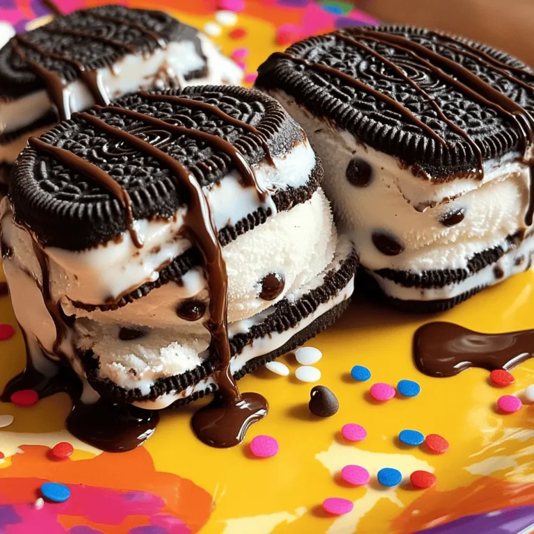 To make Oreo ice cream sandwiches, you need just a few key items. Here’s what you need: - 24 Oreo cookies - 2 cups vanilla ice cream (softened) - 1/2 cup mini chocolate chips These ingredients create the perfect mix of crunchy and creamy. The Oreo cookies give a sweet crunch, while the vanilla ice cream adds smoothness. You can add a few fun extras to make your sandwiches even better. Here are some options: - 1/2 cup chopped nuts (optional) - Chocolate syrup (for drizzling) Adding nuts gives a nice crunch. Drizzling chocolate syrup makes each bite even more delicious. You don't need fancy tools to make these treats. Here’s what you will need: - Mixing bowl - Spoon or spatula - Plastic wrap or parchment paper - Freezer These items help you mix and freeze your sandwiches easily. Even with simple tools, you can create a fun dessert! Start by taking 12 Oreo cookies. Place them on a flat surface, cream side up. This will be the bottom of your ice cream sandwich. Make sure they sit close together. You want to keep things neat and tidy. Next, grab a mixing bowl. Add the softened vanilla ice cream. Toss in the mini chocolate chips and chopped nuts if you like. Stir all the ingredients together well. You want a nice mix that is creamy and fun. This filling is where the magic happens! Now for the fun part! Take a scoop of ice cream filling. Aim for about 2 tablespoons. Place it on top of an Oreo cookie. Then, gently press another Oreo cookie, cream side down, on top of the ice cream. Keep doing this until you have 12 sandwiches. Wrap each one in plastic wrap or parchment paper. Put them in the freezer. Let them freeze for at least 2 hours. This will make the ice cream nice and firm. When you are ready to eat, unwrap them, drizzle with chocolate syrup, and enjoy! To build the best Oreo ice cream sandwiches, start with the right tools. Use a flat surface. This keeps everything steady. Place 12 Oreo cookies down with the cream side up. This allows the ice cream to stick. Scoop about 2 tablespoons of ice cream mix onto each cookie. Don't be shy with the amount! When you press the second cookie down, do it gently. This helps keep the ice cream from spilling out. The best ice cream for these sandwiches is soft but not too runny. Let the ice cream sit at room temperature for about 10 minutes before mixing. This makes it easier to blend with the chocolate chips and nuts. If the ice cream is too hard, your sandwiches will be tough to bite into. If it's too soft, the sandwiches will fall apart. Find that perfect balance! Presentation makes your treat even more fun! Use a colorful plate or a nice slate. You can drizzle chocolate syrup over the sandwiches for a tasty touch. For extra flair, add sprinkles or mini chocolate chips around the sandwiches. This adds color and texture. Remember, the first bite is all about the look! Enjoy your delicious creations! {{image_2}} You can switch up the flavor of your Oreo ice cream sandwiches easily. Try adding mint extract to your ice cream for a mint-chocolate twist. If you love peanut butter, mix in creamy peanut butter with the ice cream. This gives a rich and nutty taste. You can also use different ice cream flavors like cookies and cream or coffee. The options are endless. Just think about your favorite flavors and go for it! If you want to change some ingredients, it’s simple. Use gluten-free Oreo cookies if you need a gluten-free option. You can swap vanilla ice cream for dairy-free ice cream made from coconut or almond milk. You can also use yogurt instead of ice cream for a lighter treat. Get creative and think about what you have at home. It’s all about making it work for you! Oreo cookies are classic, but you can try other cookies too. Use chocolate chip cookies for a chewy twist. Or, go for graham crackers for a fun s'mores flavor. You can even use homemade cookies if you prefer. Just remember to keep the size similar. This way, your sandwiches will hold together nicely. Mixing and matching cookie types keeps things fun! To keep your Oreo ice cream sandwiches fresh, wrap each one in plastic wrap. This helps keep the ice cream from getting freezer burn. You can also use parchment paper if you prefer. Place the wrapped sandwiches in an airtight container. This is key for keeping them safe and tasty. Make sure your ice cream is soft but not melted when you fill the cookies. This helps you scoop it out easily. After you make the sandwiches, freeze them right away. Set your freezer to a low temperature for the best results. It’s best to freeze them for at least two hours or until the ice cream is firm. This way, they hold their shape when served. Oreo ice cream sandwiches can last about two weeks in the freezer if stored well. After that, they may lose some taste and texture. When you’re ready to serve, take them out and let them sit for a few minutes. This makes them easier to bite into. Drizzle with chocolate syrup to make them even more delicious! You can make Oreo Ice Cream Sandwiches at home easily. Start with Oreo cookies and vanilla ice cream. First, lay 12 Oreo cookies on a flat surface, cream side up. Next, mix 2 cups of softened vanilla ice cream with 1/2 cup of mini chocolate chips. If you want, add 1/2 cup of chopped nuts too. Scoop about 2 tablespoons of this mixture onto each cookie. Then, press another Oreo on top, cream side down. Wrap each sandwich and freeze them for at least 2 hours. For the full recipe, refer to the earlier section. Yes, you can buy Oreo Ice Cream Sandwiches at many grocery stores. Brands often sell these treats in the frozen aisle. They are perfect for quick snacks. However, homemade versions taste fresher and let you customize flavors. You can adjust the ice cream type or add fun toppings. Some common mistakes include using hard ice cream. Always let the ice cream soften before mixing. Another mistake is overfilling with ice cream. Stick to about 2 tablespoons per sandwich. It helps keep the sandwich neat. Lastly, don't forget to wrap them tightly before freezing. This keeps them fresh and avoids freezer burn. Making Oreo ice cream sandwiches is fun and easy. You learned about essential ingredients and helpful tips. I walked you through the steps to prepare the perfect treat. Don’t forget awesome flavor variations to try. Store them correctly for the best results. Enjoy your homemade creations with family and friends. With simple steps, you can impress everyone. Your key to success is practice and creativity. Now, go make those sandwiches and delight in every bite!