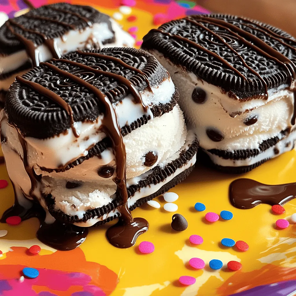 To make Oreo ice cream sandwiches, you need just a few key items. Here’s what you need: - 24 Oreo cookies - 2 cups vanilla ice cream (softened) - 1/2 cup mini chocolate chips These ingredients create the perfect mix of crunchy and creamy. The Oreo cookies give a sweet crunch, while the vanilla ice cream adds smoothness. You can add a few fun extras to make your sandwiches even better. Here are some options: - 1/2 cup chopped nuts (optional) - Chocolate syrup (for drizzling) Adding nuts gives a nice crunch. Drizzling chocolate syrup makes each bite even more delicious. You don't need fancy tools to make these treats. Here’s what you will need: - Mixing bowl - Spoon or spatula - Plastic wrap or parchment paper - Freezer These items help you mix and freeze your sandwiches easily. Even with simple tools, you can create a fun dessert! Start by taking 12 Oreo cookies. Place them on a flat surface, cream side up. This will be the bottom of your ice cream sandwich. Make sure they sit close together. You want to keep things neat and tidy. Next, grab a mixing bowl. Add the softened vanilla ice cream. Toss in the mini chocolate chips and chopped nuts if you like. Stir all the ingredients together well. You want a nice mix that is creamy and fun. This filling is where the magic happens! Now for the fun part! Take a scoop of ice cream filling. Aim for about 2 tablespoons. Place it on top of an Oreo cookie. Then, gently press another Oreo cookie, cream side down, on top of the ice cream. Keep doing this until you have 12 sandwiches. Wrap each one in plastic wrap or parchment paper. Put them in the freezer. Let them freeze for at least 2 hours. This will make the ice cream nice and firm. When you are ready to eat, unwrap them, drizzle with chocolate syrup, and enjoy! To build the best Oreo ice cream sandwiches, start with the right tools. Use a flat surface. This keeps everything steady. Place 12 Oreo cookies down with the cream side up. This allows the ice cream to stick. Scoop about 2 tablespoons of ice cream mix onto each cookie. Don't be shy with the amount! When you press the second cookie down, do it gently. This helps keep the ice cream from spilling out. The best ice cream for these sandwiches is soft but not too runny. Let the ice cream sit at room temperature for about 10 minutes before mixing. This makes it easier to blend with the chocolate chips and nuts. If the ice cream is too hard, your sandwiches will be tough to bite into. If it's too soft, the sandwiches will fall apart. Find that perfect balance! Presentation makes your treat even more fun! Use a colorful plate or a nice slate. You can drizzle chocolate syrup over the sandwiches for a tasty touch. For extra flair, add sprinkles or mini chocolate chips around the sandwiches. This adds color and texture. Remember, the first bite is all about the look! Enjoy your delicious creations! {{image_2}} You can switch up the flavor of your Oreo ice cream sandwiches easily. Try adding mint extract to your ice cream for a mint-chocolate twist. If you love peanut butter, mix in creamy peanut butter with the ice cream. This gives a rich and nutty taste. You can also use different ice cream flavors like cookies and cream or coffee. The options are endless. Just think about your favorite flavors and go for it! If you want to change some ingredients, it’s simple. Use gluten-free Oreo cookies if you need a gluten-free option. You can swap vanilla ice cream for dairy-free ice cream made from coconut or almond milk. You can also use yogurt instead of ice cream for a lighter treat. Get creative and think about what you have at home. It’s all about making it work for you! Oreo cookies are classic, but you can try other cookies too. Use chocolate chip cookies for a chewy twist. Or, go for graham crackers for a fun s'mores flavor. You can even use homemade cookies if you prefer. Just remember to keep the size similar. This way, your sandwiches will hold together nicely. Mixing and matching cookie types keeps things fun! To keep your Oreo ice cream sandwiches fresh, wrap each one in plastic wrap. This helps keep the ice cream from getting freezer burn. You can also use parchment paper if you prefer. Place the wrapped sandwiches in an airtight container. This is key for keeping them safe and tasty. Make sure your ice cream is soft but not melted when you fill the cookies. This helps you scoop it out easily. After you make the sandwiches, freeze them right away. Set your freezer to a low temperature for the best results. It’s best to freeze them for at least two hours or until the ice cream is firm. This way, they hold their shape when served. Oreo ice cream sandwiches can last about two weeks in the freezer if stored well. After that, they may lose some taste and texture. When you’re ready to serve, take them out and let them sit for a few minutes. This makes them easier to bite into. Drizzle with chocolate syrup to make them even more delicious! You can make Oreo Ice Cream Sandwiches at home easily. Start with Oreo cookies and vanilla ice cream. First, lay 12 Oreo cookies on a flat surface, cream side up. Next, mix 2 cups of softened vanilla ice cream with 1/2 cup of mini chocolate chips. If you want, add 1/2 cup of chopped nuts too. Scoop about 2 tablespoons of this mixture onto each cookie. Then, press another Oreo on top, cream side down. Wrap each sandwich and freeze them for at least 2 hours. For the full recipe, refer to the earlier section. Yes, you can buy Oreo Ice Cream Sandwiches at many grocery stores. Brands often sell these treats in the frozen aisle. They are perfect for quick snacks. However, homemade versions taste fresher and let you customize flavors. You can adjust the ice cream type or add fun toppings. Some common mistakes include using hard ice cream. Always let the ice cream soften before mixing. Another mistake is overfilling with ice cream. Stick to about 2 tablespoons per sandwich. It helps keep the sandwich neat. Lastly, don't forget to wrap them tightly before freezing. This keeps them fresh and avoids freezer burn. Making Oreo ice cream sandwiches is fun and easy. You learned about essential ingredients and helpful tips. I walked you through the steps to prepare the perfect treat. Don’t forget awesome flavor variations to try. Store them correctly for the best results. Enjoy your homemade creations with family and friends. With simple steps, you can impress everyone. Your key to success is practice and creativity. Now, go make those sandwiches and delight in every bite!