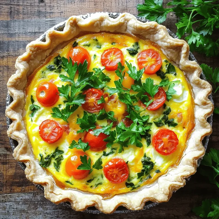To make the perfect BLT quiche, gather these key ingredients: - 1 pre-made 9-inch pie crust - 6 large eggs - 1 cup whole milk - 1 cup cooked turkey bacon, chopped - 1 cup cherry tomatoes, halved - 1 cup fresh spinach, chopped - 1 cup shredded cheddar cheese - 1 teaspoon garlic powder - 1 teaspoon onion powder - Salt and pepper to taste - Fresh parsley for garnish (optional) These ingredients bring together the classic flavors of a BLT. Each adds a layer of taste and texture. The eggs and milk create a rich, creamy base. The turkey bacon adds a savory crunch, while tomatoes and spinach offer freshness. You can customize your quiche with these optional ingredients: - Crumbled feta cheese for a tangy twist - Diced bell peppers for added sweetness - Chopped green onions for extra flavor - Hot sauce for a spicy kick Feel free to mix and match these options. They let you create a unique quiche suited to your taste. Choosing fresh ingredients is key to a great quiche. Here are some tips: - Eggs: Pick large eggs with bright, unbroken shells. - Milk: Use whole milk for a creamy texture. Check the expiration date to ensure freshness. - Bacon: Choose high-quality turkey bacon. Look for brands with minimal additives. - Vegetables: Select firm, vibrant tomatoes and fresh spinach. Avoid wilted or discolored leaves. Fresh ingredients make all the difference in taste. For the full recipe, check out the detailed steps to create your BLT quiche masterpiece! To start, preheat your oven to 375°F (190°C). Next, take your pre-made pie crust. Fit it into a 9-inch pie dish. Press the crust down gently to ensure it covers the dish evenly. This step is key for a crisp base. If you want, you can poke a few holes in the bottom with a fork. This helps steam escape while baking. Set your crust aside while you mix the filling. In a large mixing bowl, crack six large eggs. Add one cup of whole milk to the bowl. Whisk them together until they are well mixed. This will create a nice, smooth base. Now, add one teaspoon each of garlic powder and onion powder. Sprinkle in some salt and pepper to taste. Mix well. Next, fold in one cup of cooked turkey bacon, chopped into pieces. Then, add one cup of halved cherry tomatoes and one cup of chopped spinach. Finally, stir in one cup of shredded cheddar cheese. Make sure all the ingredients are combined evenly. This mixture will add great flavor to your quiche. Now, it’s time to assemble your quiche. Pour the egg mixture into the prepared pie crust. Spread it out evenly so every slice has the same delicious filling. Place the pie dish in the preheated oven. Bake for about 35 to 40 minutes. You will know it's ready when the quiche is puffed and a toothpick comes out clean from the center. Once done, take it out and let it cool for 10 minutes. This cooling time helps set the filling. Optionally, you can garnish your quiche with fresh parsley before serving. Enjoy your savory BLT quiche! For the complete recipe, check out the [Full Recipe]. To get the best crust, bake the pie crust first. This helps to keep it crispy. Pre-bake it for about 10 minutes before adding your filling. This step gives you a golden crust. Use pie weights or dried beans to hold the crust down while it bakes. This will keep it from puffing up. Fluffy quiche starts with eggs and milk. Use large eggs and whole milk for the best results. Whisk them well until they are fully combined. This adds air to the mix, which helps it rise. Do not skip the resting time after baking. Let the quiche cool for 10 minutes. This helps it set and stay fluffy when you slice it. Want to spice things up? Add some herbs like basil or thyme. Fresh herbs can make a big difference. You can also add more cheese for a richer taste, like feta or goat cheese. For a kick, sprinkle in some red pepper flakes. Mixing in other veggies like bell peppers or onions can add color and taste. These simple tweaks can take your BLT quiche from good to great! For the complete recipe, check out the Full Recipe section. {{image_2}} You can easily make a vegetarian version of BLT quiche. Swap turkey bacon for cooked mushrooms or smoked tempeh. Use firm tofu for added protein. Replace bacon flavors with smoked paprika for a tasty twist. For greens, try kale or arugula instead of spinach. This keeps the dish fresh and exciting. You can mix and match meats and cheeses in your quiche. Instead of turkey bacon, use regular bacon or ham. Each meat brings its own flavor. For cheese, try mozzarella, feta, or pepper jack. Each cheese adds a unique taste and texture. Experiment to find your favorite combo! If you need a gluten-free pie crust, there are great options. Look for store-bought gluten-free crusts, or make your own using almond flour. Cauliflower crust is another fun choice. Just make sure to check the package for any hidden gluten. This way, everyone can enjoy a slice of this savory delight! After you bake your BLT quiche, let it cool for about 10 minutes. This cooling time helps set the filling. Once cooled, you can slice the quiche into pieces. Place the slices in an airtight container. If you have a whole quiche, cover it tightly with plastic wrap or foil. Store it in the fridge. The quiche will stay fresh for about three to four days. To reheat your quiche, preheat the oven to 350°F (175°C). Place the quiche slices on a baking sheet. Cover them with foil to keep moisture in. Heat for about 15 to 20 minutes, or until warmed through. You can also use a microwave. Just place a slice on a microwave-safe plate and heat for about one to two minutes. Check if it's hot enough before eating. If you want to freeze your quiche, do it before you bake it. Prepare the quiche as usual, but do not bake it. Cover it tightly with plastic wrap and then foil. This will help prevent freezer burn. When you are ready to bake, remove the wrap and foil. Bake it straight from the freezer at 375°F (190°C) for about 50 to 60 minutes. You can also freeze baked quiche. Just let it cool completely before wrapping it. It stays good in the freezer for up to three months. To make BLT quiche from scratch, start with a pie crust. You can make your own or use a store-bought one. Next, mix six large eggs and one cup of whole milk in a bowl. Add garlic powder, onion powder, salt, and pepper to this mix. Then, fold in turkey bacon, cherry tomatoes, spinach, and cheddar cheese. Pour this mixture into the pie crust. Bake it at 375°F for 35-40 minutes. The quiche is ready when it is puffed and firm in the center. Let it cool before slicing. For a full recipe, check the detailed instructions above. Yes, you can use other types of bacon in this quiche. Regular bacon, pancetta, or even vegan bacon works well. Each type adds a different flavor. Turkey bacon is a leaner choice, while regular bacon gives a rich taste. Choose what you like best or what you have on hand. The key is to cook the bacon first before adding it to the quiche. BLT quiche can last for about three to four days in the fridge. Make sure to store it in an airtight container. This keeps it fresh and tasty. You can enjoy it cold or reheat it in the oven or microwave. If you want to keep it longer, consider freezing it. Just remember to wrap it tightly before freezing. This blog post covered how to make a tasty BLT quiche. We discussed the key ingredients and optional add-ins, plus tips for choosing fresh items. I shared easy steps to prepare the crust and mix the egg filling. You learned ways to achieve the best texture and flavor. I also explored tasty variations and smart storage methods. Now, enjoy making this dish your own! Quiche is versatile, and it can fit your taste. Happy cooking!