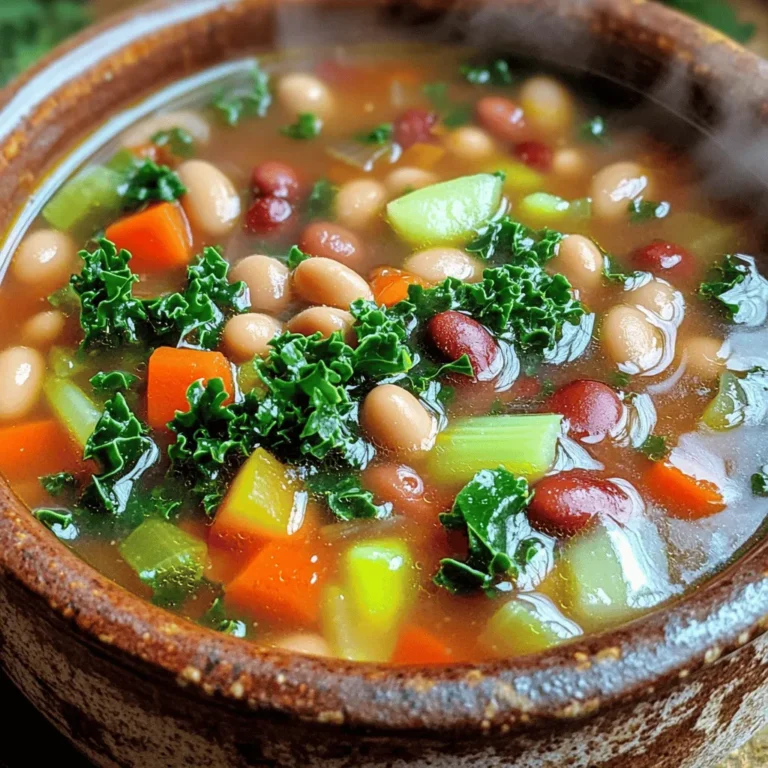 - Mixed beans - Vegetable broth - Diced tomatoes - Chopped kale or spinach - Diced carrots - Diced celery - Garlic powder - Onion powder - Smoked paprika - Olive oil - Fresh herbs - Salt and pepper Proper measurements matter in cooking. They help achieve the right taste and texture. Too much or too little of an ingredient can change the soup's flavor. For this recipe, use measuring cups and spoons. This will ensure you have the right amounts of each ingredient. Using fresh ingredients can enhance the soup's flavor. Fresh veggies add crunch and vibrancy. They also offer more nutrients. However, canned ingredients can save time and effort. Canned beans are convenient and ready to use. Choose canned tomatoes when fresh ones are not in season. Always rinse canned beans to reduce sodium. This way, you can balance flavor while keeping it healthy. - Heating the olive oil Start by heating 2 tablespoons of olive oil in a medium saucepan over medium heat. This step helps enhance the flavors of the soup. - Sautéing vegetables Next, add 1/2 cup of diced carrots and 1/2 cup of diced celery. Sauté these for about 3 minutes. You want them to soften a bit. Stir the vegetables often to prevent them from burning. - Adding beans and liquids Now, it’s time to add the star ingredients. Stir in 1 can of mixed beans, drained and rinsed. Then pour in 1 cup of vegetable broth and 1 cup of diced tomatoes. Add 1 teaspoon of garlic powder, 1 teaspoon of onion powder, and 1 teaspoon of smoked paprika for that deep flavor. Season with salt and pepper to taste. - Simmering the mixture Bring the mixture to a gentle simmer. Let it cook for about 5 minutes. This cooking time helps the flavors mix well. - Adding greens After simmering, add 1 cup of chopped kale or spinach. Stir it in just before serving. Cook for another minute until it wilts. This adds color and nutrition to your soup. - Adjusting seasoning Remove the pot from heat and taste the soup. Adjust the seasoning if needed. You can add more salt, pepper, or spices to enhance the flavor. This quick and flavorful Minute Hearty Bean Soup is a great way to enjoy a healthy meal. For the full recipe, check out the provided details. To make your Minute Hearty Bean Soup taste great, focus on seasoning. Use salt and pepper to bring out the flavors in your soup. Don’t be shy with the spices! Add garlic powder and onion powder for depth. Smoked paprika adds a nice, smoky touch. Fresh herbs like parsley or cilantro brighten the dish. Remember to taste as you go. Adjust the seasoning to your liking. Time is precious, so use tools that help speed up cooking. A good knife makes chopping fast and easy. A medium saucepan heats quickly, perfect for this soup. To save time, use canned mixed beans. They are ready to eat, and you only need to warm them up. If you want to speed up the process even more, you can use pre-chopped veggies. Pair your soup with crusty bread for a filling meal. Top it with avocado or cheese for added flavor. You can also serve it with a dollop of sour cream or yogurt. For a fun twist, try adding tortilla chips on top for crunch. This soup is versatile, so feel free to get creative with your toppings! If you want the full recipe, check out [Full Recipe]. {{image_2}} You can change the beans for more variety. Try using pinto beans or navy beans. Each gives a different taste and texture. You can also mix in lentils for added fiber. Adding more vegetables boosts nutrients. Consider using bell peppers, zucchini, or corn. They add color and crunch. You can even toss in some sweet potatoes for a sweeter flavor. Want a kick? Add diced jalapeños or a dash of hot sauce. This makes the soup spicy and fun. You can also experiment with cayenne pepper for heat. If you prefer a creamy soup, blend part of the soup. Use a hand blender to mix until smooth. This creates a rich texture. You can also stir in coconut milk for a tropical twist. For vegan options, skip the chicken broth. Use vegetable broth, which is already in the recipe. It keeps the soup hearty and plant-based. If you're watching sodium, use low-sodium broth. This helps control salt intake without losing flavor. You can also skip the added salt. Taste the soup first to see if you need it. You can store Minute Hearty Bean Soup in the fridge. Use an airtight container. The soup lasts about 3 to 4 days. To keep it fresh, let it cool first. This helps avoid condensation inside the container. When ready to eat, just reheat on the stove or in the microwave. Freezing is a great way to save your soup. Pour the cooled soup into freezer-safe bags or containers. Leave some space at the top, as the soup expands when frozen. It will last for about 2 to 3 months in the freezer. When you're ready to enjoy it, thaw in the fridge overnight. Reheat on low heat to warm it through. Stir often to keep it smooth. Leftovers from this soup can spark new meals. You can turn it into a stew by adding more veggies or grains. It also works well as a base for chili. Try mixing in some cooked quinoa or rice for a heartier dish. Use the soup as a sauce over pasta or grain bowls. With a little creativity, your leftovers can become something fresh and exciting. Minute Hearty Bean Soup lasts about 3 to 5 days in the fridge. Store it in a sealed container. You can also freeze it for up to three months. Just let it cool before you freeze. When you want to eat it, thaw it in the fridge overnight. Yes, you can make this soup in a slow cooker! Just follow these steps: - Sauté your carrots and celery in a pan first. - Add all the ingredients to the slow cooker. - Cook on low for about 4 to 6 hours. This method deepens the flavor and gives you a warm meal! To boost protein, add cooked chicken, turkey, or tofu. You can also mix in some quinoa or lentils. These choices will keep your soup hearty and filling. If you want a vegetarian option, add nuts or seeds for a crunchy twist. For the complete cooking process, check out the Full Recipe. This blog shared a tasty bean soup recipe with useful tips. You learned about ingredients, measurements, and how to prepare the dish. Remember to choose fresh ingredients when possible, but canned options work too. The storage tips will help keep it fresh for later. I hope you try different variations to make this soup your own. Enjoy making a warm bowl full of flavor!