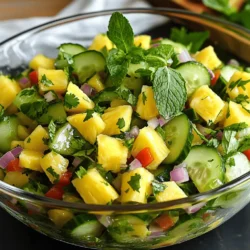 - Ripe pineapple - Large cucumbers - Red bell pepper - Red onion - Fresh mint leaves - Fresh cilantro - Lime juice - Honey - Salt and pepper To make the best pineapple cucumber salad, start with the pineapple. A ripe pineapple is sweet and juicy. Look for one with a sweet smell at the base. The color should be golden, and it should feel slightly soft when pressed. Next, choose large cucumbers. A fresh cucumber should feel firm and smooth. Avoid cucumbers with soft spots or wrinkles. They add a nice crunch to the salad. Fresh herbs are key to flavor in this dish. Use mint and cilantro that are bright and fragrant. They will brighten up the salad and enhance its taste. Always chop them just before using for maximum flavor. For the full recipe, check out the Pineapple Cucumber Chill Salad 🥒. Enjoy the process of preparing this simple and refreshing dish! 1. Start by combining the diced pineapple and cucumbers in a large bowl. 2. Next, add the finely chopped red bell pepper and red onion. 3. Toss in the chopped mint and cilantro for a fresh taste. 4. In a small bowl, whisk together lime juice and honey until mixed well. 5. Pour the lime mixture over the salad. Gently toss everything to coat well. 6. Season with salt and pepper to fit your taste. 7. Cover the bowl with plastic wrap. Chill in the fridge for at least 30 minutes. The total preparation time is about 15 minutes. Chilling the salad is key. This time allows the flavors to blend. The cold salad feels refreshing, especially on warm days. Use an elegant glass bowl to serve the salad. This helps show off its vibrant colors. For a finishing touch, garnish with extra mint leaves. This adds a nice pop of green and freshness to your dish. Feel free to enjoy this Pineapple Cucumber Salad as a side. It pairs well with grilled meats or fish. For the full recipe, check out the Pineapple Cucumber Chill Salad 🥒 section. You can adjust the sweetness of your salad with honey. Just add a tablespoon to the lime juice mix. This small change can make your dish taste even better. If you want a zesty kick, try using different citrus juices. Lemon or orange juice can add unique flavors. Experiment with these options to find your favorite. Serving your salad in glassware can make it stand out. The bright colors of the pineapple and cucumbers look great in clear bowls. You can also use standard bowls, but glass adds a special touch. For garnishes, consider adding extra mint leaves on top. This adds freshness and makes the dish more inviting. You might also sprinkle some toasted nuts for added crunch and flair. Prepping ingredients ahead of time can save you stress. Chop the pineapple and cucumbers a few hours before serving. Just keep them in the fridge until you are ready. Storing leftovers is easy too. Place any extra salad in an airtight container. This helps keep everything fresh for the next day. Enjoy your Pineapple Cucumber Salad all over again! For the full recipe, check [Full Recipe]. {{image_2}} You can make your pineapple cucumber salad more filling by adding proteins. Grilled chicken or shrimp works great. Just grill them until they are cooked through, then slice and mix them in. This adds a nice texture and flavor to the dish. If you want a vegan option, try using chickpeas or tofu. Both add protein and will soak up the dressing well. Just make sure to press the tofu to remove extra water before adding it to your salad. While lime juice makes a tasty dressing, you can try other options too. A simple vinaigrette with olive oil and vinegar is fresh and bright. You can also mix in a little soy sauce for a savory twist. If you like heat, add a splash of hot sauce or a pinch of chili flakes. This adds a spicy kick that pairs well with the sweet pineapple. Just be careful not to overdo it; you want to keep the balance of flavors. You can switch up the fruits in your salad based on what’s in season. Mango, for example, pairs beautifully with pineapple. Its sweetness adds a new layer to the dish. Berries, like strawberries or blueberries, can also add a pop of color and flavor. If fresh pineapple isn’t available, try canned pineapple in juice. Just be sure to drain it well. Mixing fruits can make your salad more exciting and fun to eat. For a full recipe, check out the Pineapple Cucumber Chill Salad. To keep your pineapple cucumber salad fresh, always store it in the fridge. Use a clean, airtight container. This will help keep moisture out and flavors in. If you used a bowl, cover it tightly with plastic wrap. This simple step helps the salad stay crisp and tasty. Pineapple cucumber salad is best enjoyed within three days. After that, the flavors may fade. Look for signs that the salad has gone bad. If you see any brown spots or a slimy texture, it’s time to toss it out. A fresh salad is always the best choice. Freezing this salad is not recommended. The texture of cucumbers and pineapple changes when frozen. Instead, use leftovers in other dishes. You can add it to tacos, or serve it on grilled chicken. This way, you enjoy the flavors without waste. For more ideas, check out the Full Recipe! I love serving Pineapple Cucumber Salad chilled. The cold salad tastes refreshing on hot days. You can also serve it at room temperature if you prefer. Pair it with grilled chicken or fish for a tasty meal. It also goes well with tacos or as a light side dish. This salad adds color and flavor to any table. Yes, you can make this salad ahead of time. I recommend chilling it for at least 30 minutes before serving. This time allows the flavors to mix well. To prepare ahead, chop all ingredients and store them in the fridge. Mix them together just before serving. This keeps the cucumbers crunchy and fresh. Pineapple Cucumber Salad is very healthy! Pineapple provides vitamin C, while cucumbers are hydrating. This salad is low in calories, making it great for any diet. One serving has about 100 calories, depending on the ingredients you use. The fresh herbs add flavor without extra calories. Enjoy this salad guilt-free! This blog post covered all you need to make a Pineapple Cucumber Salad. We explored fresh ingredients, preparation tips, and simple steps to create a flavorful dish. I shared useful tricks for enhancing flavor and making your salad look great. You can even customize it with proteins or different dressings. Remember, fresh ingredients matter for taste and health. Enjoy making this salad as a vibrant side or light meal!