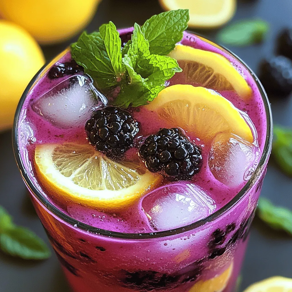 - 1 cup fresh blackberries - 1/2 cup lemon verbena leaves - 2 tablespoons honey or agave syrup - 2 tablespoons fresh lemon juice - 2 cups sparkling water - Ice cubes - Fresh lemon slices and mint leaves for garnish The heart of the Blackberry Lemon Verbena Fizz lies in its fresh ingredients. The blackberries give a sweet and tangy flavor. The lemon verbena leaves add a lovely aroma. Honey or agave syrup provides sweetness, while fresh lemon juice balances the drink. The sparkling water creates a fizzy texture. You can swap honey with maple syrup or simple syrup for sweetness. Fresh lemon verbena is best, but dried works if you can't find fresh. Other berries, like raspberries or blueberries, can also be used in this recipe. Each will change the taste slightly but still create a refreshing drink. 1. Start by mashing the blackberries with a fork. You want them mostly broken down. This helps release their juices. 2. Next, mix in the lemon verbena leaves and your sweetener, like honey or agave syrup. Stir well to combine everything. The sweetener adds a nice touch to the berries. 3. Strain this mixture through a fine mesh sieve into a pitcher. Press down on the solids to get as much liquid as you can. This step ensures a smooth drink without any bits. 1. Now, add the fresh lemon juice to the strained mix. This brightens up the flavor and adds a nice zing. 2. Then, gently stir in the sparkling water. This gives your drink that fizzy kick. Be careful not to stir too hard, as you want to keep the bubbles. 1. Fill your glasses with ice cubes. This keeps your drink cold and refreshing. 2. Finally, pour the fizzy mixture over the ice. For a pretty finish, garnish with fresh lemon slices and a few mint leaves. This adds both flavor and a nice pop of color. For the complete recipe, check out the [Full Recipe]. Enjoy this refreshing drink! How to choose ripe blackberries When picking blackberries, look for ones that are deep purple-black. They should feel plump and slightly soft. Avoid berries that are red or green. These are not ripe yet. Ripe blackberries have the best flavor and sweetness. You can also check for a shiny skin. A dull appearance means they may be overripe. Tips for maximizing flavor from lemon verbena To get the most from lemon verbena, use fresh leaves whenever possible. Gently bruise the leaves by rubbing them between your fingers. This releases oils that boost flavor. You can also steep the leaves in hot water to make a tea. This concentrated flavor adds depth to your drink. Creative garnishing ideas Garnishing your Blackberry Lemon Verbena Fizz makes it more appealing. Use fresh lemon slices and mint leaves. Add a sprig of lemon verbena for a pop of color. You can even freeze blackberries in ice cubes for a fun twist. This keeps your drink cold while looking pretty. Serving in unique glassware Choose fun glassware to serve your drink. Mason jars add a rustic touch. Tall, clear glasses show off the drink’s color. You can also use stemless wine glasses for a modern look. The right glass can make your drink feel special. Nutritional highlights of blackberries and lemon verbena Blackberries are full of vitamins and fiber. They help with digestion and boost your immune system. Lemon verbena has soothing properties. It aids digestion and can reduce stress. Together, these ingredients make a tasty and healthy drink. Hydration benefits of this fizzy drink Staying hydrated is important, especially in warm weather. This fizzy drink is refreshing and hydrating. The sparkling water keeps it light and bubbly. Enjoying this drink helps you stay cool and refreshed throughout the day. {{image_2}} You can switch blackberries with other fruits. Raspberries add a tart kick. Blueberries bring a sweet burst. You can also use seasonal fruits. Fresh strawberries or peaches work great in summer. In winter, try pomegranate seeds. Each fruit adds its unique flavor. Want to make it boozy? You can add gin or vodka. A splash of gin gives a floral note. Vodka keeps the drink light and refreshing. If you want a fun non-alcoholic drink, create a mocktail. Just skip the spirits and enjoy the fizz! To change up the flavor, try adding herbs. Basil or mint pairs well with blackberries. You can also adjust the sweetness. If you like it sweeter, add more honey. For a tangy twist, add extra lemon juice. These small changes make a big difference! For the full recipe, check out the [Full Recipe]. To store leftovers, place the drink in an airtight container. Keep it in the refrigerator. This will help maintain its fizz. For fresh ingredients, store blackberries in the fridge. Use a paper towel to absorb extra moisture. This keeps them fresh for longer. Store lemon verbena in a cool, dry place. You can also wrap it in a damp paper towel and place it in a plastic bag. You cannot freeze blackberry lemon verbena fizz because it relies on carbonation. Freezing will destroy the bubbles. If you want to make larger batches, mix the blackberries and lemon verbena first. Store the mixture in the fridge. When ready to serve, add sparkling water and ice. This way, you keep the fizz fresh. The prepared drink lasts up to two days in the fridge. After that, it may lose flavor and fizz. Watch for signs of spoilage. If you see bubbles disappear, it’s past its prime. Also, check for any off smells or changes in color. If you notice any of these, discard the drink. You can easily turn this drink into a mocktail. Just skip any alcohol. Use the same ingredients listed in the Full Recipe. The sparkling water gives it a nice fizz. You can also add extra lemon juice for a zesty kick. This keeps the drink light and refreshing. Using dried lemon verbena changes the taste. Dried herbs can be stronger. Use less, about a tablespoon, to start. You might miss some fresh flavor, but it still works. Just steep the dried leaves in hot water first. Then, cool it down before mixing with blackberries. You can mix in many fun flavors. Try adding ginger ale for a spicy twist. Or use lemonade for extra tartness. You can also use soda water if you want a lighter drink. Each choice adds a unique taste to your fizz. To sweeten naturally, use ripe fruit like bananas or mangoes. They add sweetness and flavor. You can also try maple syrup or agave nectar. These options blend well with the berries. Lastly, consider using a splash of fruit juice for extra sweetness. This article covers how to make a refreshing Blackberry Lemon Verbena Fizz. You learned about the key ingredients and their substitutes. You now know the steps for preparation and how to serve the drink. We discussed tips for maximizing flavor and presentation, along with health benefits. Finally, we explored variations and storage suggestions. Enjoy experimenting with this drink to suit your taste. Fresh flavors can make any gathering special. Cheers to your next fizzy beverage!